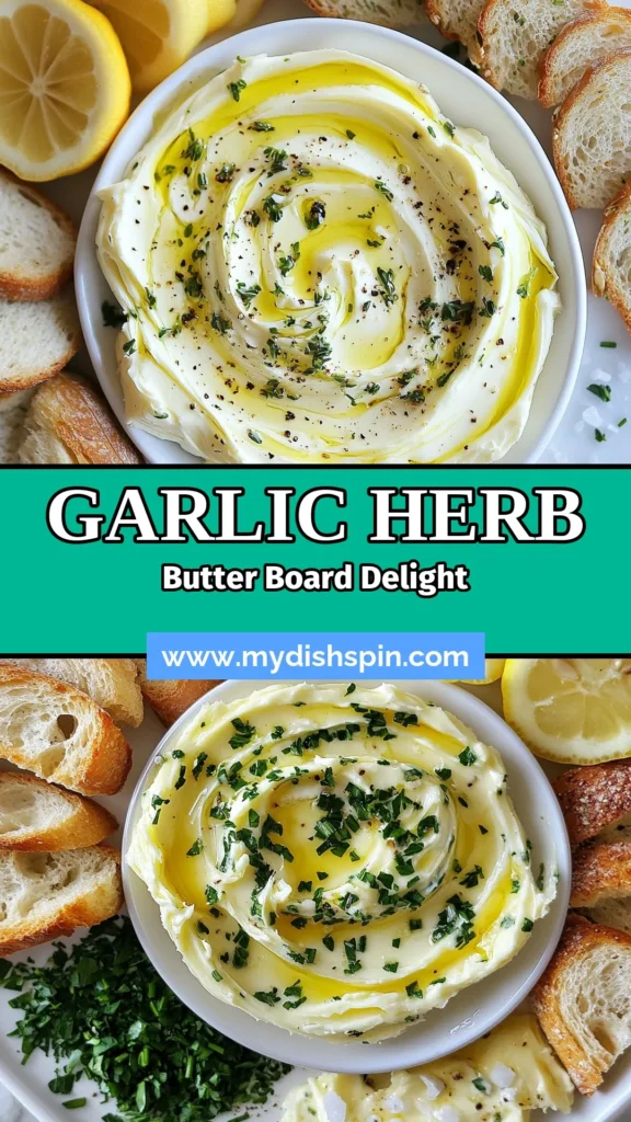Discover the perfect appetizer with this garlic herb butter recipe! This easy butter board recipe combines creamy garlic herb butter dip with fresh herbs for a flavorful and inviting presentation. Perfect for gatherings, this appetizer board idea will impress your guests. Serve with assorted bread for dipping and watch everyone enjoy! Try this garlic butter dip today and elevate your snacking game. Save and share! #garlicherbbutter #appetizerboard #easydip #butterboardrecipe