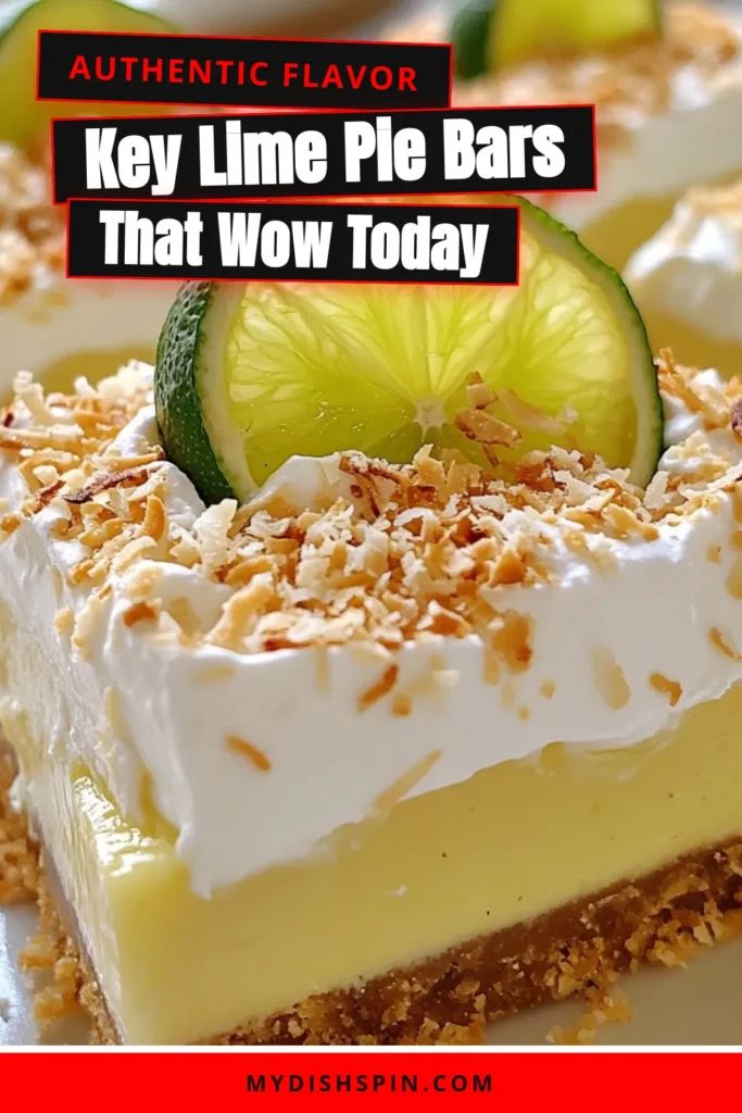 Indulge in these delightful key lime pie bars, the perfect easy key lime dessert for any occasion! This no bake key lime bars recipe combines a crunchy graham cracker and coconut crust with a creamy filling made from fresh key lime juice and sweetened condensed milk. Enjoy these refreshing key lime pie squares at your next gathering or as a simple treat at home. Save this coconut key lime recipe for later! #KeyLimePieBars #EasyDessert #NoBakeDessert #KeyLimeRecipe