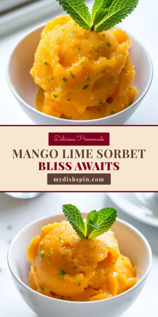 Indulge in a tropical getaway with this easy Mango Lime Sorbet recipe! Made with fresh mangoes, zesty lime juice, and refreshing coconut water, this homemade mango sorbet is the perfect dessert to beat the heat. Enjoy a light and refreshing sorbet dessert that brings delightful flavors to your summer gathering. Don't miss out—try this easy fruit sorbet recipe today! Save and share for a sweet treat! #MangoLimeSorbet #HomemadeSorbet #RefreshingDesserts #TropicalSorbet