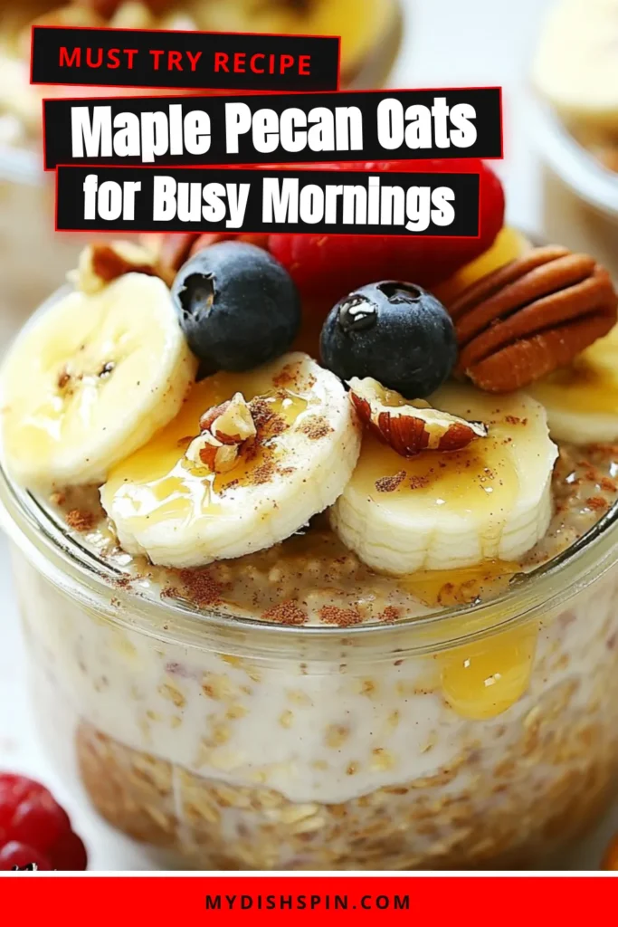 Indulge in the deliciously satisfying Maple Pecan Overnight Oats, an easy overnight oats recipe perfect for a healthy breakfast idea. Made with almond milk and topped with fresh fruit, this no-cook oatmeal recipe is both nutritious and quick to prepare. Just mix, refrigerate overnight, and enjoy a delightful morning treat. Discover how simple breakfast can be! Try this recipe today! #OvernightOats #HealthyBreakfast #OatmealRecipes #MaplePecanOats