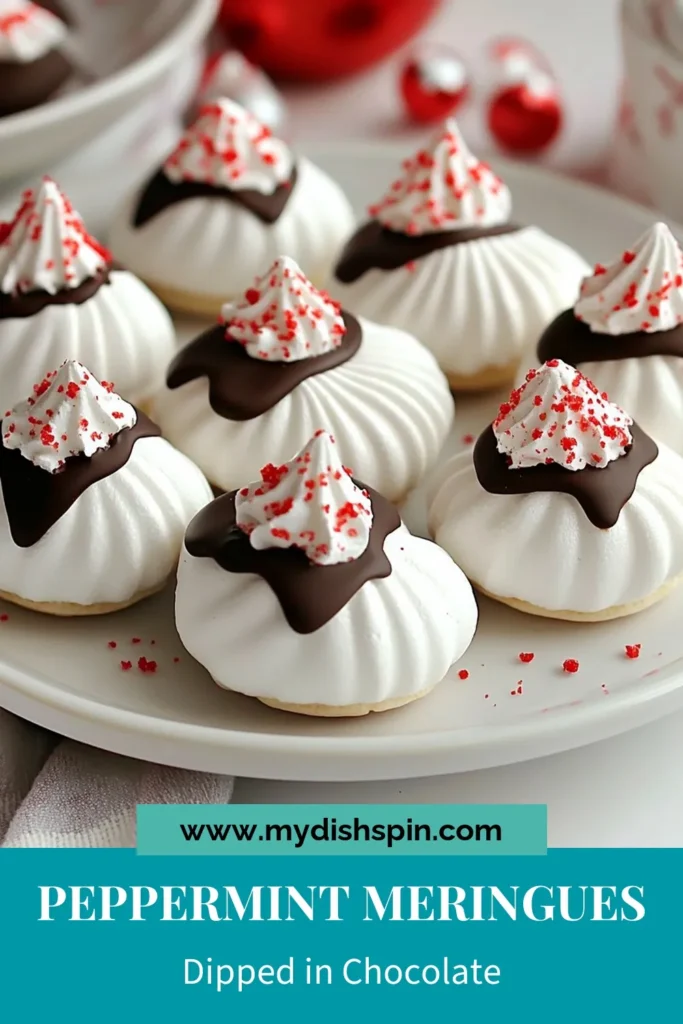 Indulge in the joy of festive baking with these delightful chocolate dipped peppermint meringues! This easy holiday dessert brings together a light, airy peppermint meringue recipe, topped with rich dark chocolate and crushed peppermint candies for a homemade peppermint treat. Perfect for holiday gatherings, these meringues are a sweet way to celebrate the season. Try this simple recipe today and make your festivities even sweeter! #ChocolateDippedMeringues #PeppermintTreats #EasyDesserts #FestiveBaking