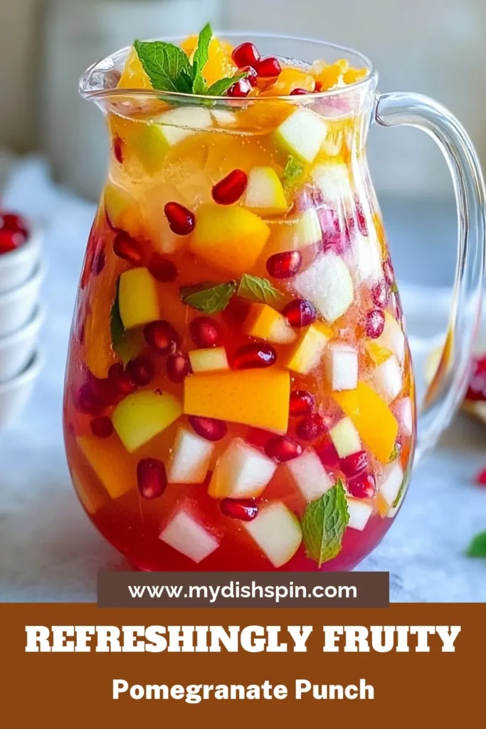 Get ready to impress your guests with this Sparkling Pomegranate Punch! This refreshing fruit punch recipe is perfect for any occasion, especially as a non-alcoholic party drink. Bursting with the delightful flavors of pomegranate, orange, and lemon juices, it’s a standout among easy holiday punch recipes. Serve it with fresh fruit and garnish with mint for a stunning pomegranate cocktail. Save and try this delicious punch today! #SparklingPomegranatePunch #FruitPunchRecipes #NonAlcoholicDrinks #HolidayPunch
