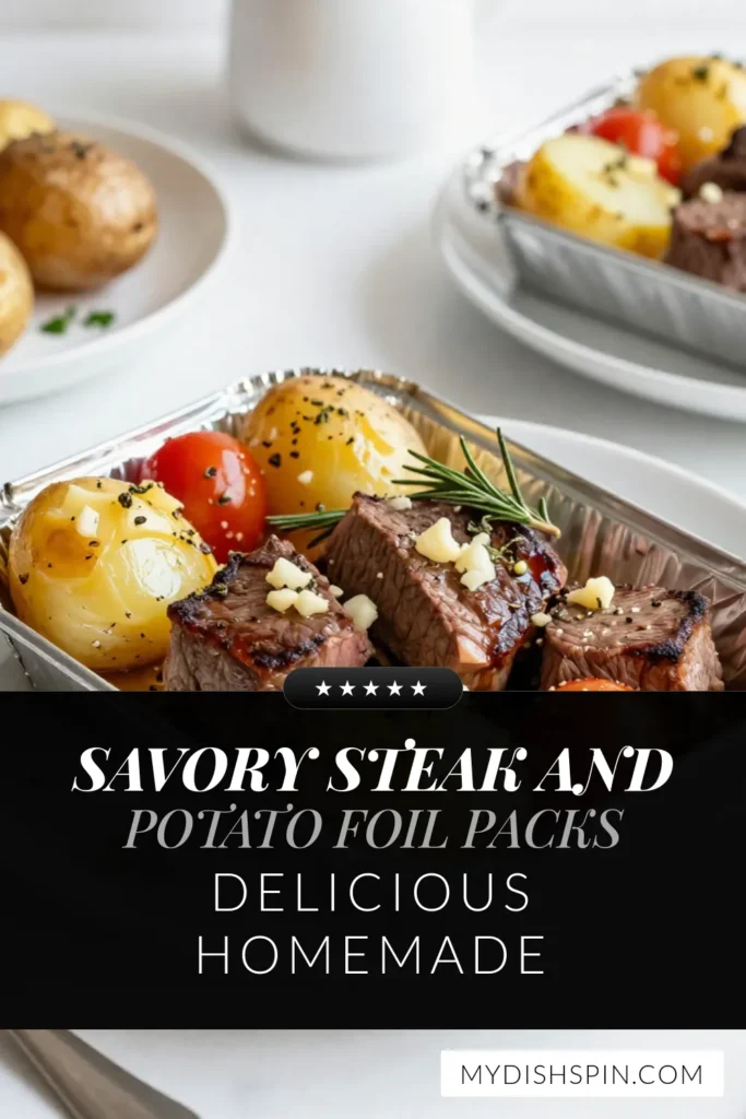 Savor the deliciousness of Garlic Butter Steak Foil Packs! This easy steak dinner recipe features tender sirloin steak and flavorful baby potatoes, all cooked to perfection in oven baked foil packs. Perfect for busy weeknights or impressing guests, these grilled steak potatoes packs are a must-try! Get ready to delight your taste buds and simplify your cooking. Save this recipe now for your next meal! #SteakDinner #EasyCooking #DinnerInFoil #FoilPackRecipes