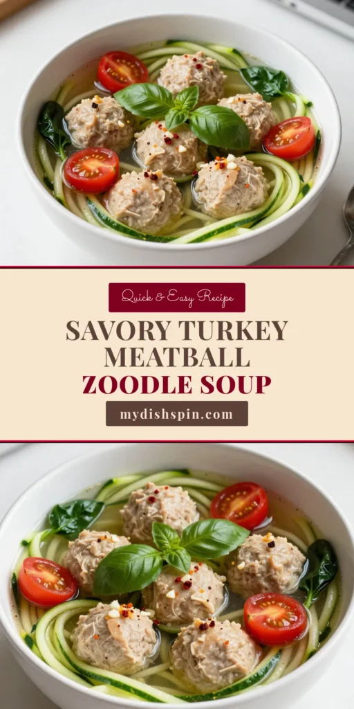 Warm up with this delicious Turkey Meatball Zoodle Soup that’s a perfect low-carb meal! This healthy turkey soup combines juicy turkey meatballs with spiralized zucchini for a satisfying zoodle soup recipe. Ready in just 30 minutes, it's ideal for quick weeknight dinners. Enjoy a comforting bowl that’s packed with flavor and nutrients. Save this healthy recipe today! #TurkeyMeatballSoup #HealthyTurkeySoup #LowCarbMeatballSoup #SpiralizedZucchiniRecipes