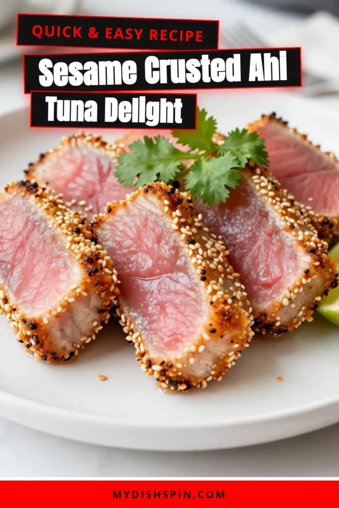 Discover the deliciousness of Sesame Crusted Ahi Tuna with this easy Ahi tuna recipe! This quick tuna steak cooking method features a flavorful sesame seed topping that elevates your dinner experience. Perfectly seared, these Ahi tuna steaks are a stunning dish for any occasion. Ready in just 25 minutes, this recipe is both tasty and simple. Try it tonight and impress your guests! Save this recipe for later! #AhiTunaRecipe #EasyAhiTuna #QuickTunaSteakCooking #SesameCrustedAhiTuna