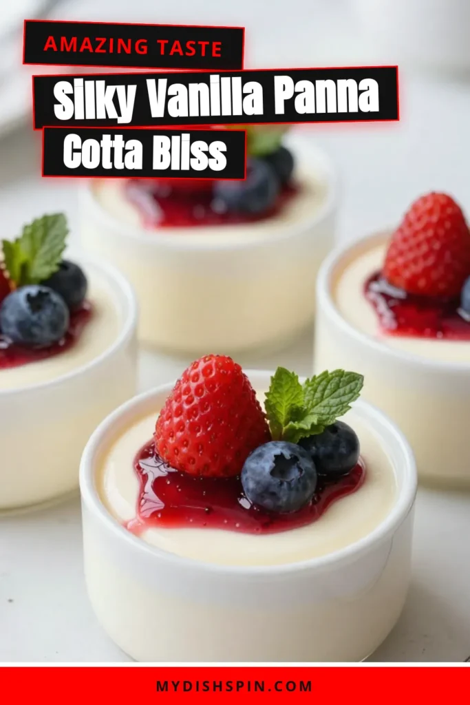 Indulge in the creamy delight of this Vanilla Bean Panna Cotta with Berry Sauce! This easy panna cotta dessert features rich flavors from vanilla bean and a delectable berry sauce, making it the perfect finish to any meal. Impress your guests with this elegant vanilla panna cotta with berries that's simple to make. Get the full berry sauce recipe and start your dessert adventure today! #PannaCotta #BerryDessert #VanillaBean #DessertRecipe