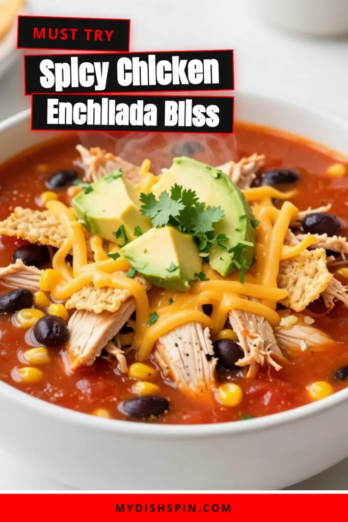 Warm up with this delicious spicy chicken enchilada soup! Perfectly blending flavors, this easy chicken soup recipe features tender chicken, black beans, and a kick of chili powder. Ready in just 45 minutes, it's a healthy spicy soup the whole family will love. Try this quick soup recipe tonight and enjoy a bowl of comfort! Click to get the full recipe now! #ChickenEnchiladaSoup #EasySoupRecipes #HealthyEating #SoupSeason