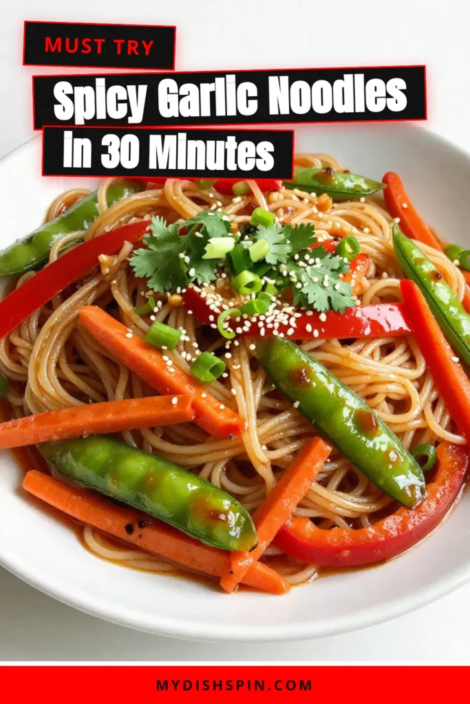 Savor the flavors of this Spicy Garlic Noodle Stir Fry, an easy noodle recipe ready in just 30 minutes! This rice noodle stir fry features garlic, vibrant vegetables like bell peppers and snap peas, and a kick of chili paste, making it the perfect quick Asian dinner. Enjoy a delicious and nutritious meal that's perfect for busy nights! Save this recipe for a spicy, satisfying dinner tonight! #SpicyGarlicNoodles #EasyNoodleRecipe #RiceNoodleStirFry #QuickAsianDinner