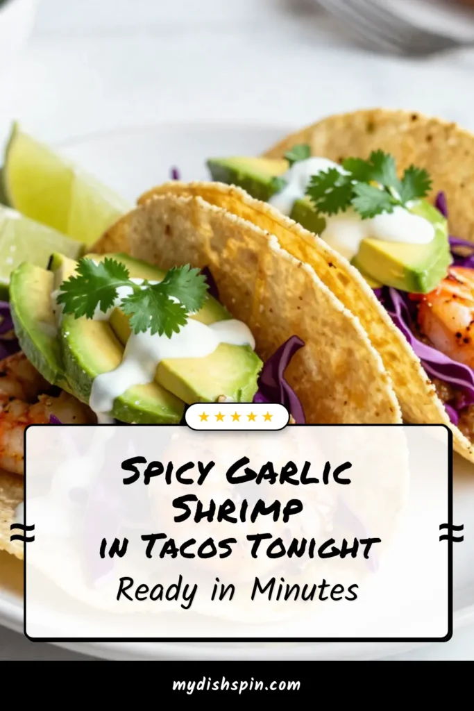 Discover the ultimate Spicy Garlic Shrimp Tacos recipe that combines delicious garlic shrimp with vibrant toppings! This easy taco recipe features juicy shrimp seasoned with red pepper flakes and smoked paprika, served in warm corn tortilla tacos. Elevate your meal with colorful shrimp taco toppings like purple cabbage and avocado. Perfect for a quick dinner or taco night! Try the recipe and save your new favorite dish! #SpicyShrimpTacos #GarlicShrimpRecipe #EasyTacoRecipe #CornTortillaTacos