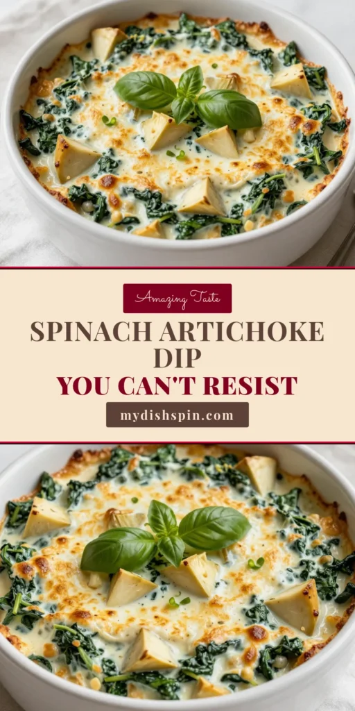 Discover this delicious spinach artichoke dip recipe that’s perfect for any gathering! This creamy spinach dip combines fresh spinach, artichoke hearts, and a blend of cheeses for an irresistible baked spinach artichoke dip. Easy to make, it’s the ultimate party dip recipe that will impress your guests. Serve warm with pita chips or veggies. Try it today and enjoy the cheesy delight! Save this for your next easy dip appetizer! #SpinachArtichokeDip #PartyDipRecipe #CreamySpinachDip #BakedSpinachArtichokeDip