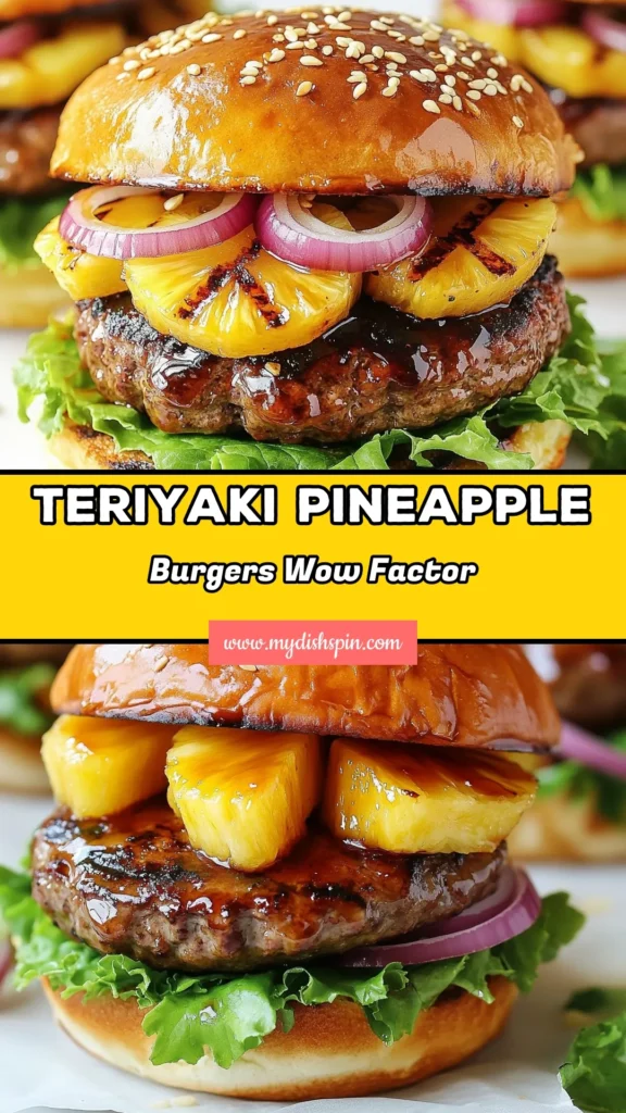 Savor the taste of summer with these grilled pineapple teriyaki burgers! This teriyaki burger recipe combines juicy beef or turkey patties with sweet, caramelized grilled pineapple, making it a standout among easy burger recipes. Perfect for BBQ gatherings, these grilled pineapple burgers are sure to impress. Get ready to elevate your burger game—try it today and let your taste buds dance! #GrilledPineappleTeriyakiBurgers #TeriyakiBurgerRecipe #EasyBurgerRecipes #BBQBurgerIdeas