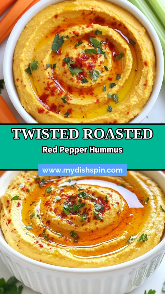 Discover the ultimate Roasted Red Pepper Hummus recipe that's perfect for any occasion! This easy vegan hummus recipe combines chickpeas with roasted red pepper for a delicious twist on traditional chickpea hummus. Made with homemade hummus with tahini, it's simple to whip up and adds a spicy kick with red pepper flakes. Perfect as a spicy roasted pepper dip or a healthy snack. Try it today, and save for later! #RoastedRedPepperHummus #VeganRecipes #HealthySnacks #HummusLovers