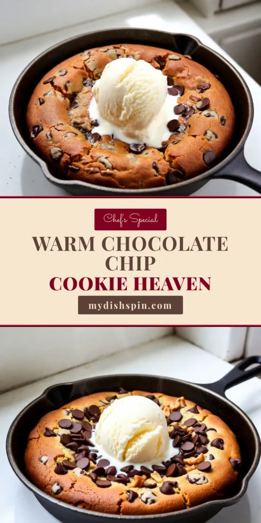 Indulge in this mouthwatering chocolate chip cookie skillet, a perfect baked cookie dessert for any occasion! This easy chocolate chip cookie recipe combines gooey chocolate chips with a warm, soft center. Serve it warm with a scoop of vanilla ice cream for an irresistible treat. Save this skillet cookie recipe for your next gathering and impress your guests! #ChocolateChipCookieSkillet #SkilletCookie #BakedCookieDessert #EasyDessert