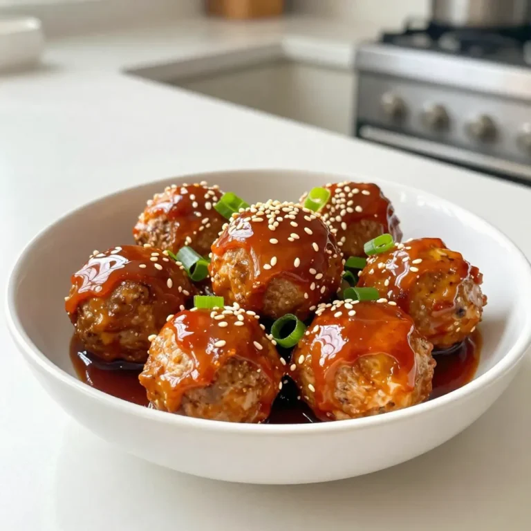 To make these tasty meatballs, you will need: - 1 lb ground turkey or chicken - 1/2 cup breadcrumbs - 1/4 cup green onions, finely chopped - 1/4 cup fresh cilantro, chopped - 1 egg, beaten - 1 teaspoon garlic powder - 1 teaspoon ginger powder - Salt and pepper to taste - 1 cup pineapple juice - 1/4 cup low-sodium soy sauce - 1/4 cup brown sugar - 1 tablespoon cornstarch (optional, for thickening) - 1 tablespoon sesame seeds (for garnish) Each ingredient plays a key role. The ground turkey or chicken gives the meatballs their base. Breadcrumbs add texture, while green onions and cilantro bring freshness. The egg binds everything together. Garlic and ginger powders add that warm, savory punch. Pineapple juice, soy sauce, and brown sugar create the sweet and tangy teriyaki sauce, which is the star of the dish. You can customize your meatballs. For added flavor, try: - Chopped bell peppers for crunch - Crushed red pepper flakes for heat - Pineapple chunks for sweetness These extras can change the taste and texture of your meatballs. Feel free to mix and match based on what you enjoy. To make this dish, gather these tools: - A large mixing bowl - A baking sheet lined with parchment paper - A saucepan for the teriyaki sauce - A whisk for mixing Having the right tools makes cooking easier. It helps you stay organized and efficient in the kitchen. {{ingredient_image_1}} First, gather your ingredients. You need ground turkey or chicken, breadcrumbs, green onions, cilantro, and an egg. Add garlic powder, ginger powder, salt, and pepper. In a bowl, mix all these items together. Use your hands for the best results. Form the mixture into 1-inch meatballs. Place these meatballs on a baking sheet lined with parchment paper. Now, it's time to bake! Preheat your oven to 400°F (200°C). Once hot, slide the baking sheet into the oven. Bake the meatballs for 18 to 20 minutes. Check that they reach an internal temperature of 165°F (75°C). This step ensures they are safe to eat and deliciously cooked. While the meatballs bake, let’s prepare the teriyaki sauce. In a saucepan, combine pineapple juice, soy sauce, and brown sugar. If you want a thicker sauce, add cornstarch. Heat this mixture on medium. Stir until the brown sugar dissolves. Bring to a gentle simmer. Let it cook for about 5 to 7 minutes until it thickens slightly. Once the meatballs are done baking, take them out of the oven. Carefully transfer them to the saucepan with the teriyaki sauce. Gently toss to coat each meatball evenly in the sauce. Let them simmer for another 2 to 3 minutes. This step helps the meatballs soak up the flavors. Serve them in a bowl or on a platter. Top with sesame seeds and more green onions for a pretty touch. Enjoy your sweet and savory treat! To make juicy meatballs, start with ground turkey or chicken. These meats are lean but still tender. Mixing in breadcrumbs helps keep them moist. The beaten egg adds extra moisture and binds the meatballs. Don't overmix your ingredients. Handle them gently to keep the meatballs light and fluffy. For a thicker sauce, use cornstarch. Mix it with a little cold water to make a slurry. Add it to the pan when your teriyaki sauce is simmering. This helps the sauce thicken quickly. Stir until it reaches your desired thickness. Keep an eye on the sauce; you want it thick but not too sticky. Serve the meatballs on a bed of rice for a filling meal. You can also use quinoa or noodles for a twist. Garnish with sesame seeds and extra green onions for color. Pair with steamed veggies for a balanced plate. These meatballs also make great appetizers. Just serve them with toothpicks for easy eating! Pro Tips Use Fresh Ingredients: Fresh herbs and quality ground meat can elevate the flavor of your meatballs, making them more delicious and aromatic. Control the Sauce Thickness: Adjust the amount of cornstarch based on how thick you prefer your teriyaki sauce. Start with a little and add more if needed. Experiment with Proteins: You can substitute the ground turkey or chicken with beef, pork, or even plant-based proteins for a different flavor profile. Make Ahead: These meatballs can be made in advance and stored in the fridge or freezer. Simply reheat them in the sauce when ready to serve. {{image_2}} You can switch up the meat for these teriyaki meatballs. Ground beef or pork adds a rich flavor. Using ground lamb gives a unique twist. For a leaner option, try ground chicken or turkey. Each meat will bring its own taste and texture. Just adjust cooking times if needed. You can make these meatballs without meat. Use cooked lentils or black beans as a base. Mix in breadcrumbs and spices for flavor. For a firmer texture, try chickpeas. You can also use store-bought plant-based meat. It will absorb the teriyaki sauce well. You can boost the flavor of your meatballs in many ways. Adding diced bell peppers or carrots gives extra crunch. A splash of lime juice adds zing to the meat mixture. You can also mix in crushed pineapple for sweetness. If you love spice, add crushed red pepper flakes. These simple changes make the dish even more exciting. To keep your Pineapple Teriyaki Meatballs fresh, place them in an airtight container. This helps prevent drying out. Store them in the fridge if you plan to eat them within three days. Make sure they cool completely before sealing the container. Label the container with the date to track freshness. Reheating is easy. You can use a microwave or stove. If using a microwave, place meatballs in a microwave-safe dish. Cover them with a damp paper towel to keep moisture. Heat in short bursts of 30 seconds until warm. For the stove, add a splash of water to a pan. Heat on low, stirring gently until heated through. This keeps the meatballs juicy and flavorful. Freezing is a great way to save extra meatballs. Place them in a freezer-safe bag or container. Remove as much air as possible before sealing. They can last up to three months in the freezer. To thaw, move them to the fridge overnight. If you need them fast, you can use a microwave on the defrost setting. After thawing, reheat them as mentioned above. This keeps the taste and texture just right. Yes, you can use canned pineapple juice. It works great in this recipe. The juice adds sweetness and flavor. Just make sure to choose a brand without added sugars. Fresh juice is nice, but canned is easy and tasty. You can use crushed crackers or oats as a substitute for breadcrumbs. Both work well to bind the meatballs. If you need a gluten-free option, try ground almonds or gluten-free bread. Each choice gives a unique taste and texture. To check if the meatballs are cooked, use a meat thermometer. The internal temperature should reach 165°F (75°C). If you don't have a thermometer, cut one meatball in half. The meat should be no longer pink and juices should run clear. Yes, you can make this recipe ahead of time. You can prepare the meatballs and store them in the fridge for a day. You can also freeze them before baking. This way, you have a quick meal ready to go. Just bake straight from the freezer, adding a few extra minutes to the cooking time. Pineapple teriyaki meatballs are simple and fun to make. We covered all the main ingredients and tools you need. I shared tips for juicy meatballs and thick sauce. You can also explore different meats or go meat-free. Store your leftovers well or freeze them for later. These meatballs offer great flavor and a chance to get creative. Enjoy making this dish with your own twist!