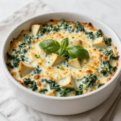 - 1 cup fresh spinach, chopped - 1 cup artichoke hearts, drained and chopped - 1 cup cream cheese, softened - 1/2 cup sour cream - 1/2 cup mayonnaise - 1 cup shredded mozzarella cheese - 1/2 cup grated Parmesan cheese - 1 teaspoon garlic powder - 1/2 teaspoon onion powder - Salt and pepper to taste - Sliced fresh herbs (basil or parsley) for garnish In this recipe, I focus on fresh and simple ingredients. Fresh spinach brings a bright color and taste. Artichoke hearts add a unique flavor that pairs perfectly with cheese. Cream cheese, sour cream, and mayonnaise create a creamy base. The blend of shredded mozzarella and grated Parmesan gives the dip its cheesy goodness. Garlic powder and onion powder add depth to the flavor. Adjust salt and pepper to your liking. I recommend using fresh herbs like basil or parsley for garnish. They add a fresh finish and a pop of color. Each ingredient contributes to the rich, savory taste. You can easily find these items at your local store. {{ingredient_image_1}} 1. Preheating the oven Start by heating your oven to 350°F (175°C). This step is key for a well-cooked dip. 2. Mixing the base ingredients In a large bowl, mix the softened cream cheese, sour cream, and mayonnaise. Blend until it is smooth and creamy. 3. Adding the spinach and artichokes Next, stir in the chopped spinach and artichoke hearts. Make sure they are mixed well into the creamy base. 4. Incorporating the cheeses and seasonings Now, add in the shredded mozzarella cheese, grated Parmesan cheese, garlic powder, onion powder, salt, and pepper. Mix everything until it is evenly combined. 5. Baking the dip Transfer the mixture into an 8x8-inch baking dish. Spread it out evenly. Bake in the preheated oven for 25-30 minutes. Look for the dip to be bubbling and golden on top. Enjoy the rich and cheesy flavors of your dip! To make your cheesy spinach artichoke dip shine, focus on your seasoning. Add more garlic powder for a bolder taste. You can also try a pinch of chili flakes for a kick. Use high-quality ingredients. Fresh spinach and real cheese make a big difference. For a creamier texture, mix in an extra splash of sour cream. This will help the dip feel smooth and rich. Baking is key to a perfect dip. Ensure even cooking by spreading the mix evenly in the baking dish. An 8x8 inch dish works well for this recipe. If you use a larger dish, the dip may cook too fast. Keep an eye on it to avoid burning. Bake until it's bubbly and golden. This shows it is ready to enjoy. Pro Tips Fresh Spinach is Key: Use fresh spinach instead of frozen for a vibrant flavor and texture. Fresh spinach wilts perfectly and adds a bright color to your dip. Cheese Variations: Feel free to experiment with different cheese blends like cheddar or gouda for a unique flavor profile. Mixing cheeses can add depth to the dish. Make Ahead: Prepare the dip a day in advance and store it in the refrigerator. Just pop it in the oven when you're ready to serve to save time. Perfect Dipping Options: Serve with a variety of dippers like crusty bread, tortilla chips, or veggie sticks to cater to different tastes and make it more appealing. {{image_2}} You can easily adjust the recipe for different diets. For a gluten-free option, use gluten-free mayonnaise. This simple swap keeps the dip tasty without gluten. If you need a dairy-free alternative, try using vegan cream cheese and sour cream. These products can still create a rich, creamy dip. Look for dairy-free mozzarella cheese to complete your mix. To change the flavor, try adding different cheeses. A sharp cheddar or creamy goat cheese can enhance the taste. Mix in a half cup of your favorite cheese for a new twist. Spices can bring out exciting flavors too. Add a sprinkle of cayenne pepper for some heat. For a zesty kick, fold in chopped jalapeños. These additions can make your dip stand out at any gathering. To keep your cheesy spinach artichoke dip fresh, place it in the fridge. Use an airtight container. This helps keep the dip tasty and safe to eat. Your leftovers will stay good for about three to four days. If you have more than you can eat, consider freezing it. When you're ready to enjoy leftovers, reheating is key. The oven is best for maintaining texture and flavor. Preheat your oven to 350°F (175°C). Place the dip in an oven-safe dish. Heat for about 15 minutes or until it's warm. If you're in a hurry, you can microwave it. Heat in short bursts of 30 seconds, stirring in between, until warm. Enjoy your tasty treat! Yes, you can prepare this dip in advance. Just mix all the ingredients and store it in the fridge. Cover it tightly with plastic wrap or a lid. Bake it when you are ready to serve. This dip pairs well with many items. Try serving it with: - Pita chips - Toasted bread - Fresh vegetable sticks like carrots and celery - Tortilla chips If stored properly, Cheesy Spinach Artichoke Dip lasts about 3 to 4 days in the fridge. Make sure to keep it in an airtight container to preserve its flavor. Yes, you can freeze this dip! Just place it in a freezer-safe container. It can last for up to 2 months. When ready to enjoy, thaw it in the fridge overnight and bake it as usual. For garnish, you can use fresh herbs like: - Basil - Parsley - Chives These herbs add a nice touch and extra flavor to the dip! This article covered how to make Cheesy Spinach Artichoke Dip. We looked at the key ingredients and the steps to prepare the dip. I shared tips to boost flavor and options for variations. We also discussed storage and reheating for best results. This dip makes a great snack or appetizer. With your favorite tweaks, it can suit many tastes. Enjoy making it fresh or heat up leftovers!
