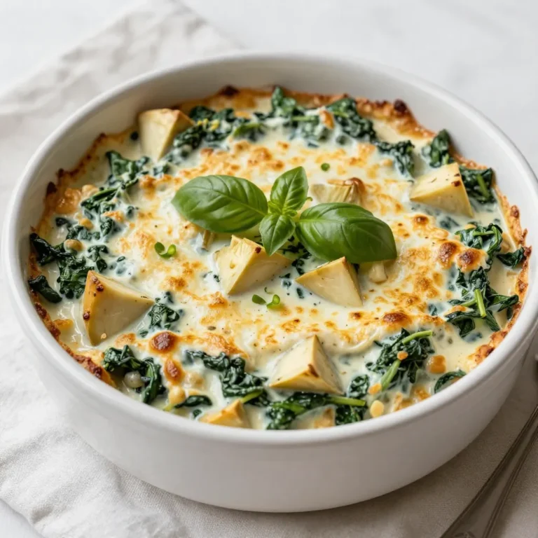 - 1 cup fresh spinach, chopped - 1 cup artichoke hearts, drained and chopped - 1 cup cream cheese, softened - 1/2 cup sour cream - 1/2 cup mayonnaise - 1 cup shredded mozzarella cheese - 1/2 cup grated Parmesan cheese - 1 teaspoon garlic powder - 1/2 teaspoon onion powder - Salt and pepper to taste - Sliced fresh herbs (basil or parsley) for garnish In this recipe, I focus on fresh and simple ingredients. Fresh spinach brings a bright color and taste. Artichoke hearts add a unique flavor that pairs perfectly with cheese. Cream cheese, sour cream, and mayonnaise create a creamy base. The blend of shredded mozzarella and grated Parmesan gives the dip its cheesy goodness. Garlic powder and onion powder add depth to the flavor. Adjust salt and pepper to your liking. I recommend using fresh herbs like basil or parsley for garnish. They add a fresh finish and a pop of color. Each ingredient contributes to the rich, savory taste. You can easily find these items at your local store. {{ingredient_image_1}} 1. Preheating the oven Start by heating your oven to 350°F (175°C). This step is key for a well-cooked dip. 2. Mixing the base ingredients In a large bowl, mix the softened cream cheese, sour cream, and mayonnaise. Blend until it is smooth and creamy. 3. Adding the spinach and artichokes Next, stir in the chopped spinach and artichoke hearts. Make sure they are mixed well into the creamy base. 4. Incorporating the cheeses and seasonings Now, add in the shredded mozzarella cheese, grated Parmesan cheese, garlic powder, onion powder, salt, and pepper. Mix everything until it is evenly combined. 5. Baking the dip Transfer the mixture into an 8x8-inch baking dish. Spread it out evenly. Bake in the preheated oven for 25-30 minutes. Look for the dip to be bubbling and golden on top. Enjoy the rich and cheesy flavors of your dip! To make your cheesy spinach artichoke dip shine, focus on your seasoning. Add more garlic powder for a bolder taste. You can also try a pinch of chili flakes for a kick. Use high-quality ingredients. Fresh spinach and real cheese make a big difference. For a creamier texture, mix in an extra splash of sour cream. This will help the dip feel smooth and rich. Baking is key to a perfect dip. Ensure even cooking by spreading the mix evenly in the baking dish. An 8x8 inch dish works well for this recipe. If you use a larger dish, the dip may cook too fast. Keep an eye on it to avoid burning. Bake until it's bubbly and golden. This shows it is ready to enjoy. Pro Tips Fresh Spinach is Key: Use fresh spinach instead of frozen for a vibrant flavor and texture. Fresh spinach wilts perfectly and adds a bright color to your dip. Cheese Variations: Feel free to experiment with different cheese blends like cheddar or gouda for a unique flavor profile. Mixing cheeses can add depth to the dish. Make Ahead: Prepare the dip a day in advance and store it in the refrigerator. Just pop it in the oven when you're ready to serve to save time. Perfect Dipping Options: Serve with a variety of dippers like crusty bread, tortilla chips, or veggie sticks to cater to different tastes and make it more appealing. {{image_2}} You can easily adjust the recipe for different diets. For a gluten-free option, use gluten-free mayonnaise. This simple swap keeps the dip tasty without gluten. If you need a dairy-free alternative, try using vegan cream cheese and sour cream. These products can still create a rich, creamy dip. Look for dairy-free mozzarella cheese to complete your mix. To change the flavor, try adding different cheeses. A sharp cheddar or creamy goat cheese can enhance the taste. Mix in a half cup of your favorite cheese for a new twist. Spices can bring out exciting flavors too. Add a sprinkle of cayenne pepper for some heat. For a zesty kick, fold in chopped jalapeños. These additions can make your dip stand out at any gathering. To keep your cheesy spinach artichoke dip fresh, place it in the fridge. Use an airtight container. This helps keep the dip tasty and safe to eat. Your leftovers will stay good for about three to four days. If you have more than you can eat, consider freezing it. When you're ready to enjoy leftovers, reheating is key. The oven is best for maintaining texture and flavor. Preheat your oven to 350°F (175°C). Place the dip in an oven-safe dish. Heat for about 15 minutes or until it's warm. If you're in a hurry, you can microwave it. Heat in short bursts of 30 seconds, stirring in between, until warm. Enjoy your tasty treat! Yes, you can prepare this dip in advance. Just mix all the ingredients and store it in the fridge. Cover it tightly with plastic wrap or a lid. Bake it when you are ready to serve. This dip pairs well with many items. Try serving it with: - Pita chips - Toasted bread - Fresh vegetable sticks like carrots and celery - Tortilla chips If stored properly, Cheesy Spinach Artichoke Dip lasts about 3 to 4 days in the fridge. Make sure to keep it in an airtight container to preserve its flavor. Yes, you can freeze this dip! Just place it in a freezer-safe container. It can last for up to 2 months. When ready to enjoy, thaw it in the fridge overnight and bake it as usual. For garnish, you can use fresh herbs like: - Basil - Parsley - Chives These herbs add a nice touch and extra flavor to the dip! This article covered how to make Cheesy Spinach Artichoke Dip. We looked at the key ingredients and the steps to prepare the dip. I shared tips to boost flavor and options for variations. We also discussed storage and reheating for best results. This dip makes a great snack or appetizer. With your favorite tweaks, it can suit many tastes. Enjoy making it fresh or heat up leftovers!