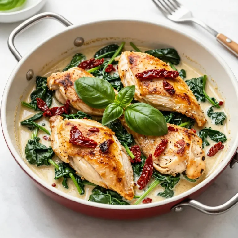 - 4 boneless, skinless chicken breasts - 1 cup sun-dried tomatoes in oil, drained and chopped - 1 cup fresh spinach, roughly chopped - 1/2 cup chicken broth - 1/2 cup heavy cream - 2 tablespoons olive oil - 3 cloves garlic, minced - 1 teaspoon dried oregano - 1 teaspoon dried basil - Salt and pepper to taste You need key ingredients for this dish to shine. First, chicken breasts are the star. They provide a lean and juicy base. Next, sun-dried tomatoes add a rich, tangy flavor. Their intense taste brings the dish to life. Fresh spinach adds color and nutrition. It wilts beautifully in the sauce. You also need some pantry staples. Chicken broth adds depth, while heavy cream brings creaminess. Olive oil is great for cooking the chicken. It helps achieve that golden crust. Seasonings are vital for flavor. Garlic gives a lovely aroma. Oregano and basil add warmth and earthiness. Don’t forget salt and pepper, which enhance all the flavors. This simple mix of ingredients creates a delicious meal that feels special. {{ingredient_image_1}} - Seasoning the chicken: Start by seasoning the chicken breasts. Use salt, pepper, oregano, and basil. Sprinkle the seasonings on both sides. This adds great flavor to the chicken. - Cooking chicken in the skillet: Heat olive oil in a large skillet over medium-high heat. Once the oil is hot, add the chicken. Cook for about 6-7 minutes on each side. Look for a nice brown color. The chicken should reach an internal temperature of 165°F. When done, remove the chicken and set it on a plate. - Sautéing garlic and sun-dried tomatoes: In the same skillet, add minced garlic. Sauté it for about 30 seconds until it smells good. Then, stir in the sun-dried tomatoes. Cook them for another 2 minutes to mix flavors. - Adding chicken broth and heavy cream: Pour in the chicken broth next. Scrape any brown bits from the bottom. Let it simmer for 2-3 minutes. This helps build a rich flavor. Finally, add the heavy cream. Stir it well and cook for 2 more minutes until the sauce thickens a bit. - Returning chicken to skillet: Now, put the cooked chicken back into the skillet. This helps it soak up the sauce. - Incorporating fresh spinach: Add the fresh spinach on top. Cover the skillet and cook for another 2-3 minutes. The spinach will wilt down nicely. Taste the sauce and add more salt and pepper if needed. Now, your Sun-Dried Tomato Chicken Skillet is ready to serve! - To ensure chicken is cooked through, check the internal temperature. It should reach 165°F. This guarantees it's safe to eat. Add a meat thermometer to your kitchen tools for best results. - If you want to thicken the sauce, let it simmer longer after adding the heavy cream. This helps it become rich and creamy. You can also add a bit of cornstarch mixed with water for extra thickness. - For side dishes, consider garlic bread, rice, or a simple salad. These pair well with the creamy sauce. They balance the meal and add freshness. - For presentation, serve the chicken on a large platter. Drizzle the sauce over the top and sprinkle with fresh basil. This makes your meal look beautiful and inviting. - Use a large, heavy skillet. A cast-iron skillet works well for even cooking. It holds heat nicely and gives a good sear to the chicken. - Essential utensils include a sharp knife for chopping, a meat thermometer for checking doneness, and a spatula for flipping the chicken. Having these tools makes cooking easier and more fun. Pro Tips Perfectly Cooked Chicken: To ensure your chicken breasts remain juicy, use a meat thermometer to check that they reach an internal temperature of 165°F. Enhance Flavor: For a richer flavor, consider marinating the chicken in olive oil, garlic, and herbs for at least 30 minutes before cooking. Thickening the Sauce: If you prefer a thicker sauce, allow it to reduce on low heat for a few extra minutes, stirring occasionally to prevent sticking. Serving Suggestions: This dish pairs wonderfully with pasta, rice, or a side of crusty bread to soak up the delicious sauce. {{image_2}} You can change the main protein in this dish. Try shrimp or tofu. Shrimp cooks fast and adds a nice twist. Tofu gives a great plant-based option. Both pair well with sun-dried tomatoes. For veggies, swap spinach with kale or broccoli. Kale holds its shape well and adds a hearty bite. Broccoli adds crunch and color. These swaps keep the dish fresh and fun. If you want a dairy-free meal, use coconut cream instead of heavy cream. Coconut cream gives a rich texture without dairy. It also adds a hint of sweetness. You can also try alternative sauces like cashew cream or dairy-free yogurt. These options keep the sauce creamy while being dairy-free. To give your dish a kick, add red pepper flakes. They bring heat without overpowering the flavors. Just a pinch can make a big difference. Don’t forget to experiment with fresh herbs. Basil and parsley can brighten up the dish. You can even try thyme or rosemary for a new twist. Mixing herbs keeps the dish exciting and flavorful. After you cook the Sun-Dried Tomato Chicken Skillet, let it cool. Place the chicken in a shallow container. A glass or plastic container works well. Cover it tightly with a lid or plastic wrap. Store it in the fridge. This keeps it fresh for later meals. If you want to save some for later, freezing is a great option. Allow the dish to cool completely before freezing. Place the chicken and sauce in a freezer-safe container. Use a vacuum-sealed bag for the best results. Label it with the date. When you're ready to eat, thaw it overnight in the fridge. To reheat, warm it on the stove over low heat. Stir gently until hot. In the fridge, your Sun-Dried Tomato Chicken Skillet lasts about 3-4 days. In the freezer, it stays good for about 2-3 months. Check for signs of spoilage. If it smells sour or looks off, it’s best to toss it. Always trust your senses to keep your meals safe. The total time to cook this dish is about 30 minutes. This includes 10 minutes for prep and 20 minutes for cooking. You will spend about 6-7 minutes cooking the chicken on each side. After that, you will make the sauce for about 10 minutes. Yes, you can make this dish ahead of time. Cook the chicken and sauce, then store them separately in the fridge. Reheat the chicken in a skillet over low heat. Add a splash of chicken broth to the sauce to prevent it from drying out. Some great side dishes include: - Rice or quinoa for a filling base - Garlic bread for a tasty crunch - Steamed vegetables for a fresh touch - A simple green salad for added freshness These sides help create a complete and balanced meal with your chicken skillet. This recipe for Sun-Dried Tomato Chicken Skillet offers a tasty way to enjoy chicken. We covered main ingredients like chicken breasts, sun-dried tomatoes, and fresh spinach. You learned how to cook the chicken, make a creamy sauce, and combine everything perfectly. I shared tips on storage, variations, and side dishes to enhance your meal. With these insights, you can create a dish that’s both delicious and easy. Enjoy your cooking journey and feel free to explore new flavors along the way!