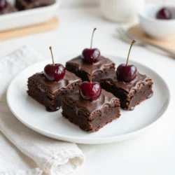 - 1 cup unsalted butter (2 sticks) - 2 cups granulated sugar - 4 large eggs - 1 teaspoon vanilla extract - 1 cup all-purpose flour - 1 cup unsweetened cocoa powder - 1/2 teaspoon salt - 1 cup semi-sweet chocolate chips - 1 cup cherries, pitted and halved (fresh or frozen) - 1 cup melted dark chocolate for covering cherries - Whipped cream for serving - 9x13 inch baking pan - Medium saucepan - Mixing bowls - Whisk - Parchment paper - Microwave-safe bowl for melting chocolate - Baking sheet {{ingredient_image_1}} First, heat your oven to 350°F (175°C). While it warms up, grab a 9x13 inch baking pan. Grease it well with butter or use non-stick spray. This step helps the brownies come out easily. Next, melt 1 cup of unsalted butter in a medium saucepan over low heat. Once it melts, take it off the heat. Stir in 2 cups of granulated sugar until smooth. Let this mixture cool down a bit. Add 4 large eggs one at a time, mixing well after each. Then, stir in 1 teaspoon of vanilla extract. In another bowl, sift together 1 cup of all-purpose flour, 1 cup of unsweetened cocoa powder, and 1/2 teaspoon of salt. Slowly fold this dry mix into the wet mix. Be gentle! Overmixing can make your brownies tough. Finally, fold in 1 cup of semi-sweet chocolate chips and 1 cup of halved cherries. Pour the batter into your prepared pan. Spread it evenly. Bake for 25-30 minutes. Check for doneness by inserting a toothpick into the center. It should come out with a few moist crumbs. Once baked, let it cool in the pan for about 10 minutes before cutting. While the brownies bake, let’s prepare the chocolate-covered cherries. Melt 1 cup of dark chocolate in a microwave-safe bowl. Heat it in 30-second bursts, stirring until smooth. Dip each cherry half into the melted chocolate. Let any extra chocolate drip off. Place the cherries on a parchment-lined baking sheet to set. When the brownies cool completely, cut them into squares. Top each brownie with a chocolate-covered cherry. For a nice touch, serve them on a decorative platter. Add a dollop of whipped cream on the side and drizzle melted chocolate over the top. Enjoy this sweet treat! To get soft, chewy brownies, you need to mix well but not too much. - Melt the butter slowly to keep it smooth. - Add eggs one at a time and whisk each in fully. - Sift the dry ingredients to avoid lumps. - Do not overmix when combining wet and dry. This keeps the brownies tender. - Check for doneness with a toothpick. It should come out with a few moist crumbs, not wet batter. Making chocolate-covered cherries is fun and easy. Here are some tips: - Use quality dark chocolate for a rich taste. - Melt chocolate in short bursts to avoid burning. Stir after each 30 seconds. - Dip cherries completely and let excess chocolate drip off. - Place cherries on parchment paper to keep them from sticking. - Let them cool until set before adding to brownies for a clean look. Avoid these pitfalls to make perfect brownies: - Using cold eggs can affect the batter. Always use room temperature eggs. - Not greasing the pan can lead to brownies sticking. Always grease well! - Baking too long makes brownies dry. Stay close to the oven while they bake. - Skipping the cooling time before cutting leads to messy squares. Allow them to cool first. - Not following the recipe can change the outcome. Stick to the recipe for best results. Pro Tips Use Room Temperature Ingredients: Allow your eggs and butter to come to room temperature before starting. This will help create a smoother batter and improve the overall texture of your brownies. Don’t Overmix: When combining the dry ingredients with the wet, mix just until incorporated. Overmixing can lead to tough brownies instead of the desired fudgy texture. Check for Doneness: Since ovens vary, start checking your brownies a few minutes before the suggested time. They are done when a toothpick inserted comes out with a few moist crumbs. Experiment with Toppings: Feel free to customize your brownies by adding nuts, caramel drizzle, or even different types of chocolate chips for added flavor and texture. {{image_2}} You can change the chocolate type in your brownies. Use dark chocolate for a rich taste. Milk chocolate gives a sweeter flavor. White chocolate can add creaminess. Each type changes the brownie’s overall taste. You can mix different chocolates for a fun flavor. For instance, try half dark and half milk chocolate. This gives you a nice balance. Feel free to add other fruits or nuts to your brownies. Diced strawberries or raspberries work well. They add a fresh taste and pop of color. If you like nuts, walnuts or pecans add crunch. You can even mix in dried fruits like cranberries. This adds sweetness and chewy texture. Adding these elements can make your brownies unique and fun. Want a gluten-free version? No problem! You can swap all-purpose flour for almond flour or a gluten-free blend. Both will work well in this recipe. Just make sure to check the brand for taste and texture. This way, everyone can enjoy chocolate-covered cherry brownies. It’s a great option for those with dietary needs. Store your brownies in an airtight container. This helps keep them fresh. You can layer them with parchment paper. This prevents sticking. Keep them at room temperature for up to four days. If you want them to last longer, consider refrigerating them. This can extend their life to about a week. You can freeze brownies for longer storage. First, let them cool completely. Then, wrap each brownie tightly in plastic wrap. Place the wrapped brownies in a freezer bag. Squeeze out as much air as you can. They can last up to three months in the freezer. To enjoy, just thaw them in the fridge overnight. Reheat brownies gently to keep them soft. Preheat your oven to 350°F (175°C). Place the brownies on a baking sheet. Cover them with foil to prevent drying out. Heat for about 10-15 minutes. You can also use the microwave. Heat for about 10-15 seconds. Check to see if they are warm. Enjoy your brownies as fresh as the day you made them! You can use salted butter if you do not have unsalted butter. Just cut back on the added salt in the recipe. Coconut oil is also a great option. It will give a slight coconut taste, but it pairs well with chocolate. Yes, you can use maraschino cherries. They are sweet and add a nice pop of color. Just remember to drain them well to avoid extra moisture in your brownies. These brownies stay fresh for about 3 to 5 days at room temperature. Store them in an airtight container to keep them moist. If you refrigerate them, they can last up to a week. Yes, you can make the brownies a day ahead. Just store them at room temperature. You can dip the cherries in chocolate the day you plan to serve them for the best taste and look. To cut brownies neatly, let them cool completely. Use a sharp knife and wipe it clean after each cut. This will help give you clean edges. For even slices, you can mark the cuts lightly before slicing. This blog post covered all you need for chocolate-covered cherry brownies. We explored ingredients, step-by-step instructions, and helpful tips for the perfect texture. I shared variations to fit different diets and easy storage methods. Remember to avoid common mistakes for great results. You can make these brownies today and impress everyone. Enjoy your baking adventure and have fun with it!