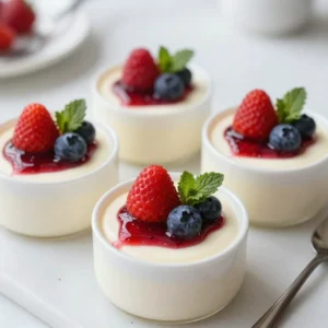 - 2 cups heavy cream - 1 cup whole milk - 1/2 cup granulated sugar - 1 tablespoon vanilla bean paste or vanilla bean seeds - 2 1/2 teaspoons unflavored gelatin - 3 tablespoons cold water - 1 cup mixed berries (strawberries, blueberries, raspberries) - 2 tablespoons honey or maple syrup - A pinch of salt To make vanilla bean panna cotta, gather these simple ingredients. The heavy cream and whole milk form the base. The sugar adds sweetness, while the vanilla bean gives a rich flavor. You need unflavored gelatin for that smooth, creamy texture. Cold water helps to bloom the gelatin before mixing. The mixed berries create a vibrant sauce. Honey or maple syrup adds a touch of natural sweetness. A pinch of salt balances all the flavors. With these ingredients in hand, you are ready to create a delightful dessert that impresses everyone. {{ingredient_image_1}} To start, sprinkle the gelatin over the cold water in a small bowl. This step is key. Let it sit for about 5-10 minutes. You will know it’s ready when it looks thick and jelly-like. This process is called blooming. In a saucepan, combine the heavy cream, whole milk, granulated sugar, and a pinch of salt. Heat this mixture over medium heat. Stir it often, but do not let it boil. You want it hot, but just below boiling. Once it’s hot, remove the saucepan from the heat. Now, add the vanilla bean paste and the bloomed gelatin. Mix well until the gelatin fully dissolves. This is where the magic happens! Pour the mixture into small molds or cups. Silicone molds work great for easy removal. Let it cool to room temperature before moving to the next step. After cooling, cover the molds with plastic wrap. Place them in the fridge for at least 4 hours, or overnight if you can wait. This chilling time helps the panna cotta set perfectly. For the berry sauce, take a small saucepan. Combine the mixed berries and honey or maple syrup. Cook over medium heat for about 5 minutes. Stir gently until the berries start to break down. Remove from heat and let it cool. If you want a smoother sauce, blend it to your desired consistency. This adds a nice touch to your panna cotta. To serve, gently run a knife around the edge of the panna cotta. Carefully invert it onto a plate. Drizzle the berry sauce over the top. You can also add fresh mint leaves or whole berries for a fancy look. Enjoy your delicious dessert! To make sure your panna cotta is smooth, focus on the gelatin. First, sprinkle the gelatin over cold water. Let it sit for about 5-10 minutes to bloom. This step is key to avoiding lumps. For even setting, stir the cream mixture often while it heats. Keep it hot but not boiling. This helps the sugar dissolve and keeps your panna cotta silky. Garnishing can elevate your panna cotta. Fresh mint leaves add a nice pop of color. You can also use whole berries for a fresh look. For fancy plating, try using decorative dishes. A wide plate can make your panna cotta stand out. Use a squeeze bottle to create a drizzle with berry sauce for a restaurant-style finish. Watch your heat when making the cream mixture. Overheating can ruin the texture. Always keep it hot, but take it off the heat before it boils. Cooling time is just as important. Don’t rush this step. Let your panna cotta cool to room temperature before refrigerating. A good chill will help it set properly. Pro Tips Use High-Quality Ingredients: For the best flavor, opt for organic heavy cream and whole milk. Fresh, high-quality vanilla bean paste or seeds will elevate the taste of your panna cotta significantly. Don’t Rush the Blooming Process: Allow the gelatin to bloom fully for at least 5-10 minutes. This ensures it dissolves evenly in the cream mixture without clumping. Experiment with Flavors: While vanilla bean is classic, consider infusing the cream with citrus zest or other extracts like almond or coffee for a unique twist on the traditional panna cotta. Chill Thoroughly: For the best texture, allow the panna cotta to chill overnight. This will help it set perfectly and develop a rich, creamy consistency. {{image_2}} You can change the flavor of panna cotta easily. Instead of using vanilla bean, try vanilla extract. It works well and saves time. You can also add citrus zest for a bright taste. Lemon or orange zest adds a fresh twist. Just a little will make a big difference. If you want to try different sweeteners, go for agave or coconut sugar. Both options give a unique flavor. You can also make it sugar-free. Use a sugar substitute like stevia or erythritol if you prefer. Just check the package for the right amount to use. Berry sauce is fun to change up. You can use different berries like blackberries or raspberries. Each berry gives its own flavor. If you want a kick, add spices like cinnamon or ginger. Just a pinch can add warmth and depth to the sauce. Store your panna cotta in the fridge. Use an airtight container to keep it fresh. Cover the top with plastic wrap if you don’t have a container. This will help avoid any weird smells from the fridge. Panna cotta stays good for up to four days. Yes, you can freeze panna cotta! However, it may change the texture a bit. To freeze, place it in a freezer-safe container. It should last for about two months in the freezer. To thaw, move the panna cotta to the fridge. Let it sit overnight. Avoid using a microwave, as it can ruin the creamy texture. If it seems too firm after thawing, you can whisk it gently to smooth it out. Panna cotta is a creamy dessert from Italy. It means "cooked cream" in Italian. This dish uses cream, sugar, and gelatin. The result is a smooth, silky texture. You can flavor it with vanilla, like in this recipe. It pairs well with fruit sauces, making it delightful. Yes, you can! Panna cotta is perfect for making ahead. You can prepare it a day or two before serving. Just make sure to cover it tightly in the fridge. This way, it stays fresh and tasty until you are ready to enjoy it. If your panna cotta doesn’t set, it may need more gelatin. Check if you bloomed the gelatin correctly. If the mixture was too hot, the gelatin might not work. If it still doesn’t set, you can try reheating it gently. Add a bit more bloomed gelatin and chill again. Serving panna cotta is simple and fun! First, run a knife around the edge of the mold. Then, gently invert it onto a plate. Drizzle with berry sauce on top. You can also add fresh berries or mint leaves for a pretty touch. Yes, you can make substitutions! For a dairy-free option, use coconut cream. You can swap heavy cream with almond milk for a lighter version. If you don’t have vanilla bean paste, use pure vanilla extract instead. Just adjust the quantity for your taste. This post guided you through making delicious panna cotta. We covered essential ingredients, steps, and tips for a perfect dish. Remember to bloom the gelatin and avoid overheating for a smooth result. Explore flavor variations and presentations to impress your guests. This treat is simple yet elegant and can be tailored to your taste. Enjoy creating your panna cotta masterpiece and delighting those who taste it!