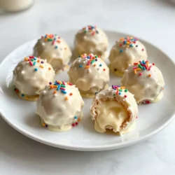 - 1 box Funfetti cake mix - 1/2 cup unsalted butter, softened - 1/2 cup milk - 1 teaspoon vanilla extract - 8 oz cream cheese, softened - 1 cup white chocolate chips - 1 tablespoon coconut oil - Extra sprinkles for coating - 9x13 inch baking pan - Mixing bowls - Parchment paper - Microwave-safe bowl For these Funfetti Birthday Cake Truffles, you need simple and fun ingredients. The main star is the Funfetti cake mix. It gives that classic birthday cake flavor and colorful sprinkles. You will also need unsalted butter and milk to make the cake batter rich and moist. The vanilla extract adds a lovely aroma. Cream cheese is key for that smooth truffle texture. White chocolate chips make for a sweet coating that melts perfectly. If you want, you can add coconut oil to the chocolate for a smoother finish. Extra sprinkles are great for coating the outside, making each truffle festive and fun. To get started, gather these tools. A 9x13 inch baking pan is needed to bake the cake. Mixing bowls help combine your ingredients easily. Parchment paper makes cleanup a breeze. Lastly, a microwave-safe bowl is perfect for melting your chocolate. With these ingredients and tools, you are all set to make delicious Funfetti Birthday Cake Truffles! {{ingredient_image_1}} First, preheat your oven to 350°F (175°C). This step helps the cake rise well. Prepare a 9x13 inch baking pan with parchment paper and non-stick spray. This makes it easy to remove the cake later. In a large bowl, combine 1 box of Funfetti cake mix, 1/2 cup softened unsalted butter, 1/2 cup milk, and 1 teaspoon vanilla extract. Mix until smooth with a whisk or spatula. Pour the batter into the prepared pan and spread it evenly. Bake for 20-25 minutes. A toothpick should come out clean when done. Let the cake cool completely in the pan. Once the cake is cool, crumble it into a large bowl. Use your hands or a fork to break it into fine crumbs. This is key for a smooth truffle texture. Next, add 8 oz of softened cream cheese to the cake crumbs. Mix with your hands or a spatula until the mixture is well combined. Fold in 1/4 cup of colorful sprinkles. This gives the truffles a fun look. Now, roll the mixture into 1-inch balls. Place each ball on a parchment-lined tray. You'll make about 20-25 truffles. Refrigerate them for at least one hour. This helps them firm up. While the truffles chill, melt 1 cup of white chocolate chips in a microwave-safe bowl. You can add 1 tablespoon of coconut oil if you want a smoother melt. Heat in 30-second intervals, stirring between each, until smooth. After the truffles cool, dip each one into the melted chocolate. Let the excess drip off before placing them back on the tray. Sprinkle with extra sprinkles while the chocolate is still wet. Finally, chill the coated truffles again for about 30 minutes. Enjoy these sweet, colorful treats! To get the best texture for your truffles, refrigeration is key. Chill the rolled truffles for at least an hour. This helps them firm up nicely. The cake crumbs should also be fine and evenly crumbled. If the crumbs are too large, your truffles may not hold their shape. Melting chocolate can be tricky, but I have some tips. First, melt your white chocolate in short bursts. Use a microwave-safe bowl and heat for 30 seconds at a time. Stir between each round. This prevents clumps and helps achieve a smooth melt. If you prefer, you can also use a double boiler. Just make sure the water doesn’t touch the bowl. You can make these truffles even more fun and festive. After dipping in chocolate, sprinkle more sprinkles on top. You can also use colorful drizzle to brighten them up. For parties, arrange the truffles on a nice platter. Use cupcake liners for an extra special touch. These simple ideas make your treats look stunning! Pro Tips Chill for Firmness: Make sure to refrigerate the truffles for at least an hour before coating them in chocolate. This helps them hold their shape better during the dipping process. Use Quality Chocolate: Opt for high-quality white chocolate chips for a smoother melt and better flavor. Avoid chocolate with added wax, as it can affect the texture. Mixing Technique: When combining the cake crumbs and cream cheese, use your hands for the best texture. This ensures an even distribution of ingredients and a smoother truffle. Decorative Sprinkles: For a festive touch, use a variety of sprinkles for coating. This not only enhances the appearance but also adds a fun crunch! {{image_2}} You can switch up the cake mix flavor. Try chocolate, vanilla, or strawberry mixes. Each adds a fun twist to your truffles. You can also mix in fillings like chopped nuts or dried fruit. These add texture and taste. Consider mini chocolate chips for extra sweetness, too. For gluten-free options, use gluten-free cake mix. This choice keeps all the flavor, minus the gluten. If you want to make them vegan, swap the cream cheese with vegan cream cheese. Use a dairy-free chocolate for coating. You can also replace butter with coconut oil or vegan butter. Make your truffles pop with colored sprinkles! Choose colors that match your party theme. For holidays, use red and green sprinkles for Christmas. For birthdays, go wild with rainbow sprinkles. You can even layer colors in the truffle mix. This fun approach makes each bite a surprise! To keep your Funfetti Birthday Cake Truffles fresh, refrigerate them. Place the truffles in an airtight container. This step prevents them from drying out. You can enjoy them for up to one week. Just make sure they stay cool and sealed tight. If you want to save some truffles for later, freezing is a good option. First, lay the truffles on a baking sheet. Freeze them for about an hour until firm. Then, transfer them into a freezer-safe bag. Squeeze out all the air before sealing. They can last up to three months in the freezer. When you’re ready to enjoy, remove them from the freezer. Let them thaw in the fridge for a few hours for the best taste. Fresh Funfetti Birthday Cake Truffles stay good for about one week in the fridge. In the freezer, they last up to three months. Signs of spoilage include a change in smell or texture. If they feel sticky or look discolored, it’s best to toss them. Always keep an eye on your treats to enjoy them at their best! Store your Funfetti Birthday Cake Truffles in an airtight container. Keep them in the fridge. This helps them stay fresh and tasty. They will last about a week in the fridge. If you want to keep them longer, you can freeze them. Yes, you can use different cake mixes! Try chocolate or vanilla for a twist. Just follow the same steps as the recipe. Each mix brings its own fun flavor. You can also use gluten-free cake mix if needed. To make truffles without cream cheese, use sweetened condensed milk. This will help bind the cake crumbs. You can also try using Greek yogurt. Just make sure it's thick to keep the truffles from being too wet. In summary, this blog post guides you through making tasty Funfetti Birthday Cake Truffles. You learned about ingredients, tools, and step-by-step instructions. I shared tips for texture, melting chocolate, and creative presentations. You can even explore flavor variations and storage options. Try these truffles for your next party or treat yourself! Enjoy the fun of creating delicious delights.