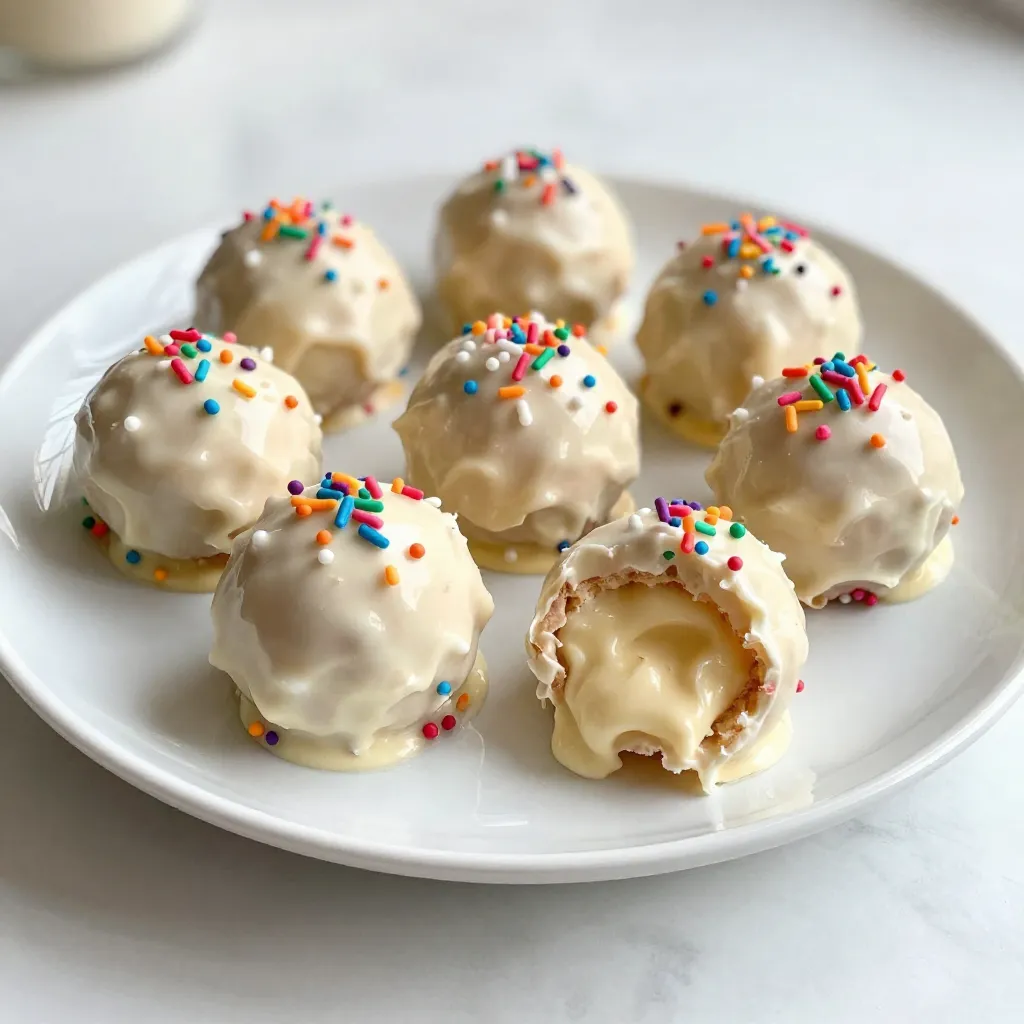- 1 box Funfetti cake mix - 1/2 cup unsalted butter, softened - 1/2 cup milk - 1 teaspoon vanilla extract - 8 oz cream cheese, softened - 1 cup white chocolate chips - 1 tablespoon coconut oil - Extra sprinkles for coating - 9x13 inch baking pan - Mixing bowls - Parchment paper - Microwave-safe bowl For these Funfetti Birthday Cake Truffles, you need simple and fun ingredients. The main star is the Funfetti cake mix. It gives that classic birthday cake flavor and colorful sprinkles. You will also need unsalted butter and milk to make the cake batter rich and moist. The vanilla extract adds a lovely aroma. Cream cheese is key for that smooth truffle texture. White chocolate chips make for a sweet coating that melts perfectly. If you want, you can add coconut oil to the chocolate for a smoother finish. Extra sprinkles are great for coating the outside, making each truffle festive and fun. To get started, gather these tools. A 9x13 inch baking pan is needed to bake the cake. Mixing bowls help combine your ingredients easily. Parchment paper makes cleanup a breeze. Lastly, a microwave-safe bowl is perfect for melting your chocolate. With these ingredients and tools, you are all set to make delicious Funfetti Birthday Cake Truffles! {{ingredient_image_1}} First, preheat your oven to 350°F (175°C). This step helps the cake rise well. Prepare a 9x13 inch baking pan with parchment paper and non-stick spray. This makes it easy to remove the cake later. In a large bowl, combine 1 box of Funfetti cake mix, 1/2 cup softened unsalted butter, 1/2 cup milk, and 1 teaspoon vanilla extract. Mix until smooth with a whisk or spatula. Pour the batter into the prepared pan and spread it evenly. Bake for 20-25 minutes. A toothpick should come out clean when done. Let the cake cool completely in the pan. Once the cake is cool, crumble it into a large bowl. Use your hands or a fork to break it into fine crumbs. This is key for a smooth truffle texture. Next, add 8 oz of softened cream cheese to the cake crumbs. Mix with your hands or a spatula until the mixture is well combined. Fold in 1/4 cup of colorful sprinkles. This gives the truffles a fun look. Now, roll the mixture into 1-inch balls. Place each ball on a parchment-lined tray. You'll make about 20-25 truffles. Refrigerate them for at least one hour. This helps them firm up. While the truffles chill, melt 1 cup of white chocolate chips in a microwave-safe bowl. You can add 1 tablespoon of coconut oil if you want a smoother melt. Heat in 30-second intervals, stirring between each, until smooth. After the truffles cool, dip each one into the melted chocolate. Let the excess drip off before placing them back on the tray. Sprinkle with extra sprinkles while the chocolate is still wet. Finally, chill the coated truffles again for about 30 minutes. Enjoy these sweet, colorful treats! To get the best texture for your truffles, refrigeration is key. Chill the rolled truffles for at least an hour. This helps them firm up nicely. The cake crumbs should also be fine and evenly crumbled. If the crumbs are too large, your truffles may not hold their shape. Melting chocolate can be tricky, but I have some tips. First, melt your white chocolate in short bursts. Use a microwave-safe bowl and heat for 30 seconds at a time. Stir between each round. This prevents clumps and helps achieve a smooth melt. If you prefer, you can also use a double boiler. Just make sure the water doesn’t touch the bowl. You can make these truffles even more fun and festive. After dipping in chocolate, sprinkle more sprinkles on top. You can also use colorful drizzle to brighten them up. For parties, arrange the truffles on a nice platter. Use cupcake liners for an extra special touch. These simple ideas make your treats look stunning! Pro Tips Chill for Firmness: Make sure to refrigerate the truffles for at least an hour before coating them in chocolate. This helps them hold their shape better during the dipping process. Use Quality Chocolate: Opt for high-quality white chocolate chips for a smoother melt and better flavor. Avoid chocolate with added wax, as it can affect the texture. Mixing Technique: When combining the cake crumbs and cream cheese, use your hands for the best texture. This ensures an even distribution of ingredients and a smoother truffle. Decorative Sprinkles: For a festive touch, use a variety of sprinkles for coating. This not only enhances the appearance but also adds a fun crunch! {{image_2}} You can switch up the cake mix flavor. Try chocolate, vanilla, or strawberry mixes. Each adds a fun twist to your truffles. You can also mix in fillings like chopped nuts or dried fruit. These add texture and taste. Consider mini chocolate chips for extra sweetness, too. For gluten-free options, use gluten-free cake mix. This choice keeps all the flavor, minus the gluten. If you want to make them vegan, swap the cream cheese with vegan cream cheese. Use a dairy-free chocolate for coating. You can also replace butter with coconut oil or vegan butter. Make your truffles pop with colored sprinkles! Choose colors that match your party theme. For holidays, use red and green sprinkles for Christmas. For birthdays, go wild with rainbow sprinkles. You can even layer colors in the truffle mix. This fun approach makes each bite a surprise! To keep your Funfetti Birthday Cake Truffles fresh, refrigerate them. Place the truffles in an airtight container. This step prevents them from drying out. You can enjoy them for up to one week. Just make sure they stay cool and sealed tight. If you want to save some truffles for later, freezing is a good option. First, lay the truffles on a baking sheet. Freeze them for about an hour until firm. Then, transfer them into a freezer-safe bag. Squeeze out all the air before sealing. They can last up to three months in the freezer. When you’re ready to enjoy, remove them from the freezer. Let them thaw in the fridge for a few hours for the best taste. Fresh Funfetti Birthday Cake Truffles stay good for about one week in the fridge. In the freezer, they last up to three months. Signs of spoilage include a change in smell or texture. If they feel sticky or look discolored, it’s best to toss them. Always keep an eye on your treats to enjoy them at their best! Store your Funfetti Birthday Cake Truffles in an airtight container. Keep them in the fridge. This helps them stay fresh and tasty. They will last about a week in the fridge. If you want to keep them longer, you can freeze them. Yes, you can use different cake mixes! Try chocolate or vanilla for a twist. Just follow the same steps as the recipe. Each mix brings its own fun flavor. You can also use gluten-free cake mix if needed. To make truffles without cream cheese, use sweetened condensed milk. This will help bind the cake crumbs. You can also try using Greek yogurt. Just make sure it's thick to keep the truffles from being too wet. In summary, this blog post guides you through making tasty Funfetti Birthday Cake Truffles. You learned about ingredients, tools, and step-by-step instructions. I shared tips for texture, melting chocolate, and creative presentations. You can even explore flavor variations and storage options. Try these truffles for your next party or treat yourself! Enjoy the fun of creating delicious delights.