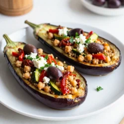 - 2 medium-sized eggplants - 1 cup cooked quinoa - 1 can (15 oz) chickpeas, drained and rinsed - 1 red bell pepper, finely chopped - 1 small zucchini, finely chopped - 1/2 cup sun-dried tomatoes, chopped - 1/4 cup Kalamata olives, pitted and sliced - 1 teaspoon dried oregano - 1 teaspoon smoked paprika - 2 tablespoons olive oil - Salt and pepper to taste - Fresh parsley, chopped, for garnish - Feta cheese, crumbled (optional) When I make Mediterranean stuffed eggplant, I love using fresh, quality ingredients. The eggplants are the stars of the dish. Choose two medium-sized ones. They should feel firm, not soft. Next, quinoa serves as a great base. It adds protein and texture. You can use canned chickpeas for ease. Just drain and rinse them well. Now, let’s add some color and flavor! A red bell pepper and a small zucchini brighten the filling. Sun-dried tomatoes bring a sweet, tangy taste. Kalamata olives add a salty punch. Dried oregano and smoked paprika give a warm, earthy flavor. Don’t forget the olive oil! It helps sauté the veggies. Salt and pepper are key for seasoning. Fresh parsley adds a nice touch at the end. If you like cheese, crumbled feta on top is a tasty option. This mix of ingredients makes the dish not just healthy but also very tasty. Each bite bursts with flavors that remind you of the Mediterranean coast. {{ingredient_image_1}} 1. First, preheat your oven to 375°F (190°C). 2. Slice the eggplants in half lengthwise. Carefully scoop out the insides, leaving about a 1/2-inch shell. Set the scooped-out flesh aside for later. 3. Brush the eggplant halves with olive oil and sprinkle with salt. Place them cut-side down on a baking sheet. Roast for 20 minutes until tender. 1. While the eggplants roast, finely chop the reserved eggplant flesh. 2. In a large skillet, heat 2 tablespoons of olive oil over medium heat. 3. Add the chopped eggplant, red bell pepper, and zucchini. Sauté for 5-7 minutes until softened. 4. Mix in 1 cup of cooked quinoa, 1 can of drained chickpeas, sun-dried tomatoes, olives, 1 teaspoon of oregano, and 1 teaspoon of smoked paprika. Season with salt and pepper. Cook for another 5 minutes to heat through. 1. Carefully flip the roasted eggplant shells cut-side up. 2. Fill each half generously with the quinoa and vegetable mixture. 3. Return the stuffed eggplants to the oven. Bake for an additional 15-20 minutes until everything is hot and slightly golden. 4. Remove from the oven and let cool for a few minutes. 5. Garnish with fresh parsley and crumbled feta cheese if you like. When picking eggplants, look for shiny skin. The skin should be smooth and firm. Fresh eggplants feel heavy for their size. Check for a green stem, which is a good sign. The best types for stuffing are medium-sized eggplants. They have a good shape and a nice texture. Japanese and Italian varieties are perfect choices for this dish. Herbs and spices can lift your stuffed eggplant. Try adding garlic for a warm taste. Fresh basil and parsley add brightness. Oregano and smoked paprika give depth. To serve, add a squeeze of lemon juice. It brightens all the flavors. Pair your dish with a light salad or crusty bread. This adds freshness and helps balance the meal. One common mistake is overcooking eggplants. This makes them mushy and unappealing. You want them soft but not falling apart. Under-cooking can lead to a tough bite. Always test for doneness with a fork. Balancing flavors in the stuffing is also key. Too much salt or spice can overpower the dish. Taste as you go to find the right mix. Pro Tips Choose Ripe Eggplants: Select eggplants that are firm and have smooth, shiny skin for the best flavor and texture. Customize the Filling: Feel free to add other vegetables or proteins, such as spinach or ground turkey, to make the dish your own. Make Ahead: You can prepare the filling a day in advance and store it in the refrigerator to save time on busy days. Experiment with Spices: Try adding different spices like cumin or coriander for a unique flavor profile. {{image_2}} You can change the filling for Mediterranean stuffed eggplant easily. For a vegetarian option, use cooked quinoa and chickpeas. You can also mix in nuts or seeds for extra crunch. If you prefer meat, try adding grilled chicken or ground beef. Just cook the meat before mixing it into the veggies and quinoa. This way, you get a hearty and filling meal. If you need gluten-free options, use quinoa or rice instead of bread. They add great texture and taste. For vegan substitutions, skip the feta cheese or use a plant-based cheese. This keeps the dish tasty and suitable for everyone. Always check labels for hidden gluten in store-bought items. Using fresh vegetables can enhance the dish's flavor. In summer, try adding diced tomatoes or bell peppers. In fall, use roasted squash or mushrooms. Adjust for what you find at your local market. These changes keep the dish fresh and exciting all year round. To keep your stuffed eggplant fresh, follow these tips: - Refrigeration: Place leftovers in an airtight container. They can last for 3-4 days. - Freezing: If you want to freeze them, wrap each stuffed eggplant tightly in plastic wrap. Then, put them in a freezer bag. They will stay good for about 2-3 months. To enjoy your leftovers, use these methods: - Best methods: The oven is great for reheating. Preheat it to 350°F (175°C). Place the stuffed eggplant in a baking dish and cover it with foil to keep moisture. Heat for 20-25 minutes. - Maintaining texture and flavor: You can also reheat in the microwave. Use a microwave-safe dish and cover it. Heat in short bursts of 1-2 minutes, checking often. This keeps the eggplant soft and warm. You can serve Mediterranean stuffed eggplant in many ways. It works well as a main dish. Pair it with a light salad or some warm pita bread. You can also add a dollop of yogurt or tzatziki for extra flavor. A glass of white wine complements the dish nicely. Yes, you can prepare Mediterranean stuffed eggplant ahead of time. You can make the filling a day before and store it in the fridge. Just assemble the eggplant when you are ready to cook. If you want to cook it later, store the stuffed eggplant in the fridge for up to two days. Mediterranean stuffed eggplant is very healthy. It is packed with nutrients from the vegetables and quinoa. Eggplants are low in calories and high in fiber. Compared to other stuffed dishes, this one is lighter and offers more plant-based protein. It is a great choice for a balanced meal. Mediterranean stuffed eggplant is a tasty and healthy dish. We explored the ingredients and steps to make it. The tips and variations offer room for personal taste. You can adjust for diets and seasons. Storing leftovers is simple, ensuring you enjoy them later. Try this recipe to impress guests or for a cozy meal. The flavor and nutrition make it a great choice. Enjoy cooking and find your favorite twist on this dish!