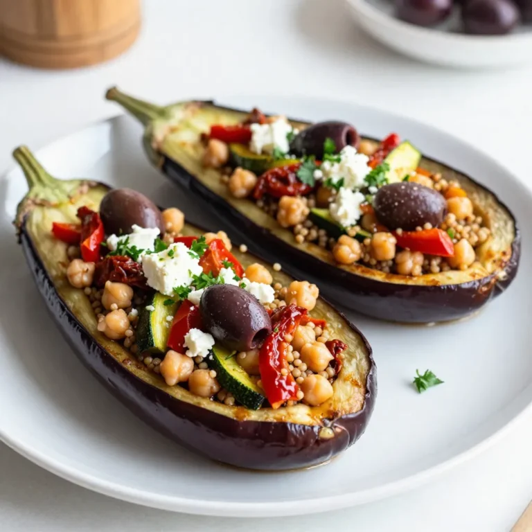 - 2 medium-sized eggplants - 1 cup cooked quinoa - 1 can (15 oz) chickpeas, drained and rinsed - 1 red bell pepper, finely chopped - 1 small zucchini, finely chopped - 1/2 cup sun-dried tomatoes, chopped - 1/4 cup Kalamata olives, pitted and sliced - 1 teaspoon dried oregano - 1 teaspoon smoked paprika - 2 tablespoons olive oil - Salt and pepper to taste - Fresh parsley, chopped, for garnish - Feta cheese, crumbled (optional) When I make Mediterranean stuffed eggplant, I love using fresh, quality ingredients. The eggplants are the stars of the dish. Choose two medium-sized ones. They should feel firm, not soft. Next, quinoa serves as a great base. It adds protein and texture. You can use canned chickpeas for ease. Just drain and rinse them well. Now, let’s add some color and flavor! A red bell pepper and a small zucchini brighten the filling. Sun-dried tomatoes bring a sweet, tangy taste. Kalamata olives add a salty punch. Dried oregano and smoked paprika give a warm, earthy flavor. Don’t forget the olive oil! It helps sauté the veggies. Salt and pepper are key for seasoning. Fresh parsley adds a nice touch at the end. If you like cheese, crumbled feta on top is a tasty option. This mix of ingredients makes the dish not just healthy but also very tasty. Each bite bursts with flavors that remind you of the Mediterranean coast. {{ingredient_image_1}} 1. First, preheat your oven to 375°F (190°C). 2. Slice the eggplants in half lengthwise. Carefully scoop out the insides, leaving about a 1/2-inch shell. Set the scooped-out flesh aside for later. 3. Brush the eggplant halves with olive oil and sprinkle with salt. Place them cut-side down on a baking sheet. Roast for 20 minutes until tender. 1. While the eggplants roast, finely chop the reserved eggplant flesh. 2. In a large skillet, heat 2 tablespoons of olive oil over medium heat. 3. Add the chopped eggplant, red bell pepper, and zucchini. Sauté for 5-7 minutes until softened. 4. Mix in 1 cup of cooked quinoa, 1 can of drained chickpeas, sun-dried tomatoes, olives, 1 teaspoon of oregano, and 1 teaspoon of smoked paprika. Season with salt and pepper. Cook for another 5 minutes to heat through. 1. Carefully flip the roasted eggplant shells cut-side up. 2. Fill each half generously with the quinoa and vegetable mixture. 3. Return the stuffed eggplants to the oven. Bake for an additional 15-20 minutes until everything is hot and slightly golden. 4. Remove from the oven and let cool for a few minutes. 5. Garnish with fresh parsley and crumbled feta cheese if you like. When picking eggplants, look for shiny skin. The skin should be smooth and firm. Fresh eggplants feel heavy for their size. Check for a green stem, which is a good sign. The best types for stuffing are medium-sized eggplants. They have a good shape and a nice texture. Japanese and Italian varieties are perfect choices for this dish. Herbs and spices can lift your stuffed eggplant. Try adding garlic for a warm taste. Fresh basil and parsley add brightness. Oregano and smoked paprika give depth. To serve, add a squeeze of lemon juice. It brightens all the flavors. Pair your dish with a light salad or crusty bread. This adds freshness and helps balance the meal. One common mistake is overcooking eggplants. This makes them mushy and unappealing. You want them soft but not falling apart. Under-cooking can lead to a tough bite. Always test for doneness with a fork. Balancing flavors in the stuffing is also key. Too much salt or spice can overpower the dish. Taste as you go to find the right mix. Pro Tips Choose Ripe Eggplants: Select eggplants that are firm and have smooth, shiny skin for the best flavor and texture. Customize the Filling: Feel free to add other vegetables or proteins, such as spinach or ground turkey, to make the dish your own. Make Ahead: You can prepare the filling a day in advance and store it in the refrigerator to save time on busy days. Experiment with Spices: Try adding different spices like cumin or coriander for a unique flavor profile. {{image_2}} You can change the filling for Mediterranean stuffed eggplant easily. For a vegetarian option, use cooked quinoa and chickpeas. You can also mix in nuts or seeds for extra crunch. If you prefer meat, try adding grilled chicken or ground beef. Just cook the meat before mixing it into the veggies and quinoa. This way, you get a hearty and filling meal. If you need gluten-free options, use quinoa or rice instead of bread. They add great texture and taste. For vegan substitutions, skip the feta cheese or use a plant-based cheese. This keeps the dish tasty and suitable for everyone. Always check labels for hidden gluten in store-bought items. Using fresh vegetables can enhance the dish's flavor. In summer, try adding diced tomatoes or bell peppers. In fall, use roasted squash or mushrooms. Adjust for what you find at your local market. These changes keep the dish fresh and exciting all year round. To keep your stuffed eggplant fresh, follow these tips: - Refrigeration: Place leftovers in an airtight container. They can last for 3-4 days. - Freezing: If you want to freeze them, wrap each stuffed eggplant tightly in plastic wrap. Then, put them in a freezer bag. They will stay good for about 2-3 months. To enjoy your leftovers, use these methods: - Best methods: The oven is great for reheating. Preheat it to 350°F (175°C). Place the stuffed eggplant in a baking dish and cover it with foil to keep moisture. Heat for 20-25 minutes. - Maintaining texture and flavor: You can also reheat in the microwave. Use a microwave-safe dish and cover it. Heat in short bursts of 1-2 minutes, checking often. This keeps the eggplant soft and warm. You can serve Mediterranean stuffed eggplant in many ways. It works well as a main dish. Pair it with a light salad or some warm pita bread. You can also add a dollop of yogurt or tzatziki for extra flavor. A glass of white wine complements the dish nicely. Yes, you can prepare Mediterranean stuffed eggplant ahead of time. You can make the filling a day before and store it in the fridge. Just assemble the eggplant when you are ready to cook. If you want to cook it later, store the stuffed eggplant in the fridge for up to two days. Mediterranean stuffed eggplant is very healthy. It is packed with nutrients from the vegetables and quinoa. Eggplants are low in calories and high in fiber. Compared to other stuffed dishes, this one is lighter and offers more plant-based protein. It is a great choice for a balanced meal. Mediterranean stuffed eggplant is a tasty and healthy dish. We explored the ingredients and steps to make it. The tips and variations offer room for personal taste. You can adjust for diets and seasons. Storing leftovers is simple, ensuring you enjoy them later. Try this recipe to impress guests or for a cozy meal. The flavor and nutrition make it a great choice. Enjoy cooking and find your favorite twist on this dish!