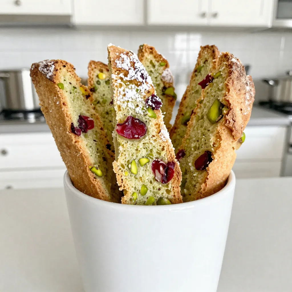 To make tasty Pistachio Cranberry Biscotti, you need the right ingredients. Here’s what you will need: - 1 cup all-purpose flour - 1/2 cup almond flour - 1 teaspoon baking powder - 1/4 teaspoon salt - 1/2 cup granulated sugar - 2 large eggs - 1 teaspoon vanilla extract - 1/2 cup unsalted pistachios, shelled and chopped - 1/2 cup dried cranberries These ingredients create a delightful mix of flavors and textures. The nutty pistachios pair well with sweet cranberries. You can add some extra flavors to make your biscotti even better. Here are two optional ingredients: - Zest of 1 orange - 1/4 teaspoon almond extract The orange zest adds a fresh, bright note. The almond extract deepens the nutty flavor. Use these to enhance your biscotti experience. Having the right tools makes baking easier. Here’s what you’ll need: - Mixing bowls - Whisk - Baking sheet - Parchment paper - Serrated knife These tools help you mix, shape, and slice the biscotti. Using parchment paper will help with easy cleanup. {{ingredient_image_1}} First, you need to gather all the ingredients. Here’s what you will need: - 1 cup all-purpose flour - 1/2 cup almond flour - 1 teaspoon baking powder - 1/4 teaspoon salt - 1/2 cup granulated sugar - 2 large eggs - 1 teaspoon vanilla extract - 1/2 cup unsalted pistachios, shelled and chopped - 1/2 cup dried cranberries - Zest of 1 orange (optional for added flavor) - 1/4 teaspoon almond extract (for depth of flavor) Start by preheating your oven to 350°F (175°C). Line a baking sheet with parchment paper. In a medium bowl, whisk together the all-purpose flour, almond flour, baking powder, and salt. Mix well and set aside. In a large bowl, beat the granulated sugar and eggs together. Mix until the color is pale and the mixture is thick, about 3-4 minutes. Next, stir in the vanilla extract, almond extract, and orange zest if you want that extra zing. Now, gradually add the flour mixture to the egg mixture. Mix just until combined. Be careful not to over-mix! Finally, fold in the chopped pistachios and dried cranberries until well spread throughout the dough. Once your dough is ready, it's time to shape it. Use your hands to form the dough into a log. Aim for a log about 12 inches long and 3 inches wide. Flatten the top slightly as you shape it. Place the log on the prepared baking sheet. Bake your log in the oven for about 25-30 minutes. You want it to be lightly golden and firm to the touch. After baking, let it cool for about 10 minutes. This cooling time helps with slicing later. After the log cools a bit, grab a serrated knife. Cut the log on a diagonal into 1-inch thick slices. Make sure to use a gentle sawing motion to avoid crumbling the biscotti. Now, place the slices cut side down on the baking sheet. Bake them for another 10-15 minutes. Flip them halfway through to ensure they bake evenly. You want them crisp and golden. Once done, remove them from the oven and let them cool completely on the baking sheet. Enjoy your homemade pistachio cranberry biscotti! To make your biscotti crunchy yet tender, focus on mixing. Combine the dry and wet ingredients gently. Over-mixing can lead to tough cookies. After shaping the log, let it cool a bit before slicing. This helps keep the shape and texture. Remember to slice the log diagonally for larger pieces. They bake more evenly this way. Store your biscotti in an airtight container. This keeps them fresh and crunchy. You can also place a piece of bread in the container. It adds moisture and helps keep the biscotti soft. If you want to keep them longer, consider freezing them. Just wrap them tightly in plastic wrap and place them in a freezer bag. If you want a softer biscotti, reduce the second baking time. Bake for about 8-10 minutes instead of 10-15 minutes. This makes them chewier. For a crunchier texture, stick to the full time. Keep an eye on them during baking. Each oven is different, and you want them golden brown. Pro Tips Use Fresh Ingredients: Always opt for fresh cranberries and pistachios to enhance the flavor and texture of your biscotti. Double Bake for Crunch: Ensure that you bake the slices a second time until they are golden brown for that perfect crunch. Cool Completely: Allow the biscotti to cool completely on the baking sheet to maintain their crispness before storing. Customize Flavors: Feel free to experiment with different nuts or dried fruits, like almonds or apricots, to create your unique twist on this classic recipe. {{image_2}} You can change the nuts or fruits in your biscotti. Use almonds, walnuts, or hazelnuts instead of pistachios. Each nut brings its own flavor. For fruits, swap dried cranberries for raisins or cherries. This will give your biscotti a new taste. Biscotti can be fun to customize! Try adding chocolate chips for a sweet twist. You can also mix in spices like cinnamon or nutmeg for warmth. A little espresso powder adds depth too. These changes can transform your biscotti into a special treat. If you need a gluten-free option, you can use gluten-free flour blends. Make sure to check the blend for a good texture. Almond flour works well as a substitute too. Just keep the same ratios to ensure your biscotti turns out great. To keep your pistachio cranberry biscotti fresh, store them in an airtight container. This helps keep them crunchy and flavorful. Place parchment paper between layers if you stack them. Avoid moisture, as it can make the biscotti soft. You can freeze biscotti for longer storage. First, let them cool completely. Then, wrap each piece in plastic wrap. Place the wrapped biscotti in a freezer bag. They will stay fresh for up to three months. To enjoy, thaw them at room temperature or toast them for a few minutes. When stored properly, biscotti lasts about two weeks at room temperature. If you freeze them, they can last much longer. Just remember, the longer they sit, the less fresh they taste. Enjoy your biscotti while they are at their best! Yes, you can use other types of flour. For a gluten-free option, try using almond flour or a gluten-free blend. You can mix in some coconut flour too. Just remember, different flours absorb moisture differently. Adjust the liquid in your recipe if needed. You can use several egg substitutes in this recipe. One common option is using flaxseed meal. Mix 1 tablespoon of flaxseed meal with 2.5 tablespoons of water. Let it sit for a few minutes to thicken. Another option is unsweetened applesauce. Use 1/4 cup of applesauce per egg. You will know your biscotti is done when it is lightly golden and firm to touch. The center should not feel soft. After the first bake, slice the log and return the pieces to the oven. Bake until crisp and golden, which usually takes 10 to 15 minutes. The aroma will also tell you they are ready! In this article, we explored the world of Pistachio Cranberry Biscotti. I shared essential ingredients, step-by-step instructions, and helpful tips. You can tweak flavors and storage methods for your perfect biscotti. Experiment with different nuts or fruits to find your favorite mix. Remember, biscotti are best fresh but freeze well for later. Enjoy baking these delightful treats, and have fun customizing them to your taste. Happy baking!