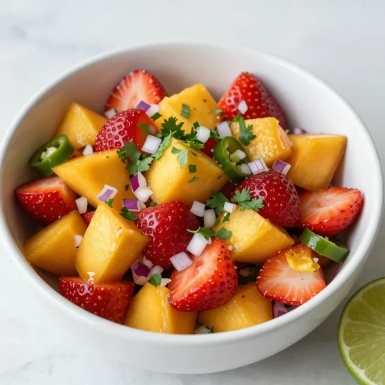 - 1 cup strawberries, hulled and diced - 1 cup mango, peeled and diced - 1/2 red onion, finely chopped - 1 jalapeño, deseeded and finely minced - 1/4 cup fresh cilantro, chopped - Juice of 1 lime - Salt to taste Strawberries bring sweetness and color to this salsa. They should be fresh and ripe. Mangoes add a tropical twist. Choose a ripe mango that gives slightly when you press it. Red onion gives a nice crunch and sharpness. Jalapeño adds heat, but you can adjust it to your taste. Fresh cilantro adds a burst of flavor. Lime juice brightens the whole dish. Salt enhances all the flavors. - If you can't find strawberries, try peaches or nectarines. - For mango, papaya or kiwi can work well too. - You can swap lime juice with lemon juice for a different taste. - If you don’t like cilantro, parsley or mint can be good options. These substitutes will keep the salsa fresh and tasty. Mixing different fruits can create new flavors. Feel free to experiment and make it your own! {{ingredient_image_1}} 1. In a medium mixing bowl, combine 1 cup of hulled and diced strawberries and 1 cup of peeled and diced mango. This mix creates a bright and sweet base. 2. Next, add 1/2 a finely chopped red onion. The onion brings a nice crunch and a hint of sharpness. 3. Then, add 1 minced jalapeño, making sure to deseed it first. Adjust the amount based on your spice preference. Finally, gently fold in 1/4 cup of chopped fresh cilantro. This herb adds freshness and depth to the salsa. 4. Squeeze the juice of 1 lime over your mixture. This adds brightness and balances the sweetness of the fruits. Sprinkle in salt to taste. Salt enhances all the flavors. 5. Now, mix everything together gently. You want to keep the fruits intact while ensuring they combine well. 6. Let the salsa rest for about 10 minutes. This short pause allows the flavors to meld beautifully. The wait is worth it! - Ideal serving bowls and garnishes: Use a bright bowl that highlights the colors. A clear glass bowl shows off the salsa well. Garnish with extra cilantro and a lime wedge for a fresh look. - Pairings with main dishes: This salsa pairs great with grilled chicken or fish. The sweet and spicy flavors complement savory dishes nicely. You can also serve it with tacos for a fun twist. - Best ways to enjoy with tortilla chips: For the best crunch, use thick tortilla chips. Scoop a generous amount of salsa on each chip. Enjoy every bite with the fresh flavors of fruit. - How to select ripe fruit: Choose strawberries that are bright red and firm. The mango should feel slightly soft but not mushy. Check for a sweet smell at the stem; that means it's ripe. - Adjusting spice levels: If you like more heat, add more jalapeño. For a milder taste, remove all the seeds from the jalapeño. Mix and taste until it fits your spice level. - Maximizing flavor freshness: Always use fresh ingredients for the best taste. Prepare the salsa just before serving to keep the flavors bright. Let it rest for 10 minutes to deepen the flavor before enjoying. Pro Tips Choose Ripe Fruits: Ensure your strawberries and mangoes are perfectly ripe for the best flavor and sweetness in your salsa. Adjust Spice Level: If you prefer a milder salsa, you can omit the jalapeño or use a smaller amount to suit your taste. Let It Rest: Allowing the salsa to sit for about 10 minutes helps the flavors meld together beautifully, enhancing the overall taste. Serve Cold: For the freshest taste, serve the salsa chilled. This makes it a refreshing option for hot days or gatherings. {{image_2}} You can easily change up this salsa to fit your taste. Here are some fun ideas: - Tropical fruits addition: Try adding diced pineapple or kiwi. These fruits bring more sweetness and a fun twist. - Adding spices for heat: If you like spice, add chipotle or cayenne pepper. Start small; you can always add more. - Creative flavor enhancements: A drizzle of honey adds sweetness. Fresh ginger gives a zesty kick. These flavors make it unique and exciting. Adapting this salsa for different diets is simple. Here are some options: - Vegan-friendly adjustments: This recipe is already vegan. You can enjoy it without worry! - Gluten-free serving options: Serve with gluten-free chips or fresh veggies. You can pair it with grilled meat or fish. - Low-sodium alternatives: Use less salt or try adding lime juice for flavor. This keeps it tasty without excess sodium. Store your salsa in an airtight container. Glass or plastic containers work well. Make sure the lid seals tightly. This helps keep the salsa fresh and flavorful. Put the container in the fridge right after making it. Cold temperatures slow down spoilage. Avoid leaving the salsa out for too long. Keeping it chilled protects the taste and texture. You can enjoy your salsa for about 3 days in the fridge. After that, it may lose its bright flavors. Look out for signs of spoilage. If the colors fade or the salsa smells off, it’s time to toss it. Mold is another clear sign that it’s no longer safe to eat. Can I make this salsa ahead of time? Yes, you can make this salsa ahead of time. I suggest making it a few hours before serving. It needs time to blend the flavors. However, I recommend not making it too far in advance. Fresh fruit can lose its crunch and color. What fruits work best in this recipe? Strawberries and mango are the stars of this recipe. They bring sweetness and juiciness. You can also try other fruits like peaches or kiwi. Just ensure the fruits are ripe for the best taste. How spicy is this salsa and how can I adjust it? The heat level depends on the jalapeño used. With one jalapeño, it has a mild spice. If you like more heat, add another jalapeño or leave some seeds in. For less spice, use half a jalapeño or skip it altogether. Caloric content and serving size One serving of this salsa has about 50 calories. This recipe serves four, so total calories are around 200. This makes it a light and tasty dip. Health benefits of the ingredients Strawberries are high in vitamin C and antioxidants. Mangoes provide vitamins A and C as well. Red onion adds flavor and has heart health benefits. Cilantro is great for digestion. Lime juice adds vitamin C and helps keep it fresh. This salsa is not just tasty; it is also good for you! To wrap this up, we explored the vibrant world of strawberry mango salsa. We covered key ingredients, easy steps for preparation, and tips for serving. I shared ways to adapt the recipe and storage advice to keep it fresh. Remember, salsa is fun and flexible! Feel free to experiment with flavors and enjoy bright, tasty bites. With your newfound knowledge, creating this refreshing dish will be a breeze. Enjoy your salsa-making adventure!