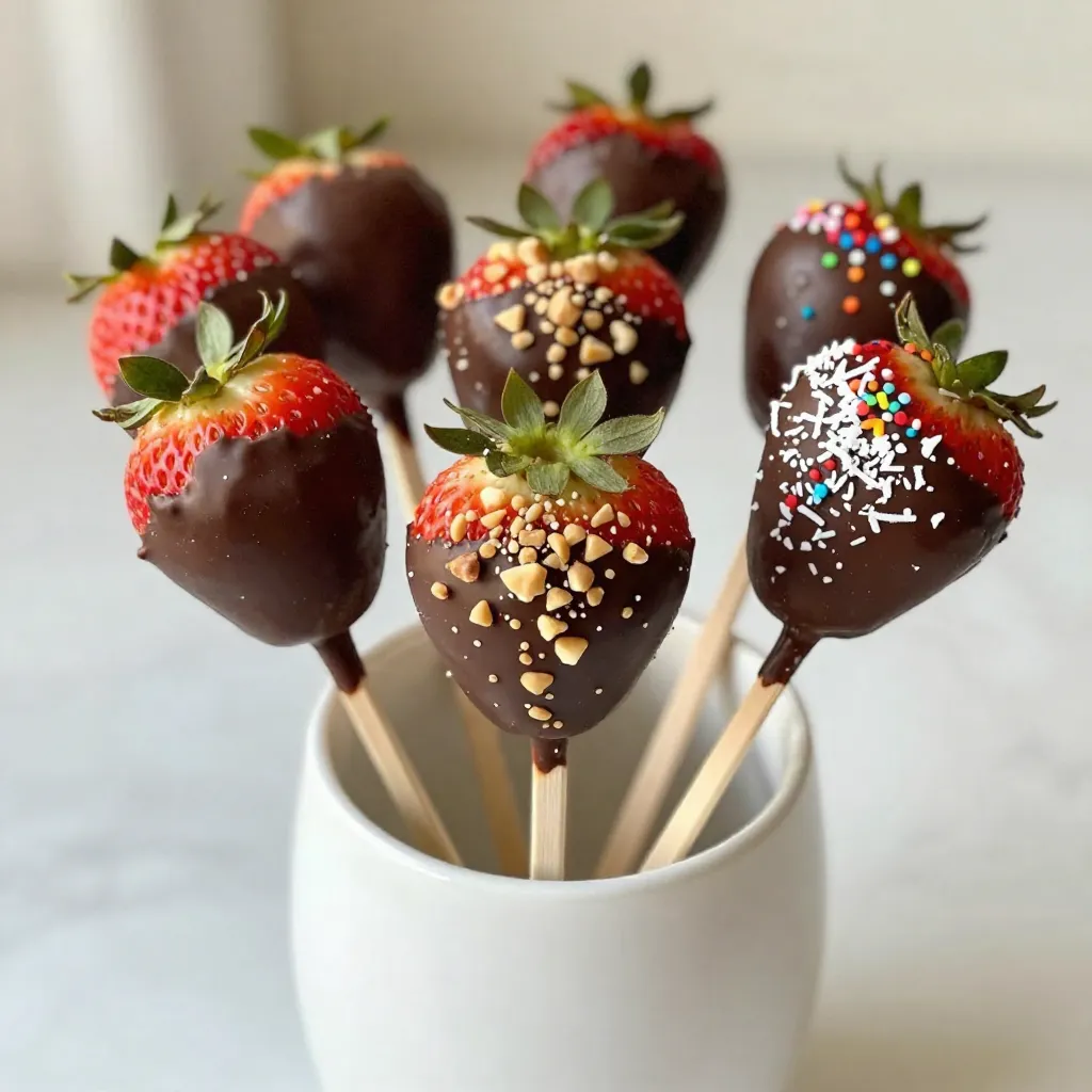 To make delicious chocolate covered strawberry pops, gather these simple ingredients: - 12 large strawberries, washed and dried - 1 cup dark chocolate chips - 1 tablespoon coconut oil - 1/4 cup crushed nuts (e.g., almonds or pistachios) - 1/4 cup shredded coconut (unsweetened) - 12 wooden sticks or skewers - Sprinkles (optional for decoration) Each ingredient plays an important role. The strawberries give a fresh taste, while the dark chocolate adds rich flavor. Coconut oil helps the chocolate melt smoothly. Crushed nuts and shredded coconut bring texture and crunch. Finally, sprinkles can add a fun touch for any occasion. Preparing these pops is fun and easy. You will impress your friends and family with this treat! {{ingredient_image_1}} First, wash the strawberries gently under cool water. After that, dry them well with a clean towel. This step is very important. If the strawberries are wet, the chocolate won’t stick. Next, take your wooden sticks. Insert each stick into the stem end of the strawberry. Make sure the stick goes in halfway. This helps keep the strawberry sturdy. To melt the chocolate, grab a microwave-safe bowl. Add one cup of dark chocolate chips and one tablespoon of coconut oil. The coconut oil helps make the chocolate smooth. Heat the bowl in the microwave for 30 seconds. Take it out and stir. Repeat this until the chocolate is fully melted and creamy. Be careful not to overheat it. Now it's time to dip! Hold each strawberry by the stick and dip it into the melted chocolate. Swirl it around to cover it well. Lift it out and let the extra chocolate drip off. While the chocolate is still wet, you can add toppings. Sprinkle crushed nuts, shredded coconut, or fun sprinkles for extra flavor and crunch. Place the chocolate-covered strawberries on a baking sheet lined with parchment paper. Make sure they are not touching each other. Repeat the dipping and decorating until all strawberries are done. Finally, chill the baking sheet in the fridge for about 30 minutes. This helps the chocolate set properly. Enjoy your tasty treats! To make sure the chocolate sticks well, dry your strawberries completely. Any water can cause the chocolate to slide off. Next, use a microwave to melt your chocolate. Add one tablespoon of coconut oil to help the chocolate stay smooth. Microwave in 30-second bursts, stirring after each. This way, you avoid burning the chocolate and keep it silky. Chocolate can seize up if it gets too hot or comes into contact with water. To prevent this, do not overheat it. If you notice it thickening, add a bit more coconut oil. Stir until it smooths out again. For a fun display, stand your chocolate-covered pops upright. You can use a glass or a block of Styrofoam. This makes them look great and easy to grab. Pair these pops with other sweet treats for a dessert table. They go well with cookies, brownies, or even ice cream. Mix and match for a colorful and tasty spread. Your guests will love this! Pro Tips Dry Strawberries Thoroughly: Ensure that the strawberries are completely dry before dipping them into chocolate. Any moisture can cause the chocolate to seize and not adhere properly. Use Quality Chocolate: Opt for high-quality dark chocolate for the best flavor and smooth melting. This will enhance the overall taste of your chocolate-covered strawberry pops. Experiment with Toppings: Feel free to get creative with toppings! Try different nuts, seeds, or even crushed cookies to add unique flavors and textures to your pops. Chill Before Serving: Allow the pops to chill in the refrigerator until the chocolate is completely set. This will help maintain their shape and make them easier to handle when serving. {{image_2}} You can have fun with chocolate types. Dark chocolate tastes rich and deep. Milk chocolate adds sweetness. White chocolate brings a creamy touch. You can mix these chocolates for a new taste. Try half dark and half milk for a balanced flavor. Toppings can make your pops special. Roll them in crushed nuts for crunch. Almonds and pistachios work well. Shredded coconut adds a tropical feel. You can also use sprinkles for color. Each topping changes the look and taste. Strawberries are great, but other fruits work, too! Bananas make for a soft, sweet treat. Pineapple chunks add a juicy twist. Try apple slices for a crunchy bite. You can even use grapes, which are fun and easy to pop in your mouth. Seasonal fruits can inspire your choices. In summer, use peaches or raspberries. Fall is perfect for apples or pears. Each season brings new fruits to try. Choose what looks best at the market for fresh flavors! To keep your chocolate-covered strawberry pops fresh, place them in the fridge. Use an airtight container to prevent them from drying out. If you stack them, add parchment paper between layers. This keeps the chocolate from sticking. The pops will stay fresh for about three days in the fridge. Yes, you can freeze chocolate-covered strawberry pops! To freeze them, lay the pops on a baking sheet. Make sure they do not touch each other. Place the baking sheet in the freezer for about an hour. Once frozen, transfer the pops to a freezer-safe bag or container. This prevents freezer burn. To thaw, take the pops out of the freezer. Leave them in the fridge for a few hours. Avoid thawing them at room temperature. This helps keep the chocolate smooth and shiny. Enjoy your tasty treats even after freezing! Chocolate-covered strawberries last about 1 to 2 days in the fridge. After that, the strawberries can get mushy. For best taste, eat them fresh. Yes, you can use milk chocolate. It will taste sweeter than dark chocolate. You might want to adjust the toppings to balance the sweetness. If you don’t have coconut oil, use vegetable oil instead. It helps the chocolate melt smoothly and stay shiny. You can also skip it, but the chocolate may not coat as well. Yes, these pops are safe for kids. Just watch for allergies to nuts or coconut. They are a fun treat for parties and special occasions. You can find premade chocolate-covered strawberry pops at bakeries or specialty stores. Check local grocery stores too. Online shops often sell them, making it easy to order. You learned how to make tasty chocolate-covered strawberry pops with simple steps. Remember to dry the strawberries and melt the chocolate carefully. You can try different toppings and fruits for fun twists. Store your pops well to enjoy later. This treat is easy, fun, and great for sharing. Enjoy making and eating them!