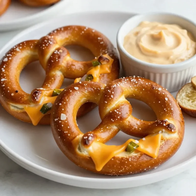 To make Jalapeño Cheddar Stuffed Pretzels, you need a few key ingredients. This list is simple and easy to gather. Here are the items you will need: - 2 cups warm water (110°F to 115°F) - 1 packet (2 1/4 teaspoons) active dry yeast - 1 tablespoon brown sugar - 4 1/2 cups all-purpose flour - 1 teaspoon salt - 1/4 cup baking soda - 1 large egg, beaten (for egg wash) - 1 cup sharp cheddar cheese, shredded - 1-2 fresh jalapeños, diced (remove seeds for less heat) - Coarse sea salt, for sprinkling - Optional: melted butter for brushing Each ingredient plays a role in flavor and texture. The warm water helps activate the yeast. The yeast makes the dough rise. Brown sugar adds a slight sweetness. Salt brings balance to the flavors. Sharp cheddar cheese gives a bold taste. Jalapeños add heat and spice. Coarse sea salt is perfect for topping. If you want a rich finish, brush with melted butter after baking. Gather these ingredients before you start. This will make the process smooth and fun! {{ingredient_image_1}} Start by mixing warm water, yeast, and brown sugar. The water should feel warm, but not hot. Let this mixture sit for about five minutes. You want it to get frothy. This means the yeast is alive and ready to work. Next, add the flour and salt to the yeast mixture. Stir until you form a dough. Use your hands to knead it. Knead for about five to seven minutes until it becomes smooth and elastic. This step is key for a good texture. Now, place the dough in a greased bowl. Cover it with a clean towel. Let it rise in a warm spot for about one hour. It should double in size. This rising time helps create a light and fluffy pretzel. While the dough rises, prepare your filling. In a bowl, mix the shredded cheddar cheese with the diced jalapeños. If you want less heat, make sure to remove the seeds from the jalapeños. Set this mixture aside for later. Once the dough has risen, punch it down gently. Turn it out onto a floured surface. Divide the dough into eight equal pieces. Roll each piece into a long rope, about 24 inches. Flatten each rope slightly to get ready for stuffing. Preheat your oven to 450°F (230°C). In a large pot, boil about 10 cups of water. Add baking soda to the boiling water. Boil each pretzel for 30 seconds. Remove them and place them on a parchment-lined baking sheet. Brush each pretzel with the beaten egg and sprinkle coarse sea salt on top. Bake for 12 to 15 minutes, until they are golden brown and puffed up. For extra flavor, brush with melted butter after baking. Enjoy your tasty creation! To make the best dough, use warm water, not hot. The right temperature is key. It should feel warm to your touch, around 110°F to 115°F. When you mix in the yeast, let it sit until it gets frothy. This shows your yeast is alive and ready. When adding flour, do it slowly. Mix until you see a smooth dough. Knead it well for about 5-7 minutes. The dough should feel elastic and soft. This step is very important for a great pretzel. Shaping pretzels can be fun! After dividing the dough, roll each piece into a long rope. Aim for about 24 inches. Make sure it’s even. Flatten the rope a bit before adding your filling. When you put the cheese and jalapeños inside, fold the sides over. Pinch them well to seal. This keeps the filling inside while cooking. Twist the dough into a classic pretzel shape. Don’t worry if it’s not perfect; practice makes better! Adding flavor is easy! Use sharp cheddar for a bold taste. If you want more heat, keep some jalapeño seeds. For extra flavor, brush the warm pretzels with melted butter after baking. This adds a rich taste that everyone loves. You can also sprinkle on herbs like garlic powder or onion powder for a twist. Serving with spicy mustard or cheese dip brings a nice kick and pairs well with the pretzels. Pro Tips Proof Your Yeast: Always ensure your water is at the right temperature (110°F to 115°F) to activate the yeast effectively. If it’s too hot, it can kill the yeast, and if it’s too cold, it won't activate. Use Fresh Jalapeños: For the best flavor and heat, opt for fresh jalapeños. Remove the seeds for a milder taste, or leave them in if you prefer more spice. Perfect Your Twist: When shaping the pretzels, ensure you twist them tightly to prevent them from unraveling during boiling and baking. Serve Warm: Pretzels are best enjoyed fresh out of the oven. Serve them warm with a side of spicy mustard or cheese dip to enhance the flavors! {{image_2}} You can switch up the cheese in these pretzels. Try pepper jack for more heat. Cream cheese adds a smooth texture and a rich taste. Mozzarella gives you that stretchy feel. Go wild and mix different cheeses together for a fun flavor. The options are endless! Want it spicier? Add more jalapeños or use a hotter variety. You could also include diced serrano peppers for extra kick. If you prefer it milder, remove the seeds from the jalapeños. You can even skip the peppers altogether for a cheesy pretzel. Top your pretzels with fun extras! Try sesame seeds or poppy seeds for added crunch. You can sprinkle garlic powder or onion powder on top for more flavor. After baking, brush with melted butter and add fresh herbs for a twist. These toppings make each pretzel unique and delicious. You can store leftover pretzels in an airtight container. Make sure they cool first. Keep them at room temperature for up to two days. If you want to keep them longer, refrigerate for up to a week. Just remember, they may lose some of that fresh taste. To reheat, preheat your oven to 350°F (175°C). Place the pretzels on a baking sheet. Heat them for about 10-15 minutes until warm. You can also microwave them for 20-30 seconds. Just know that the microwave won't give them that crisp texture. To freeze pretzels, let them cool completely first. Wrap each pretzel tightly in plastic wrap. Then, place them in a freezer bag. They can last up to three months in the freezer. When you're ready to eat, thaw them in the fridge overnight. Reheat them in the oven for the best results. I recommend using sharp cheddar cheese. It melts well and adds great flavor. You can also use pepper jack for a spicy kick. Feel free to mix cheeses for a unique taste. Yes, you can! Prepare the pretzels up to the boiling step. Then, cover and chill them in the fridge. When ready to bake, just boil and bake them straight from the fridge. These pretzels pair well with spicy mustard or a cheesy dip. A side of salsa also adds zest. You can serve them with fresh jalapeño slices for color and crunch. To get a chewy texture, boil the pretzels in baking soda water. This step helps form a nice crust. Make sure to bake them at a high temperature for the best results. You learned how to make delicious jalapeño cheddar stuffed pretzels. We covered ingredients, steps, tips, and ways to store your treats. Remember to activate the yeast and give the dough time to rise. Don't forget to experiment with cheese and toppings for your perfect flavor. Enjoy these warm and tasty snacks fresh or reheated. They’re great for any gathering or just a cozy night in. With these tips, you can impress anyone with your baking skills. Get ready to delight your friends and family with your homemade pretzels!