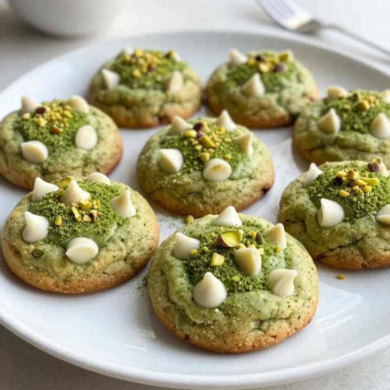 To make these yummy matcha white chocolate cookies, gather these ingredients: - 1 cup unsalted butter, softened - 1 cup brown sugar, packed - 1/2 cup granulated sugar - 2 large eggs - 2 teaspoons vanilla extract - 3 cups all-purpose flour - 1 tablespoon matcha green tea powder - 1 teaspoon baking soda - 1/2 teaspoon salt - 1 cup white chocolate chips - Optional: 1/4 cup crushed pistachios for topping You can add fun twists to your cookies with these options: - Crushed pistachios on top for extra crunch - Chopped nuts like almonds or walnuts - Dried fruit, such as cranberries or cherries - Different types of chocolate, like dark or milk Do you need to swap some ingredients? Here are some great ideas: - Use coconut oil instead of butter for a dairy-free option - Replace white sugar with coconut sugar for a healthier choice - Use almond flour or oat flour for a gluten-free version - Substitute eggs with flaxseed meal mixed with water for a vegan option These ingredients create a unique flavor that makes these cookies stand out! {{ingredient_image_1}} To make these matcha white chocolate cookies, you need to prep your kitchen. Gather all your ingredients first. This will make the process easy and fun. Preheat your oven to 350°F (175°C). Line two baking sheets with parchment paper. This helps cookies bake evenly and prevents sticking. Start with a large mixing bowl. Add 1 cup of softened unsalted butter. Then, mix in 1 cup of packed brown sugar and 1/2 cup of granulated sugar. Use an electric mixer on medium speed. Mix until the mixture looks light and fluffy. This step is key for a nice texture. Next, add 2 large eggs one at a time. Mix well after each egg. Finally, stir in 2 teaspoons of vanilla extract. Make sure everything is combined well. In another bowl, whisk together your dry ingredients. Add 3 cups of all-purpose flour, 1 tablespoon of matcha green tea powder, 1 teaspoon of baking soda, and 1/2 teaspoon of salt. Mix well until it is blended. This will help the matcha flavor shine through. Gradually add the dry mixture to your wet ingredients. Mix just until combined. You don’t want to overmix the dough. Then, fold in 1 cup of white chocolate chips. Make sure they are evenly spread throughout the dough. To make soft and chewy cookies, use softened butter. This helps mix in air and gives a fluffy texture. Do not overmix the dough when adding dry ingredients. Just mix until you see no flour. This keeps cookies from getting tough. Let the dough chill for 30 minutes if you want thicker cookies. Chilling makes them hold their shape when baking. Always preheat your oven to 350°F (175°C). This step ensures even baking. Use parchment paper on your baking sheets. It prevents sticking and helps cookies bake evenly. Space the cookie dough balls about two inches apart. This gives them room to spread out. Bake for 10-12 minutes. Look for lightly golden edges. The centers should stay soft for the best texture. If your cookies turn out flat, check your butter. It should be soft but not melted. If the dough is too dry, add a little milk or water. This can help bind the ingredients. For cookies that are too hard, reduce the baking time slightly. Always let cookies cool on the baking sheet for 5 minutes before moving them. This helps them firm up without breaking. Pro Tips Use Quality Matcha: Choose a high-quality matcha powder for the best flavor and vibrant color in your cookies. Chill the Dough: For thicker cookies, consider chilling the dough for 30 minutes before baking; this helps control spread. Don’t Overbake: Keep an eye on your cookies; they should be lightly golden on the edges and soft in the center for the perfect texture. Experiment with Mix-ins: Feel free to add other mix-ins like nuts or dried fruits to enhance the flavors in your cookies. {{image_2}} You can make gluten-free matcha white chocolate cookies easily. Substitute all-purpose flour with gluten-free flour blend. Ensure the blend has a good structure. This swap keeps the cookies soft and chewy. To create vegan matcha white chocolate cookies, swap butter with coconut oil or vegan butter. Use flax eggs instead of regular eggs. Mix one tablespoon of flaxseed meal with three tablespoons of water. Let the mix sit for five minutes to thicken. Also, choose dairy-free white chocolate chips for a vegan touch. Want to switch it up? Try adding other flavors! You can mix in nuts, like walnuts or almonds. Dried fruit, like cranberries or cherries, adds sweetness. For a zesty kick, add orange or lemon zest. These add-ins can change your cookie game! Store your matcha white chocolate cookies in an airtight container. This keeps them fresh and soft. Place a piece of bread in the container to help keep them moist. Make sure to separate layers with parchment paper. This avoids sticking and keeps cookies intact. You can freeze these cookies to enjoy later. First, let the cookies cool completely. Then, place them in a single layer on a baking sheet. Freeze for about one hour. Once frozen, transfer the cookies to a freezer bag. Remove as much air as possible before sealing. They will stay fresh for up to three months. When stored properly, matcha white chocolate cookies last for about one week at room temperature. If refrigerated, they can last up to two weeks. Keep an eye on them; if they start to look dry, it’s time to enjoy them! Matcha is a special green tea powder from Japan. It comes from ground tea leaves. This powder is bright green and full of flavor. It has a rich taste that adds depth to cookies. Matcha also brings health benefits. It has antioxidants that help your body. Using matcha in cookies makes them unique and colorful. You get a lovely green hue that stands out. Plus, the flavor pairs well with sweet white chocolate. Yes, you can use other chocolates if you want. Dark chocolate and semi-sweet chocolate work nicely. If you like a richer taste, dark chocolate is great. White chocolate is sweet and creamy, which matches well with matcha. You might also try milk chocolate for a smoother flavor. Just remember, the type of chocolate will change the taste of your cookies. Ovens can vary in heat and performance. If you have a convection oven, reduce the baking time by a few minutes. Check your cookies a bit earlier. If your oven tends to run hot, lower the temperature by 25°F. This helps prevent burning. Always keep an eye on your cookies as they bake. Look for lightly golden edges and soft centers for the best results. Adjusting these factors helps you bake perfect matcha white chocolate cookies every time. This blog post covered all you need to make delicious matcha white chocolate cookies. We explored key ingredients and possible substitutions. Then, we discussed preparation steps, mixing methods, and how to get the perfect texture. I shared helpful tips for baking success and creative variations for different diets. Finally, we talked about storage and answered common questions. Now, you're ready to bake these tasty treats with confidence! Enjoy making your cookies unique and delicious.