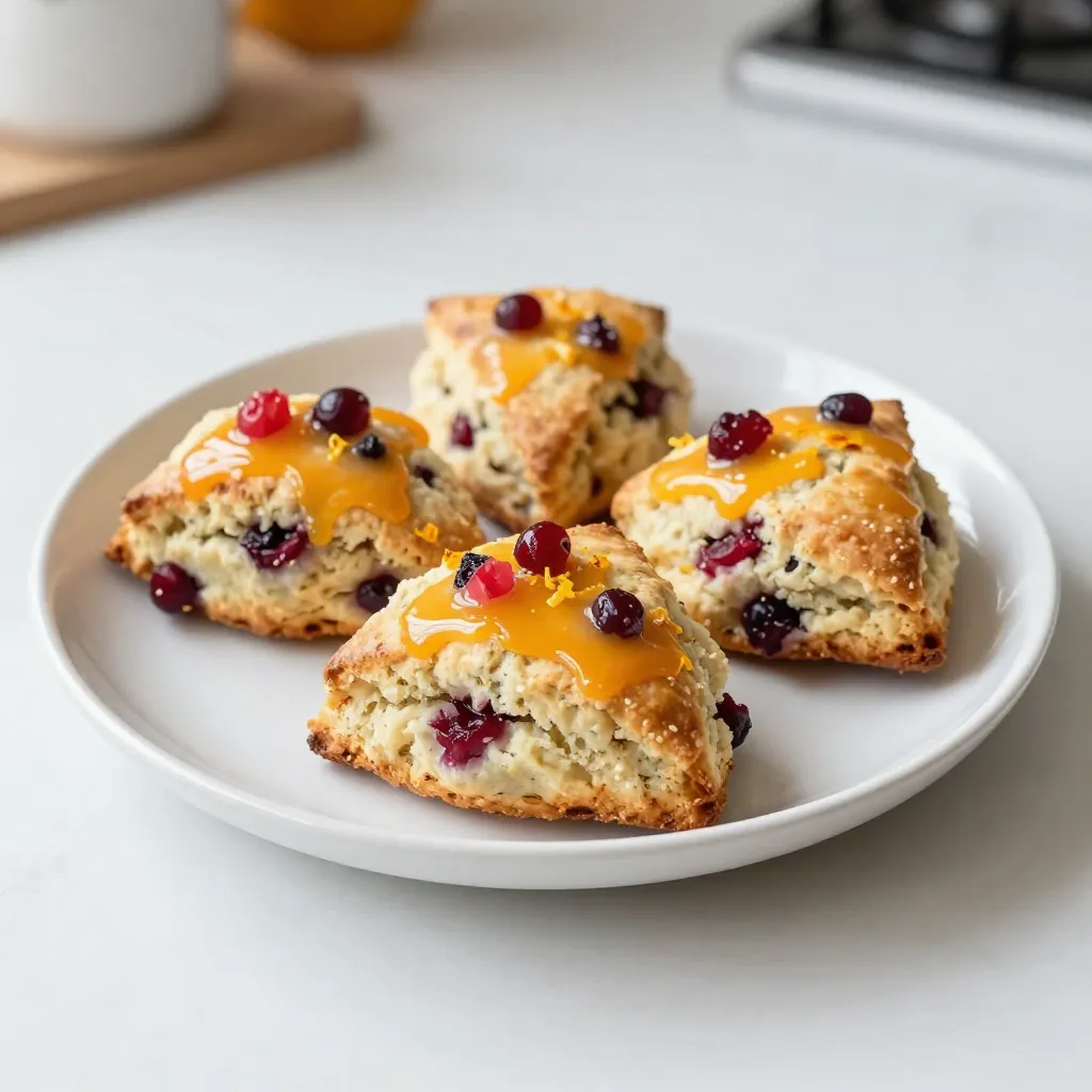 - 2 cups all-purpose flour - 1/2 cup granulated sugar - 1 tablespoon baking powder - 1/2 teaspoon salt - 1/4 cup cold unsalted butter, cubed - 3/4 cup fresh cranberries, chopped - Zest of 1 orange - 1/2 cup buttermilk - 1 large egg - 1 teaspoon vanilla extract - 1/2 cup powdered sugar (for glaze) - 1-2 tablespoons fresh orange juice (for glaze) To make the best cranberry orange scones, you need fresh ingredients. Start with all-purpose flour for a light texture. The granulated sugar adds sweetness, while the baking powder helps them rise. A touch of salt brings out the flavors. Using cold unsalted butter is key for flakiness. Chop fresh cranberries for a burst of tartness. The zest of one orange gives a bright, citrus flavor that pairs well with the cranberries. Buttermilk keeps the scones moist and tender. A large egg helps bind everything together. Vanilla extract adds warmth and depth. For the glaze, powdered sugar and fresh orange juice create a sweet finish. Gather these ingredients before you start. Each one plays a role in making these scones scrumptious and easy to bake. {{ingredient_image_1}} 1. First, preheat your oven to 400°F (200°C). This step is key for a perfect bake. 2. Line a baking sheet with parchment paper. This will keep the scones from sticking. 3. In a large mixing bowl, whisk together: - 2 cups all-purpose flour - 1/2 cup granulated sugar - 1 tablespoon baking powder - 1/2 teaspoon salt This mixes the dry ingredients well. 1. Add 1/4 cup of cold unsalted butter, cubed, into the dry mix. 2. Use a pastry cutter or your fingers to mix the butter in. Keep mixing until it looks like coarse crumbs. 3. Now, gently fold in: - 3/4 cup fresh cranberries, chopped - Zest of 1 orange This adds great flavor and color to your dough. 4. In a separate bowl, whisk together: - 1/2 cup buttermilk - 1 large egg - 1 teaspoon vanilla extract This mixture will bring moisture to your dough. 5. Gradually add the wet mix to the dry ingredients. Stir until just combined. Do not overmix; you want it to be light. 1. Turn the dough onto a floured surface. Gently knead it a few times until it holds together. 2. Pat the dough into a circle, about 1-inch thick. Cut it into wedges, like a pizza. 3. Place the wedges on the prepared baking sheet, leaving space between each one. 4. Bake them for 15-18 minutes. They should be golden brown when done. 5. While they bake, prepare the glaze by whisking together: - 1/2 cup powdered sugar - 1-2 tablespoons fresh orange juice This will give your scones a sweet finish. 6. Once the scones are baked, let them cool for a few minutes. Then, drizzle the glaze over them. Enjoy your freshly baked scones! To make the best cranberry orange scones, avoid overmixing the dough. Mix the wet and dry ingredients just until they combine. If you stir too much, the scones can turn tough. When cutting the scone wedges, use a sharp knife. Press down firmly to make clean cuts. This helps the scones rise evenly while baking. For a beautiful presentation, serve the scones warm. Place them on a tiered cake stand or a wooden board. Garnish with extra cranberries and orange slices for a festive look. Pair your scones with clotted cream or butter for a rich taste. A cup of tea or coffee complements the flavors well. Enjoy your scones fresh for a delightful treat! Pro Tips Chill the Dough: For best results, chill the scone dough for 15-30 minutes before baking. This helps the butter firm up and results in a flakier texture. Use Fresh Cranberries: Opt for fresh cranberries rather than dried for a burst of tartness. If fresh cranberries are unavailable, frozen can be used; just do not thaw them first. Don’t Overmix: Mix the dough until just combined to avoid tough scones. The goal is to have a light, tender texture. Glaze Variation: For an extra flavor twist, add a pinch of cinnamon or nutmeg to the glaze for a warm spice note that complements the citrus. {{image_2}} You can change the fruits in these scones for fun. Try using blueberries or raspberries instead of cranberries. Each fruit brings a unique taste. Fresh or dried fruits work well. You can also add spices like cinnamon or nutmeg. A dash of almond extract can add a nice twist too. If you want a gluten-free option, you can use gluten-free flour. Look for blends made for baking. They work well in scone recipes. For a dairy-free version, use almond milk or coconut milk instead of buttermilk. Replace the butter with coconut oil or a dairy-free spread. These swaps make the scones friendly for many diets. To keep your scones fresh, store them in an airtight container. This method locks in moisture and prevents them from getting dry. Place parchment paper between layers if stacking them. If you want to freeze scones, wrap each one in plastic wrap tightly. Then, put them in a freezer bag. This way, they won’t stick together. When you’re ready to eat, just take one out. Let it thaw in the fridge overnight, or warm it in the oven for a few minutes. Homemade scones last about 2-3 days at room temperature. If you store them properly, they can stay fresh in the fridge for up to a week. Freezing extends their life for about 3 months. Always check for signs of spoilage before eating. Enjoy your scones at their best! Can I use frozen cranberries? Yes, you can use frozen cranberries. Just chop them while still frozen. They will work well in your scones. Keep in mind, they may add a bit more moisture. How can I make scones ahead of time? You can prepare the dough a day in advance. Wrap it tightly and store it in the fridge. When ready, cut and bake the scones straight from the fridge. What’s the best way to reheat scones? To reheat scones, preheat your oven to 350°F (175°C). Place the scones on a baking sheet. Heat for about 5-10 minutes. This keeps them warm and fresh. Can I substitute butter with oil? Yes, you can substitute butter with oil. Use about 3-4 tablespoons of oil for this recipe. However, butter gives the best flavor and texture. You learned how to make tasty cranberry orange scones. We covered the key ingredients, easy steps, and helpful tips for perfecting your scones. Remember, folding gently is key to a great texture. You can explore fun flavor variations and smart storage options too. Enjoy your scones fresh or warmed. With these tips, you can impress anyone with your baking skills. Dive into this delicious recipe and make it your own!