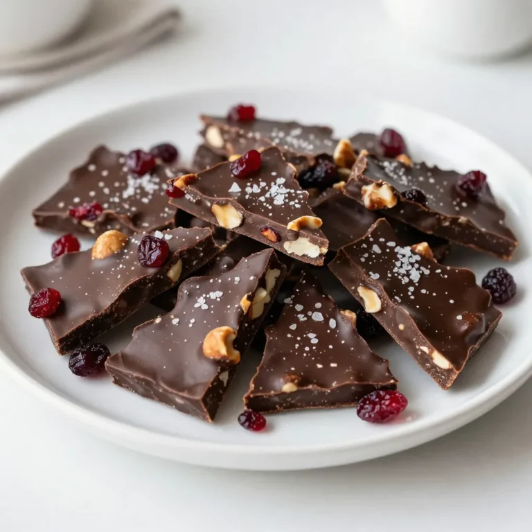 - 8 oz dark chocolate (70% cocoa or higher) - 1 cup mixed nuts (almonds, walnuts, and pistachios) - ½ cup dried cranberries or cherries - ¼ cup flaky sea salt (such as fleur de sel) - Parchment paper for baking Dark chocolate is the star of this treat. Look for chocolate with at least 70% cocoa. This gives the bark a rich, bold flavor. Next, mixed nuts add crunch and healthy fats. Almonds, walnuts, and pistachios blend well together. Dried cranberries or cherries offer a sweet and tart touch. Flaky sea salt is optional, but it adds a nice contrast. It enhances the chocolate's flavor. Parchment paper helps make baking easier. It prevents sticking and makes cleanup a breeze. Gather these ingredients, and you're ready to make a simple gourmet treat! {{ingredient_image_1}} - Prepare the baking sheet with parchment paper. Line the sheet fully to stop sticking. This makes clean-up fast and easy. - Melt the dark chocolate safely. Take 8 ounces of dark chocolate and break it into small pieces. Use a microwave-safe bowl. Heat it in 30-second bursts, stirring each time. Stop when it is smooth and shiny. Do not overheat, or it may burn. - Combine with add-ins and spread onto the baking sheet. Once the chocolate melts, mix in 1 cup of mixed nuts and ½ cup of dried cranberries. Stir until they are coated in chocolate. Pour this mix onto the parchment-lined sheet. Use a spatula to spread it evenly, about ¼ inch thick. - Add flaky sea salt and set in the refrigerator. While the chocolate is still warm, sprinkle ¼ cup of flaky sea salt on top. Press it in gently to stick. Slide the baking sheet into the fridge. Let it chill for 1-2 hours until it hardens. - Break into irregular pieces for serving. When set, take it out of the fridge. Use your hands or a knife to break the bark into uneven pieces. This gives it a rustic look. - Tips for presentation and gifting. Serve the bark on a nice platter. If you want to gift it, wrap pieces in cellophane and tie them with a ribbon. It looks great and tastes even better! To melt chocolate, keep it smooth and creamy. First, break the chocolate into small pieces. This helps it melt evenly. Avoid using high heat, as it can burn. I suggest using a microwave on low power. Heat the chocolate in 30-second bursts. Stir it well between each burst. Stop when just a few small lumps remain. The heat will finish melting them. You can change your bark for fun flavors. Try adding different nuts like pecans or cashews. You can also mix in seeds, like pumpkin or sunflower seeds. For a fruity twist, use dried apricots or raisins. If you want a sweeter bark, use maple syrup or honey. You can sprinkle on coconut flakes or crushed pretzels for extra crunch. Serve your dark chocolate sea salt bark on a pretty plate. It looks great cut into irregular pieces. For gifts, wrap pieces in cellophane and tie with a ribbon. Store the bark in an airtight container. Keep it in a cool, dry place. To enjoy with drinks, pair it with coffee or tea. A glass of red wine also works well. Pro Tips Quality Chocolate Matters: Use high-quality dark chocolate with at least 70% cocoa for the best flavor and texture. Customize Your Add-ins: Feel free to swap out the nuts and dried fruit with your favorites, such as cashews or raisins! Keep It Cool: If your kitchen is warm, consider chilling the chocolate mixture briefly before spreading to prevent it from melting too quickly. Storage Tips: Store the bark in an airtight container in a cool, dry place to maintain its crispness. {{image_2}} Dark chocolate offers many health benefits. It contains antioxidants that help fight free radicals in the body. These antioxidants may reduce the risk of some diseases. Dark chocolate can also support heart health. It may lower blood pressure and improve blood flow. Aim for chocolate with 70% cocoa or higher for the best benefits. Nuts bring healthy fats and protein to this treat. Almonds, walnuts, and pistachios provide a crunchy texture. These nuts also help keep you full longer. Dried cranberries or cherries add sweetness and flavor. They are rich in antioxidants, which protect your cells. Together, these ingredients make the bark not just tasty but healthy too. While dark chocolate sea salt bark is healthy, eat it in moderation. A suggested serving size is about one piece. This keeps your treat enjoyable without going overboard. Balance is key to enjoying sweets while maintaining a healthy diet. To keep your dark chocolate sea salt bark fresh, use an airtight container. Choose a container that is not too big, so the bark doesn't move around too much. I recommend glass or plastic containers with tight seals. Store the bark in a cool, dry place, away from sunlight. Heat and moisture can ruin the bark’s texture and flavor. If stored properly, the bark can last up to two weeks. If you want to keep the bark longer, freezing is a great option. To freeze, wrap the bark tightly in plastic wrap. Then, place it in a freezer-safe container. Make sure to label it with the date. You can freeze it for up to three months. When you are ready to enjoy it, thaw the bark in the fridge overnight. This method helps it retain its texture. Avoid thawing at room temperature, as this can cause moisture to form on the bark. How long does the bark last? Dark chocolate sea salt bark lasts about two weeks. Keep it in an airtight container at room temperature. If you want it to last longer, you can store it in the fridge. Just remember to bring it back to room temperature before enjoying. Can I substitute other types of chocolate? Yes, you can use milk or white chocolate. However, this will change the taste. Dark chocolate gives a rich flavor that pairs well with sea salt. If you like sweeter treats, milk chocolate may be a good choice. Options for nut allergies If you have nut allergies, use seeds instead. Sunflower seeds or pumpkin seeds work well. They add a nice crunch without nuts. You can also skip the nuts and add more dried fruit for extra flavor. Alternatives to dried fruits You can use other dried fruits like apricots or raisins. If you want a different texture, try adding crispy rice cereal. This will give your bark a fun crunch while keeping it sweet. Recommendations for online purchasing You can find dark chocolate sea salt bark on many websites. Look for specialty food shops or major retailers like Amazon. They often have a wide selection and may offer different brands. Best brands to look for in stores In stores, I recommend brands like Ghirardelli or Scharffen Berger. They offer high-quality dark chocolate. Be sure to check the cocoa content; choose 70% or higher for the best flavor. This blog post walked you through making dark chocolate sea salt bark. You learned about main and optional ingredients, step-by-step instructions, and tips for perfect results. We covered health benefits too, highlighting the goodness of dark chocolate, nuts, and fruits. I hope you feel empowered to create this tasty treat. Enjoy exploring variations and impressing friends with your homemade bark. Remember, your health matters, so enjoy in moderation. Now, get cooking and savor your delicious creation!