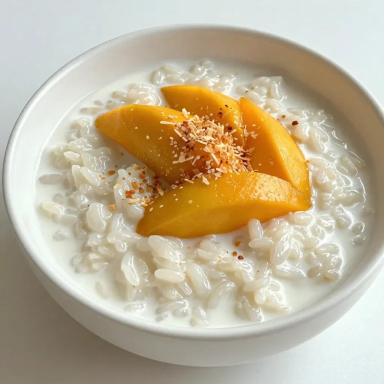 To make creamy coconut rice pudding, you will need some simple ingredients. Here’s what to gather: - 1 cup Arborio rice - 2 cups coconut milk - 1 cup almond milk (or any milk of your choice) - 1/2 cup sugar - 1/4 teaspoon salt - 1 teaspoon vanilla extract - 1/4 teaspoon ground cinnamon - Fresh mango slices (for topping) - Toasted coconut flakes (for garnish) Arborio rice is key for that creamy texture. Its short grains absorb liquid well. Coconut milk adds rich, tropical flavor while almond milk lightens the dish. Sugar sweetens the pudding just right. A pinch of salt enhances all the flavors. Vanilla extract gives it a lovely aroma. Ground cinnamon adds warmth and spice. For toppings, fresh mango slices bring brightness and a juicy bite. Toasted coconut flakes give a nice crunch. Together, these ingredients create a delightful dessert that is easy to make and full of flavor. Enjoy crafting this sweet treat! {{ingredient_image_1}} First, rinse the Arborio rice. Place it in a fine-mesh sieve. Run cold water over it until the water runs clear. This step removes excess starch. Clean rice helps the pudding stay creamy. Next, combine the rinsed rice with other ingredients. In a medium saucepan, add the rice, coconut milk, almond milk, sugar, and salt. Mix all the ingredients well. This blend is what makes the pudding rich and tasty. Now, it’s time to bring the mixture to a gentle boil. Turn the heat to medium. Stir occasionally to keep the rice from sticking to the pan. You will see bubbles forming around the edges. Once it starts to boil, reduce the heat to low. Cover the saucepan with a lid. Simmer for about 20 to 25 minutes. Remember to stir often. This keeps the rice creamy and prevents it from burning. When the rice is tender, take the saucepan off the heat. Stir in the vanilla extract and ground cinnamon. These flavors will elevate your pudding. Let it sit covered for 5 more minutes. This helps the pudding thicken even more. Serve the rice pudding warm or chilled. Use individual bowls for a nice touch. Top with fresh mango slices and a sprinkle of toasted coconut flakes. These garnishes add a fun pop of color and texture. Enjoy your creamy coconut rice pudding! To make your pudding creamy, stirring is key. Stir often while cooking. This helps the rice release its starch, which gives the pudding its rich texture. Keep the heat low once it boils. If it cooks too fast, it might stick or burn. You can add spices like nutmeg or cardamom for a twist. They add warmth and depth. If you want less sugar, try honey or maple syrup. These sweeteners blend well with coconut flavor. Garnish your pudding with fresh mango slices. They add freshness and a pop of color. You can also sprinkle toasted coconut flakes on top. This gives a nice crunch. Serve with a side of berries for a fruity touch. Pro Tips Rinse the Rice: Always rinse Arborio rice under cold water to remove excess starch, which helps prevent the pudding from becoming too gummy. Stir Frequently: Stir the rice pudding frequently while it simmers to prevent it from sticking to the bottom of the saucepan and ensure even cooking. Flavor Variations: Try adding a pinch of nutmeg or a splash of coconut extract for additional depth of flavor in your rice pudding. Serving Suggestions: For a delightful touch, serve your rice pudding with a drizzle of honey or a sprinkle of chopped nuts along with the mango and toasted coconut. {{image_2}} You can easily swap the almond milk for any non-dairy milk. Options include oat, soy, or rice milk. Each brings its unique flavor and texture. Coconut milk gives a rich taste, while almond milk keeps it light. Mixing two types of milk can add depth to your pudding. For a creamier dish, use more coconut milk. Don’t stop with mango! You can add ripe bananas, pineapple, or passion fruit for a fruity kick. Chopped nuts like almonds or cashews bring a nice crunch. You can even fold in dark chocolate chunks for a sweet surprise. Each fruit or nut adds a new layer to your pudding. Want a vegan option? Just use non-dairy milk and skip the sugar if needed. Maple syrup or agave can sweeten your dish. For those avoiding gluten, this recipe is naturally gluten-free. Always check labels on your ingredients to ensure they fit your dietary needs. Enjoy a tasty treat that works for everyone! To keep your creamy coconut rice pudding fresh, use airtight containers. Glass containers work well, but plastic ones are fine too. Make sure to leave a little space at the top. This helps prevent spills. Store the pudding in the fridge. It stays good for about 3 to 4 days. Always let it cool down first before sealing. When it’s time to enjoy your leftovers, you can reheat them in a few ways. The microwave is quick and easy. Place the pudding in a bowl and cover it with a damp paper towel. Heat it in short bursts to avoid overheating. Stir in between heating for even warmth. You can also use a saucepan on low heat. Add a splash of coconut milk or almond milk. This keeps it creamy. Stir often to avoid sticking. Enjoy your dessert warm or chilled, just as you like! Coconut rice pudding lasts about four to five days in the fridge. Store it in an airtight container. This helps keep it fresh and tasty. If you notice any changes in smell or color, it’s time to toss it. Yes, you can make this dessert ahead of time. Prepare it a day or two before serving. Just store it in the fridge. When ready to serve, you can warm it up or enjoy it cold. If it seems thick, add a splash of milk to loosen it up. If you don't have Arborio rice, you can use jasmine or sushi rice. Both types work well and give a creamy texture. You can also try short-grain rice for a similar outcome. Each option will add a unique flavor to your pudding. You learned how to make a creamy coconut rice pudding. We covered key ingredients, cooking steps, and helpful tips. Whether you choose fresh mango or nuts, there are many ways to customize it. Remember to store leftovers properly and follow reheating tips for the best texture. With these insights, you can enjoy a delicious treat anytime. Experiment with flavors and enjoy!