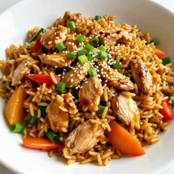 To make delicious hibachi chicken fried rice, gather these key items: - 2 cups cooked jasmine rice (preferably day-old) - 1 lb boneless chicken breast, diced - 2 tablespoons soy sauce - 1 tablespoon sesame oil - 2 tablespoons vegetable oil - 1 cup mixed vegetables (peas, carrots, and corn) - 3 green onions, sliced - 2 eggs, beaten - 2 cloves garlic, minced - Salt and pepper to taste These ingredients create a tasty dish that is quick to prepare. The day-old rice is ideal as it is less sticky. Freshly cooked rice can be too wet and will not fry well. You can enhance your dish with these simple garnishes: - Sesame seeds - Extra green onions Sprinkling sesame seeds on top adds a nice crunch and flavor. Green onions can add a fresh touch to your meal. You can swap some ingredients based on what you have: - Chicken can be replaced with shrimp, beef, or tofu for variety. - Mixed vegetables can include bell peppers, broccoli, or snap peas. - Soy sauce can be substituted with tamari for a gluten-free option. These substitutions allow you to tailor the recipe to your taste or dietary needs. Don't hesitate to experiment! {{ingredient_image_1}} To start, grab a large skillet or wok. Heat 1 tablespoon of vegetable oil over medium-high heat. Add the diced chicken. Sprinkle salt and pepper on top. Stir-fry the chicken for about 5 to 7 minutes. You want it golden brown and fully cooked. Once done, remove the chicken from the skillet and set it aside. In the same skillet, add the other tablespoon of vegetable oil and the sesame oil. Then, toss in the minced garlic. Sauté it for about 30 seconds until it smells great. Next, add the mixed vegetables, which include peas, carrots, and corn. Stir-fry these for 3 to 4 minutes until they become tender. Now, push the vegetables to one side of the skillet. Pour the beaten eggs into the empty space. Scramble the eggs until they are fully cooked. Once done, mix them with the vegetables in the skillet. After that, add the cooked jasmine rice. Break apart any clumps as you mix everything well. Next, pour the soy sauce over the rice mixture. Add the cooked chicken back into the skillet. Stir-fry everything together for another 2 to 3 minutes. This will heat it through and blend the flavors. Finally, stir in the sliced green onions. Toss everything one last time. Adjust the seasoning with more salt and pepper if needed. Remove it from heat and transfer the fried rice to a serving platter. You can sprinkle sesame seeds on top for a nice touch. Using day-old rice is key for fried rice. Fresh rice can be too wet and sticky. When you cool rice in the fridge overnight, it dries out. This helps each grain stay separate when you cook it. If you don’t have day-old rice, spread fresh rice on a tray to cool. Let it sit for at least 30 minutes. This quick method helps reduce moisture. For juicy chicken, use boneless chicken breast. Cut it into small, even cubes. This ensures quick and even cooking. Heat your skillet to medium-high before adding the chicken. This gives a nice sear and locks in moisture. Stir-fry until golden brown, about 5-7 minutes. Make sure not to overcook it; dry chicken ruins the dish. Crisp vegetables add a great crunch to your fried rice. Use mixed vegetables like peas, carrots, and corn. Cook them just until tender, about 3-4 minutes. Stir-fry over high heat and don’t cover the pan. This helps them stay crisp and bright. Add the garlic first for flavor but don’t let it burn. Mixing in the green onions at the end keeps them fresh and vibrant. Pro Tips Use Day-Old Rice: For the best texture, use rice that has been cooked and chilled in the refrigerator overnight. This helps to firm up the grains, preventing them from becoming mushy. High Heat is Key: Cooking on high heat ensures that your ingredients fry quickly, giving a nice sear and preventing them from steaming. Customize Your Veggies: Feel free to swap in your favorite vegetables or whatever you have on hand. Bell peppers, broccoli, or snap peas work great too! Perfectly Seasoned Eggs: For extra flavor, add a pinch of salt to the beaten eggs before scrambling them in the skillet. {{image_2}} You can swap chicken for shrimp. Use 1 pound of shrimp. Cook the shrimp until they turn pink, about 3-4 minutes. Follow all other steps as you do with chicken. This gives a nice seafood twist to the dish. For a vegetarian option, skip the chicken. Add more mixed vegetables like bell peppers and broccoli. Use tofu for protein. Cook the tofu until golden. This keeps the dish filling and tasty without meat. You can add proteins like beef, pork, or even eggs. Cook them the same way as chicken. For vegetables, try bok choy, zucchini, or snap peas. Mix and match to find your favorite combo. This recipe allows great flexibility. Enjoy experimenting with flavors and textures! To store leftover fried rice, let it cool first. Place it in an airtight container. Make sure to store it in the fridge. It stays fresh for about 3 to 4 days. If you want to keep it longer, freezing is a good option. For reheating, use a skillet or wok. Heat a bit of oil over medium heat. Add the rice and stir it often. This helps avoid sticking. You can also add a splash of water or soy sauce. This keeps the rice moist and tasty. Heat until it's hot, about 5 to 7 minutes. If you freeze your fried rice, use a freezer-safe container. Portion it into single servings for easy use. When ready to eat, thaw it overnight in the fridge. You can also use the microwave on low power to thaw. Reheat it in a skillet for best taste. Enjoy your fried rice later without losing flavor! The best rice for hibachi chicken fried rice is jasmine rice. Jasmine rice has a soft and sticky texture. This helps it hold together well when you stir-fry. You can use day-old rice for the best results. Fresh rice can be too wet. If you don't have jasmine rice, you can use long-grain rice too. Yes, you can make this recipe gluten-free! Just swap out the soy sauce for gluten-free soy sauce. You can also use tamari, which is a great alternative. Make sure all your other ingredients are gluten-free as well. This way, you can enjoy your delicious hibachi chicken fried rice without worry! You can change the flavors by adding your favorite ingredients. Try different veggies like bell peppers or broccoli. You can also add spices like chili flakes for heat. For a sweeter touch, add a dash of honey. If you love garlic, add more than the recipe calls for. Feel free to experiment until you find your perfect flavor mix! The main difference is in the cooking style. Fried rice is usually cooked in a pan. Hibachi rice is made on a hibachi grill, which gives it a smoky flavor. Hibachi rice often has more oil, making it richer. Additionally, hibachi rice often includes more meats and veggies than regular fried rice. This blog post covered everything you need for perfect Hibachi Chicken Fried Rice. We explored the key ingredients, added optional garnishes, and discussed substitutions. I shared step-by-step cooking tips to ensure your dish turns out great. Remember, day-old rice and perfect chicken texture are crucial. Plus, you can try fun variations and learn how to store leftovers! Experimenting is key to making it your own. Enjoy this tasty dish and impress your family or friends with your cooking skills!