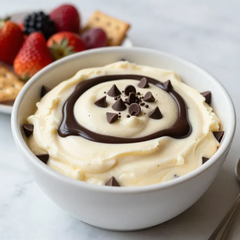 - 8 oz cream cheese, softened - 1/2 cup powdered sugar - 1/2 cup sour cream - 1 teaspoon vanilla extract - 1/2 cup mini chocolate chips - 1/4 cup chopped nuts (optional) - 1 tablespoon chocolate syrup for drizzling This dip is rich and creamy. It has around 120 calories per serving. It also has about 8 grams of fat and 10 grams of sugar. Enjoying this treat in moderation is key. It is a delightful mix of flavors and textures. The cream cheese gives it a rich base, while the mini chocolate chips add sweetness. The chopped nuts can add a crunchy twist, but they are optional. This dip is a hit at parties and gatherings. It's simple to make and everyone loves it. {{ingredient_image_1}} 1. Mixing the cream cheese: Start with 8 ounces of softened cream cheese. Place it in a large mixing bowl. Use an electric mixer to beat it until it is creamy and smooth. This step is key for a nice texture. 2. Incorporating powdered sugar: Gradually add in 1/2 cup of powdered sugar. Mix well until it blends fully with the cream cheese. This adds sweetness and helps create that cheesecake flavor. 3. Adding sour cream and vanilla extract: Next, add in 1/2 cup of sour cream and 1 teaspoon of vanilla extract. Blend everything together until it becomes fluffy. This helps to enhance the flavor and creaminess. 4. Folding in chocolate chips and nuts: Gently fold in 1/2 cup of mini chocolate chips. If you like crunch, add 1/4 cup of chopped nuts. This adds a nice texture and a burst of chocolate in every bite. 5. Transferring to serving bowl: Now, transfer your cheesecake dip to a serving bowl. Make sure it is nice and even on top for a pretty look. 6. Drizzling with chocolate syrup: To finish, drizzle 1 tablespoon of chocolate syrup over the top. This adds extra sweetness and a beautiful touch. Chill the dip in the fridge for at least 30 minutes. This helps the flavors mix well and lets it set. To make your dip creamy, start by beating the cream cheese. Use an electric mixer. Mix it until it’s smooth, with no lumps. This step is key to a great texture. Chilling time is also important. After you mix all the ingredients, let the dip chill in the fridge for at least 30 minutes. This helps the flavors blend and the dip to set. When serving, think about what to dip. Fresh fruits like strawberries or apple slices are great choices. Graham crackers or pretzels also work well. For a fancy touch, try garnishing with mini chocolate chips or a dollop of whipped cream on top. This makes your dip look even more inviting! If you need a dairy-free option, you can use non-dairy cream cheese. It works just as well in this recipe. For sweeteners, feel free to swap powdered sugar with a sugar alternative. This can help lower the calorie count while still keeping the taste sweet. Pro Tips Use Room Temperature Ingredients: Bringing your cream cheese and sour cream to room temperature ensures a smoother blend, minimizing lumps in your dip. Experiment with Flavors: Consider adding a pinch of espresso powder or a dash of almond extract for a unique twist on the classic chocolate chip flavor. Make Ahead: Prepare the dip a day in advance and store it in the refrigerator. This allows the flavors to develop even further, making it extra delicious! Serving Suggestions: Pair this dip with a variety of dippers like apple slices, vanilla wafers, or even pretzel crisps for a delightful contrast in flavors and textures. {{image_2}} You can change the flavors in this dip easily. Adding peanut butter gives it a rich twist. Just mix in a few spoonfuls of creamy peanut butter when blending. This makes a great sweet and salty treat. You can also use different types of chips. Try white chocolate chips or even butterscotch chips. These add new layers of taste to the dip. The choice is yours based on what you love. To make this dip even better, think about adding fruits. Fresh strawberries or bananas pair well. You can chop them up and fold them in for a fruity burst. For some crunch, add chopped nuts. Walnuts or pecans work well. This mix of textures makes each bite exciting. Want to change how you present this dip? Turn it into a cheesecake-filled dessert. Pipe the dip into mini crusts for cute treats. This gives a fun twist for parties. You can also make it a stuffed dessert. Hollow out apples or pears and fill them with the dip. This not only looks great but also adds a healthy touch. To store leftovers, place the dip in an airtight container. This keeps it fresh and tasty. You can also cover the bowl with plastic wrap. The dip lasts in the fridge for about 3 to 5 days. After that, the flavors may fade. Yes, you can freeze this dip! It’s easy to do. Use a freezer-safe container, and leave some space for expansion. To thaw, put it in the fridge overnight. Avoid using the microwave, as it can change the texture. Look for changes in color or smell. If the dip seems watery, it may be bad. Trust your senses! If you’re unsure, it’s best to throw it out. Enjoy your chocolate chip cheesecake dip while it’s fresh! Chocolate chip cheesecake dip lasts about five days in the fridge. After that, the taste and texture may change. To keep it fresh, store it in an airtight container. This way, you can enjoy it longer. Yes, you can use non-dairy cream cheese. Brands like Tofutti or Kite Hill work well. They mimic the taste and texture of regular cream cheese. This swap makes the dip dairy-free and suitable for many diets. You can serve this dip with many tasty items. Here are some popular choices: - Fresh fruit like strawberries, apples, or bananas - Graham crackers for a crunchy bite - Pretzels for a sweet and salty mix - Vanilla wafers for an added sweetness These dippers enhance the flavor and make for a fun snack! This guide covered how to make an easy chocolate chip cheesecake dip. You learned about key ingredients, like cream cheese and mini chocolate chips, and tips for mixing. We explored flavor variations, ways to serve, and how to store this delicious treat. In closing, this dip is fun to make and share. Try different mixes or toppings to fit your taste. Enjoy this creamy, sweet dip at your next gathering!