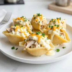 To create the best Chicken Alfredo Stuffed Shells, gather these main ingredients: - 20 jumbo pasta shells - 2 cups cooked chicken, shredded - 1 cup ricotta cheese - 1 cup mozzarella cheese, shredded - 1/2 cup grated Parmesan cheese - 2 cups Alfredo sauce (store-bought or homemade) - 1 teaspoon garlic powder - 1 teaspoon Italian seasoning - Salt and pepper, to taste - Fresh parsley, chopped (for garnish) These ingredients blend together to create a rich and creamy dish that everyone loves. You can switch out some ingredients if needed. Here are some options: - Instead of ricotta, use cottage cheese for a lighter filling. - Swap shredded chicken for cooked turkey or even tofu for a vegetarian option. - Use a different cheese, like cheddar, if mozzarella isn't your favorite. - If you want more flavor, add sautéed spinach or mushrooms to the mix. These substitutions can help you customize the dish to your taste. Here’s a quick look at the nutrition for one serving of Chicken Alfredo Stuffed Shells (based on 6 servings): - Calories: 460 - Protein: 30g - Carbohydrates: 40g - Fat: 22g - Fiber: 2g This meal offers a good balance of protein and carbs, ideal for a hearty dinner. Always adjust the recipe based on your dietary needs. {{ingredient_image_1}} Start by preheating your oven to 350°F (175°C). Next, cook the jumbo pasta shells as the package says. Make sure to cook them until they are al dente. This means they should be firm but not hard. Once cooked, drain the shells and let them cool for a few minutes. This cooling step helps you handle them easily later. In a large bowl, combine the cooked chicken and ricotta cheese. Add half of the mozzarella cheese and the grated Parmesan cheese. Next, sprinkle in the garlic powder and Italian seasoning. Add salt and pepper to suit your taste. Use a fork or spoon to mix all the ingredients well. You want a nice, even blend of flavors. Now it’s time to fill the shells. Take each cooked shell and spoon in the chicken and cheese mix. Place the filled shells in a baking dish, with the open side facing up. After stuffing all the shells, pour the Alfredo sauce over them. Make sure each shell gets a good amount. Then, top the shells with the rest of the mozzarella cheese. Cover the dish with aluminum foil and bake for 25 minutes. After that, remove the foil and bake for another 10 to 15 minutes. Look for bubbly, golden cheese on top. Once done, take the dish out and let it cool for a few minutes. Garnish with fresh chopped parsley before serving. Enjoy your meal! To cook pasta shells well, start with a big pot of water. Add a pinch of salt for taste. Boil the water before adding the shells. Cook them until they are al dente, which means firm but not hard. This usually takes about 9 to 11 minutes. Drain the shells, but don’t rinse them. Rinsing can wash away the starch that helps the sauce stick. When stuffing the shells, use a spoon or a small scoop. This helps fill each shell evenly. Don’t overstuff them, or they may burst in the oven. Place the filled shells in the baking dish with the opening facing up. This way, the sauce can soak into the shells and add more flavor. To boost the taste of your Chicken Alfredo Stuffed Shells, use fresh herbs. Sprinkle fresh parsley on top for a burst of color and flavor. You can also mix in some garlic powder and Italian seasoning. These spices make the filling taste rich and savory. If you like a bit of heat, add red pepper flakes for a kick! Pro Tips Tip 1 - Use Fresh Ingredients: For the best flavor, use fresh chicken and high-quality cheeses. Fresh ingredients enhance the overall taste of the dish. Tip 2 - Customize Your Fillings: Feel free to add vegetables like spinach or mushrooms to the chicken and cheese filling for extra nutrition and flavor. Tip 3 - Make Ahead: You can prepare the stuffed shells a day in advance. Just cover and refrigerate them, then bake when ready to serve. Tip 4 - Crisp the Top: For an extra crispy top, broil the stuffed shells for a couple of minutes after baking. Just keep an eye on them to prevent burning! {{image_2}} You can make your Chicken Alfredo Stuffed Shells even better by adding veggies. Spinach, broccoli, or zucchini work great. Just chop them finely and mix them into the chicken and cheese filling. This adds color and nutrients. You can also sauté the veggies first for extra flavor. A mix of vegetables can make each bite interesting and tasty. While Alfredo sauce is classic, you can switch it up. Try using a marinara sauce for a zesty twist. A creamy pesto sauce can add a fresh taste. You can even mix Alfredo with a bit of marinara for a unique flavor. Each sauce will change the dish, making it fun to experiment. You don’t have to stick with chicken. Ground turkey or beef can work well too. For a lighter option, use shredded rotisserie chicken. If you want something vegetarian, use mushrooms or lentils. Each protein will give a different taste and texture, so feel free to be creative. To store leftovers, wait until the Chicken Alfredo Stuffed Shells cool down. Then, place them in an airtight container. This keeps them fresh. You can store them in the fridge for up to three days. Make sure to label the container with the date. This way, you won't forget when you made them. When you're ready to eat the leftovers, preheat your oven to 350°F (175°C). Place the shells in a baking dish. Cover them with foil to keep them moist. Heat for about 20 minutes. If you want a crispy top, remove the foil for the last five minutes. You can also use a microwave. Heat on medium for 2-3 minutes, or until warm. You can freeze Chicken Alfredo Stuffed Shells for later. After you stuff the shells, arrange them in a single layer on a baking sheet. Freeze them for about an hour. Once firm, transfer them to a freezer-safe container. They can last up to two months. When you're ready to cook, bake them straight from the freezer. Just add a few extra minutes to the baking time. Yes, you can prepare Chicken Alfredo Stuffed Shells ahead of time. This dish is great for meal prep. You can stuff the shells and place them in the baking dish. Then, cover them and store in the fridge. Bake them when you are ready to eat. Just remember to add a bit more time in the oven if they are cold. Chicken Alfredo Stuffed Shells pair well with many sides. Here are some tasty options: - Garlic bread for a crunchy side. - A fresh green salad for color. - Steamed vegetables for added nutrition. - Sautéed spinach for a healthy touch. These sides will make your meal feel complete and balanced. Absolutely! You can use different cheeses in this recipe. If you want a sharper taste, try cheddar cheese. For a creamier texture, use cream cheese. Just make sure to keep the same amount. Feel free to mix cheeses for extra flavor! In this post, we explored how to make Chicken Alfredo Stuffed Shells from start to finish. We covered the main ingredients, preparation, and baking steps. Tips for cooking and stuffing pasta shells helped you improve your dish. Variations let you get creative with flavors and ingredients. For the best results, don’t skip the storage tips! Enjoy making this dish your own, and remember that cooking should be fun and tasty. Happy cooking!