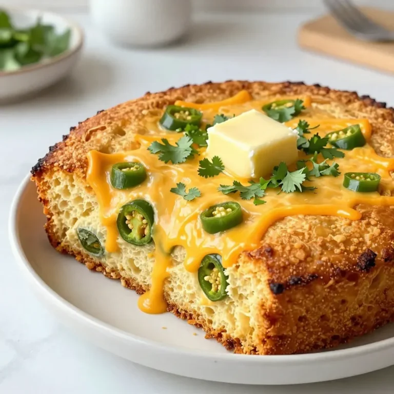 To make cheesy jalapeño cornbread, you need the following items: - 1 cup cornmeal - 1 cup all-purpose flour - 1 tablespoon baking powder - 1/2 teaspoon salt - 1 cup buttermilk - 2 large eggs - 1/4 cup vegetable oil - 1 cup shredded cheddar cheese - 1/2 cup diced jalapeños (fresh or pickled, seeds removed for less heat) - 1 tablespoon honey (optional) You can add a tablespoon of honey for some sweetness. It balances the heat from the jalapeños. Some like to add a bit of corn kernels for extra texture. If you don’t have buttermilk, you can use regular milk with a splash of vinegar. For a gluten-free option, swap the all-purpose flour with a gluten-free blend. If you want a different cheese, mozzarella or pepper jack works well. You can also choose to leave out the jalapeños if you prefer a milder flavor. {{ingredient_image_1}} First, gather all your ingredients. You need cornmeal, flour, baking powder, and salt. Also, grab buttermilk, eggs, vegetable oil, and cheddar cheese. Don't forget the jalapeños! If you like it sweet, have honey ready too. 1. Start by preheating your oven to 400°F (200°C). This helps the cornbread rise nicely. 2. Grease your baking dish or skillet. An 8-inch square dish works great. 3. In a large bowl, whisk the cornmeal, flour, baking powder, and salt. Mix them well for even flavor. 4. In another bowl, combine the buttermilk, eggs, and vegetable oil. If you want it sweet, add honey now. Whisk until smooth. 5. Slowly pour the wet mix into the dry mix. Stir gently. It's okay to have a few lumps. Now the fun part begins! 1. Fold in the shredded cheddar cheese and diced jalapeños. Make sure they spread throughout the batter. 2. Pour the batter into your greased dish. Use a spatula to smooth the top. 3. Place it in the oven. Bake for 20 to 25 minutes. The top should look golden brown. 4. To check if it's done, insert a toothpick into the center. It should come out clean. Once baked, take it out and let it cool for a few minutes. 1. This cooling time helps the cornbread set. 2. Slice it into squares or wedges. 3. Serve it warm, adding a pat of butter on top. For a fresh touch, sprinkle chopped cilantro or green onions. Enjoy your cheesy jalapeño cornbread! To get a great texture, use both cornmeal and flour. This mix adds a nice bite. Whisk dry ingredients well to avoid lumps. When you add wet ingredients, stir gently. Overmixing makes cornbread tough. Aim for a few lumps for a light, fluffy texture. Want more heat? Use more jalapeños or keep some seeds. For less spice, remove all seeds. You can also swap fresh jalapeños for pickled ones. Pickled ones add tang without too much heat. Adjust according to your taste. You can make cornbread ahead of time. Just cool it, wrap it well, and store it in the fridge for up to three days. To reheat, place it in a warm oven for 10-15 minutes. If it's too dry, add a bit of butter or water before heating. Enjoy it warm for the best flavor! Pro Tips Use Fresh Jalapeños: Fresh jalapeños provide a vibrant flavor and crunch. If you're looking for a milder option, consider using pickled jalapeños. Let It Rest: Allowing the cornbread to sit for a few minutes before slicing helps it set and makes for cleaner cuts. Experiment with Cheese: While cheddar is delicious, feel free to mix in other cheeses like pepper jack or Monterey Jack for a different flavor profile. Check for Doneness: Instead of just relying on time, always check with a toothpick in the center. It should come out clean for perfectly baked cornbread. {{image_2}} You can change the cheese for fun flavors. Try pepper jack for a spicy kick. Cream cheese makes it rich and creamy. You can also mix mozzarella for a melty texture. Use a mix of cheeses for a unique taste. Feel free to experiment until you find your favorite combination. Think beyond jalapeños! You can add corn for sweetness and crunch. Diced bell peppers give color and mild flavor. For a hearty touch, try adding spinach or zucchini. Grated carrots can also work, giving a nice sweetness. Choose veggies that you love to make it more personal. To make this cornbread gluten-free, swap the all-purpose flour. Use a gluten-free flour blend that works for baking. Almond or coconut flour can also work, but adjust the amount. You may need to add extra liquid to keep the batter moist. Always check that your baking powder is gluten-free. To keep your cornbread fresh, store it at room temperature. Wrap it in plastic wrap or place it in an airtight container. This keeps it moist and tasty. If you plan to eat it within two days, this method works best. For longer storage, consider freezing. To freeze cornbread, let it cool completely first. Cut it into squares or wedges for easy servings. Wrap each piece tightly in plastic wrap. Then, place the wrapped pieces in a freezer bag. This helps prevent freezer burn. Cornbread can freeze well for up to three months. When you're ready to enjoy your cornbread, here’s how to reheat it. For the oven, preheat to 350°F (175°C). Place the cornbread on a baking sheet. Cover it with foil to keep it soft. Heat for about 10-15 minutes or until warm. If using a microwave, heat a single piece for about 20-30 seconds. Enjoy your warm, cheesy cornbread! Yes, you can use different peppers. Bell peppers add sweetness. Poblano peppers give a mild heat. If you like more spice, try serrano peppers or habaneros. Just remember to remove the seeds for less heat. The choice of peppers can change the taste and heat level of your cornbread. To keep your cornbread moist, use buttermilk, as it adds moisture and flavor. Don't overmix the batter; keep some lumps. You can add more cheese for extra moisture too. Some people like to add a bit of honey. This sweet touch can help keep the bread soft and tasty. Cheesy Jalapeño Cornbread pairs well with many dishes. It goes great with chili or soup. You can also serve it with grilled meats, like chicken or steak. For a lighter option, try it with a fresh salad. A pat of butter on top makes it even better! The blog post covers all you need for Cheesy Jalapeño Cornbread. You learned about essential ingredients, helpful substitutions, and how to make it perfectly. I shared tips for the best texture and adjustments for spice levels. You can explore fun variations to suit your taste. Plus, there are easy storage and reheating methods. Enjoy making this cornbread to impress your friends. Remember, each bite should be cheesy and balanced! Engage your creativity and make it your own.