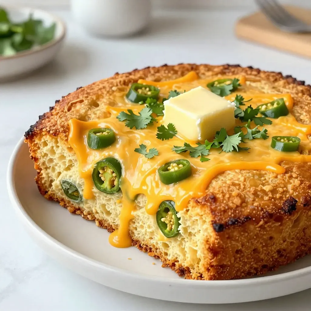 To make cheesy jalapeño cornbread, you need the following items: - 1 cup cornmeal - 1 cup all-purpose flour - 1 tablespoon baking powder - 1/2 teaspoon salt - 1 cup buttermilk - 2 large eggs - 1/4 cup vegetable oil - 1 cup shredded cheddar cheese - 1/2 cup diced jalapeños (fresh or pickled, seeds removed for less heat) - 1 tablespoon honey (optional) You can add a tablespoon of honey for some sweetness. It balances the heat from the jalapeños. Some like to add a bit of corn kernels for extra texture. If you don’t have buttermilk, you can use regular milk with a splash of vinegar. For a gluten-free option, swap the all-purpose flour with a gluten-free blend. If you want a different cheese, mozzarella or pepper jack works well. You can also choose to leave out the jalapeños if you prefer a milder flavor. {{ingredient_image_1}} First, gather all your ingredients. You need cornmeal, flour, baking powder, and salt. Also, grab buttermilk, eggs, vegetable oil, and cheddar cheese. Don't forget the jalapeños! If you like it sweet, have honey ready too. 1. Start by preheating your oven to 400°F (200°C). This helps the cornbread rise nicely. 2. Grease your baking dish or skillet. An 8-inch square dish works great. 3. In a large bowl, whisk the cornmeal, flour, baking powder, and salt. Mix them well for even flavor. 4. In another bowl, combine the buttermilk, eggs, and vegetable oil. If you want it sweet, add honey now. Whisk until smooth. 5. Slowly pour the wet mix into the dry mix. Stir gently. It's okay to have a few lumps. Now the fun part begins! 1. Fold in the shredded cheddar cheese and diced jalapeños. Make sure they spread throughout the batter. 2. Pour the batter into your greased dish. Use a spatula to smooth the top. 3. Place it in the oven. Bake for 20 to 25 minutes. The top should look golden brown. 4. To check if it's done, insert a toothpick into the center. It should come out clean. Once baked, take it out and let it cool for a few minutes. 1. This cooling time helps the cornbread set. 2. Slice it into squares or wedges. 3. Serve it warm, adding a pat of butter on top. For a fresh touch, sprinkle chopped cilantro or green onions. Enjoy your cheesy jalapeño cornbread! To get a great texture, use both cornmeal and flour. This mix adds a nice bite. Whisk dry ingredients well to avoid lumps. When you add wet ingredients, stir gently. Overmixing makes cornbread tough. Aim for a few lumps for a light, fluffy texture. Want more heat? Use more jalapeños or keep some seeds. For less spice, remove all seeds. You can also swap fresh jalapeños for pickled ones. Pickled ones add tang without too much heat. Adjust according to your taste. You can make cornbread ahead of time. Just cool it, wrap it well, and store it in the fridge for up to three days. To reheat, place it in a warm oven for 10-15 minutes. If it's too dry, add a bit of butter or water before heating. Enjoy it warm for the best flavor! Pro Tips Use Fresh Jalapeños: Fresh jalapeños provide a vibrant flavor and crunch. If you're looking for a milder option, consider using pickled jalapeños. Let It Rest: Allowing the cornbread to sit for a few minutes before slicing helps it set and makes for cleaner cuts. Experiment with Cheese: While cheddar is delicious, feel free to mix in other cheeses like pepper jack or Monterey Jack for a different flavor profile. Check for Doneness: Instead of just relying on time, always check with a toothpick in the center. It should come out clean for perfectly baked cornbread. {{image_2}} You can change the cheese for fun flavors. Try pepper jack for a spicy kick. Cream cheese makes it rich and creamy. You can also mix mozzarella for a melty texture. Use a mix of cheeses for a unique taste. Feel free to experiment until you find your favorite combination. Think beyond jalapeños! You can add corn for sweetness and crunch. Diced bell peppers give color and mild flavor. For a hearty touch, try adding spinach or zucchini. Grated carrots can also work, giving a nice sweetness. Choose veggies that you love to make it more personal. To make this cornbread gluten-free, swap the all-purpose flour. Use a gluten-free flour blend that works for baking. Almond or coconut flour can also work, but adjust the amount. You may need to add extra liquid to keep the batter moist. Always check that your baking powder is gluten-free. To keep your cornbread fresh, store it at room temperature. Wrap it in plastic wrap or place it in an airtight container. This keeps it moist and tasty. If you plan to eat it within two days, this method works best. For longer storage, consider freezing. To freeze cornbread, let it cool completely first. Cut it into squares or wedges for easy servings. Wrap each piece tightly in plastic wrap. Then, place the wrapped pieces in a freezer bag. This helps prevent freezer burn. Cornbread can freeze well for up to three months. When you're ready to enjoy your cornbread, here’s how to reheat it. For the oven, preheat to 350°F (175°C). Place the cornbread on a baking sheet. Cover it with foil to keep it soft. Heat for about 10-15 minutes or until warm. If using a microwave, heat a single piece for about 20-30 seconds. Enjoy your warm, cheesy cornbread! Yes, you can use different peppers. Bell peppers add sweetness. Poblano peppers give a mild heat. If you like more spice, try serrano peppers or habaneros. Just remember to remove the seeds for less heat. The choice of peppers can change the taste and heat level of your cornbread. To keep your cornbread moist, use buttermilk, as it adds moisture and flavor. Don't overmix the batter; keep some lumps. You can add more cheese for extra moisture too. Some people like to add a bit of honey. This sweet touch can help keep the bread soft and tasty. Cheesy Jalapeño Cornbread pairs well with many dishes. It goes great with chili or soup. You can also serve it with grilled meats, like chicken or steak. For a lighter option, try it with a fresh salad. A pat of butter on top makes it even better! The blog post covers all you need for Cheesy Jalapeño Cornbread. You learned about essential ingredients, helpful substitutions, and how to make it perfectly. I shared tips for the best texture and adjustments for spice levels. You can explore fun variations to suit your taste. Plus, there are easy storage and reheating methods. Enjoy making this cornbread to impress your friends. Remember, each bite should be cheesy and balanced! Engage your creativity and make it your own.