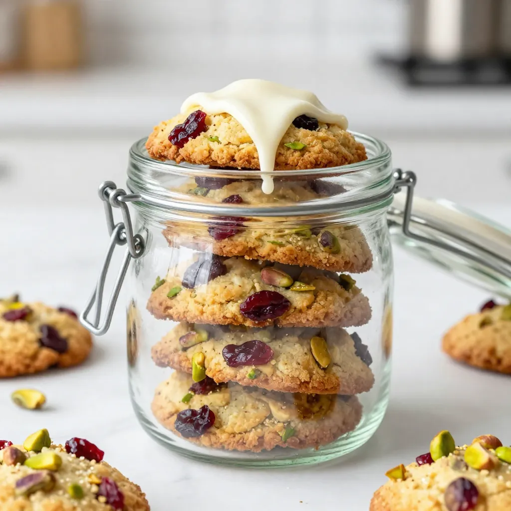 - 1 cup shelled pistachios - 1 cup dried cranberries - 2 cups all-purpose flour - 1 teaspoon baking powder - 1/2 teaspoon baking soda - 1/4 teaspoon salt - 1/2 cup unsalted butter, softened - 3/4 cup granulated sugar - 2 large eggs - 1 teaspoon vanilla extract - 1/2 teaspoon almond extract I love using fresh, high-quality ingredients for this recipe. Each item plays a key role in the flavor and texture. Pistachios offer a rich nutty taste, while cranberries add a sweet-tart balance. The flour serves as the base, giving structure. Baking powder and baking soda help the biscotti rise. The salt enhances all flavors, making them pop. Softened butter brings a creamy richness. Granulated sugar is the main sweetener, giving that delightful crunch. Eggs bind everything together and add moisture. Vanilla and almond extracts bring a lovely aroma and depth. Each ingredient works in harmony to create that perfect biscotti bite, crunchy on the outside and a bit chewy inside. Make sure to measure accurately for the best results. This recipe is simple, yet allows for great flavor. Enjoy the process of mixing and baking! {{ingredient_image_1}} - Preheat the oven to 350°F (175°C). - Line a baking sheet with parchment paper. - In a bowl, mix the flour, baking powder, baking soda, and salt. 1. In a large bowl, cream the softened butter and granulated sugar together until light and fluffy. This step is key for good texture. 2. Add two large eggs to the mix. Then, pour in the vanilla and almond extracts. Stir until everything is well combined. 3. Gradually mix in the dry ingredients. Stir gently until just combined. 4. Now, fold in the shelled pistachios and dried cranberries. Make sure they spread evenly in the dough. 5. Divide the dough in half. Shape each portion into a log, about 12 inches long and 2 inches wide. Place them on your prepared baking sheet. 6. Bake for 25 to 30 minutes. You want them slightly golden and firm to the touch. 7. Let the logs cool for about 10 minutes. Once cool enough to handle, slice them diagonally into half-inch thick pieces. 8. Place the biscotti cut-side down on the baking sheet. Bake again for 10 to 12 minutes. They should be golden around the edges. 9. Finally, allow the biscotti to cool completely on a wire rack. Enjoy your delightful and crunchy snack! To bake perfect Pistachio Cranberry Biscotti, start with a good oven. Set it to 350°F (175°C). This temperature helps the biscotti bake evenly. Bake for 25 to 30 minutes for the logs. They should look golden and feel firm when pressed gently. To get the right texture, remember to cream your butter and sugar well. This step adds air and makes your biscotti light. Don't skip cooling before slicing. Let the logs cool for about 10 minutes. This helps them hold their shape when you slice them. If you need alternatives, try using coconut oil instead of butter. It adds a nice flavor and keeps the biscotti moist. You can also use brown sugar instead of white sugar. This gives a deeper taste and color. For nuts, feel free to swap pistachios with almonds or walnuts. Each nut offers a unique crunch. You can also use dried cherries or apricots in place of cranberries. These fruits add a fun twist to your biscotti. Pro Tips Fresh Ingredients: Use the freshest pistachios and cranberries for the best flavor and texture in your biscotti. Chill the Dough: If the dough is too soft to shape, refrigerate it for 20-30 minutes to make it easier to handle. Double Bake Wisely: Keep an eye on the biscotti during the second baking; they can go from golden to overdone quickly. Storage Tips: Store biscotti in an airtight container to maintain their crunchiness; they also make great gifts! {{image_2}} You can easily spice up your pistachio cranberry biscotti. Try adding unique spices like cinnamon or nutmeg. These spices bring warmth and depth to the flavor. If you want something sweeter, toss in some chocolate chips. Dark or white chocolate pairs well with the nuts and cranberries. You can also add citrus zest, like orange or lemon, for a fresh twist. This bright flavor enhances the overall taste and makes every bite exciting. Want a gluten-free version? Swap out all-purpose flour for a gluten-free blend. Make sure the blend includes xanthan gum. This helps the biscotti hold together. You can also use almond flour for a nutty flavor. Just mix it in with the other ingredients. The baking time may be a bit shorter, so keep an eye on them. With these changes, you can enjoy the same delightful crunch without gluten. To keep your pistachio cranberry biscotti fresh, use an airtight container. A glass jar or a plastic container works well. Place parchment paper at the bottom to absorb moisture. Store the biscotti in a cool, dry place, away from sunlight. This helps to maintain its crunch. To keep biscotti crispy, avoid storing it in the fridge. The cold can make it soft. Instead, keep it at room temperature. If you live in a humid area, consider adding a small bag of rice to absorb moisture. You can freeze your biscotti for longer storage. First, let the biscotti cool completely. Then, wrap each piece tightly in plastic wrap. Place the wrapped biscotti in a freezer-safe bag or container. This helps prevent freezer burn. They can last up to three months in the freezer. When you want to enjoy your biscotti, take it out and let it thaw at room temperature. For the best taste, reheat it in the oven at 350°F (175°C) for about five minutes. This will restore some crunch and warmth. Enjoy your delightful snack! How long does biscotti last? Biscotti can last up to two weeks when stored properly. Keep them in an airtight container at room temperature. This helps them stay crunchy and fresh. If you want to keep them longer, you can freeze them. Wrap them well in plastic wrap or use a freezer bag. They will stay good for about three months in the freezer. Can I make biscotti without nuts? Yes, you can make biscotti without nuts. If you want a nut-free version, simply leave out the pistachios. You can add more dried fruit or even chocolate chips for flavor. This way, the biscotti will still have a great taste and texture. What to do if biscotti is too hard or soft? If your biscotti is too hard, it may have baked too long. Next time, check them a few minutes early. If they are soft, they likely need more time in the oven. You can also bake them longer during the second bake. This will help them become crispy while cooling. How to know when biscotti is fully baked? You can tell biscotti is fully baked when they are golden brown on the edges. They should feel firm when you gently press them. After the first bake, slice them and bake again until the edges are golden. This ensures they have the right crunch. You learned how to make delicious Pistachio Cranberry Biscotti. We covered key ingredients, step-by-step instructions, and expert tips. I shared variations for unique flavors and even gluten-free options. Proper storage keeps your biscotti fresh and crispy. Now, you can enjoy this treat with confidence. Baking biscotti can be fun and rewarding. Just follow the steps and trust your skills. You'll be proud to share your tasty creation with family and friends. Happy baking!