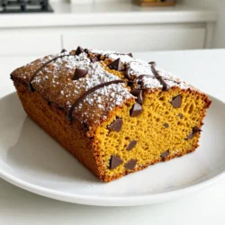 - 1 cup canned pumpkin puree - ½ cup vegetable oil - ½ cup brown sugar - ½ cup granulated sugar - 2 large eggs - 1 teaspoon vanilla extract - 1 ½ cups all-purpose flour - 1 teaspoon baking soda - ½ teaspoon baking powder - ½ teaspoon salt - 1 teaspoon ground cinnamon - ½ teaspoon ground nutmeg - ½ cup chocolate chunks or chips - ¼ cup chopped walnuts The main ingredients make this bread rich and moist. Canned pumpkin puree gives it a lovely color and flavor. Vegetable oil keeps it soft, while the mix of brown and granulated sugars adds sweetness. Eggs help bind everything together, and vanilla gives it a warm aroma. The dry ingredients form the base of our bread. All-purpose flour provides structure. Baking soda and baking powder help it rise. Salt enhances the flavors, while cinnamon and nutmeg add warmth. For a fun twist, you can add chocolate chunks or chips. They melt and create gooey pockets of chocolate. Chopped walnuts add a nice crunch and nutty flavor. Feel free to mix and match based on your taste! {{ingredient_image_1}} First, preheat your oven to 350°F (175°C). This step is vital for even baking. Next, prepare a 9x5-inch loaf pan. You can grease it with cooking spray or line it with parchment paper. This will help you remove the bread easily later. Now, let’s mix the wet ingredients. In a large mixing bowl, combine 1 cup of canned pumpkin puree, ½ cup of vegetable oil, ½ cup of brown sugar, and ½ cup of granulated sugar. Whisk these ingredients together until smooth. Then, add in 2 large eggs one at a time, mixing well after each addition. Don’t forget to stir in 1 teaspoon of vanilla extract, which adds great flavor. Next, we will prepare the dry ingredients. In another bowl, whisk together 1 ½ cups of all-purpose flour, 1 teaspoon of baking soda, ½ teaspoon of baking powder, ½ teaspoon of salt, 1 teaspoon of ground cinnamon, and ½ teaspoon of ground nutmeg. Now, gradually add the dry ingredients to the wet mixture. Stir gently until just combined. This is key to keeping your bread soft. Be careful not to overmix. After that, fold in ½ cup of chocolate chunks. If you like, add ¼ cup of chopped walnuts for extra crunch and flavor. It’s time to pour the batter into the prepared loaf pan. Use a spatula to smooth the top. Now, place it in the preheated oven. Bake for 55 to 65 minutes. You can check for doneness by inserting a toothpick into the center. If it comes out clean, your bread is ready. Once baked, remove the bread from the oven. Let it cool in the pan for about 10 minutes. After that, transfer it to a wire rack to cool completely. This cooling step is important before slicing. Enjoy the delicious aroma as it fills your kitchen! For great pumpkin bread, the temperature of your ingredients matters. Use room temperature eggs and oil. This helps the batter mix better and gives a nice texture. When mixing, stir gently. Overmixing can make your bread tough. Mix just until you see no dry flour. You can change the flavor by swapping ingredients. Try using dark brown sugar for a deeper taste. If you want more spice, add ginger or cloves. For serving, I like to top slices with powdered sugar and a drizzle of chocolate sauce. It adds a fun touch and makes it feel special. Baking time is key. Overbaking can dry out your bread, while underbaking leaves it too wet. Keep an eye on it! Use a toothpick to check doneness. Also, don’t skimp on spices. They bring out the pumpkin flavor. Use enough cinnamon and nutmeg for the best taste. Pro Tips Use Fresh Spices: Freshly ground spices like cinnamon and nutmeg will enhance the flavor of your pumpkin bread significantly compared to pre-ground versions. Check Doneness: To ensure your bread is perfectly baked, test with a toothpick inserted in the center. It should come out clean or with a few moist crumbs. Experiment with Mix-Ins: Feel free to swap in different mix-ins like dried cranberries, chocolate chips, or pecans for a unique twist on the classic recipe. Store Properly: To keep your pumpkin bread moist, wrap it tightly in plastic wrap and store it at room temperature for up to 3 days or in the fridge for up to a week. {{image_2}} You can choose between dark chocolate and milk chocolate for this bread. Dark chocolate gives a deep flavor. Milk chocolate adds sweetness and creaminess. You can also add cocoa powder for a richer taste. Just mix in about ¼ cup with your dry ingredients. This will make the bread even more chocolatey. Want a lighter version? Use applesauce instead of vegetable oil. This swap keeps the bread moist and cuts calories. You can also reduce the sugar. Try using half the brown sugar and granulated sugar. Alternatively, use honey or maple syrup for sweetness without refined sugar. Add some seasonal flair! You can mix in cranberries or raisins for a fruity twist. These dried fruits bring extra sweetness and chewiness. Adding spices like ginger or clove can also excite your taste buds. Just a pinch can enhance the warm flavors of pumpkin and chocolate. To keep your chocolate chunk pumpkin bread fresh, wrap it well. You can store it at room temperature for up to three days. Make sure to place it in an airtight container. If you want it to last longer, put it in the fridge. It will stay good for about a week. Just remember that cold storage may change the texture a bit. Freezing is a great way to save your pumpkin bread. First, let the bread cool completely after baking. Then, wrap it tightly in plastic wrap. After that, place it in a freezer bag or container. It can stay frozen for up to three months. When you want to enjoy it, just take it out and let it thaw in the fridge overnight. To get the best taste, reheat your bread gently. You can use the oven or microwave. For the oven, preheat it to 350°F (175°C). Wrap the bread in foil and heat for about 10-15 minutes. If you use the microwave, heat individual slices for 15-20 seconds. This keeps the chocolate gooey and the bread soft. Enjoy your warm slice with a cup of tea or coffee! Yes, you can easily make this recipe vegan. To replace the eggs, use flaxseed meal or applesauce. For each egg, mix one tablespoon of flaxseed meal with two tablespoons of water. Let it sit for five minutes. For dairy, use plant-based milk instead of regular milk. You can also swap vegetable oil with coconut oil or any other plant oil. To make this recipe gluten-free, use gluten-free flour blends. Look for a blend that includes xanthan gum. This will help the bread rise and hold together. Almond flour or oat flour can also work well. Just mix it with a starch like tapioca or potato starch for better texture. You can get creative with any leftover pumpkin bread. Try making a bread pudding by soaking it in a mix of eggs and milk, then baking it. You can also toast slices and spread cream cheese or nut butter on top. Another fun idea is to crumble it into yogurt for a quick snack or breakfast. This blog post covers how to make delicious pumpkin bread. You learned about key ingredients like pumpkin puree, eggs, and spices. I shared step-by-step instructions to mix, bake, and store the bread. Tips helped you avoid common mistakes for the best results. You discovered fun variations and ways to accommodate diets. Experiment with flavors or toppings to make the recipe your own. Enjoy each bite and share your love for baking!