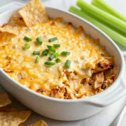 - 2 cups cooked shredded chicken - 1/2 cup cream cheese, softened - 1/2 cup sour cream - 1/2 cup buffalo sauce (adjust for desired heat) - 1/2 cup ranch dressing - 1 cup shredded cheddar cheese - 1/4 cup green onions, sliced - Tortilla chips or celery sticks for serving - For extra heat, add more buffalo sauce. - Swap cheddar for pepper jack cheese for a spicy kick. - Use Greek yogurt instead of sour cream for a tangy twist. - Mix in some diced jalapeños for extra flavor. Use fresh, high-quality chicken for the best taste. Shredding your own chicken can make a big difference. Choose full-fat cream cheese and sour cream for creaminess. Always pick a buffalo sauce you enjoy, as it sets the dip's flavor. Fresh green onions add a nice crunch and color. If you want great cheddar, look for sharp or aged varieties for more depth. {{ingredient_image_1}} To make Buffalo Ranch Chicken Dip, you need to gather your ingredients. You will need cooked shredded chicken, cream cheese, sour cream, buffalo sauce, ranch dressing, cheddar cheese, and green onions. This dip comes together quickly, so be ready to mix and bake! 1. Preheat the Oven: Set your oven to 350°F (175°C). This prepares it for baking. 2. Mix the Base: In a large bowl, combine the softened cream cheese, sour cream, buffalo sauce, and ranch dressing. I recommend using a hand mixer or whisk to make it nice and smooth. 3. Add the Chicken and Cheese: Stir in the shredded chicken and half of the cheddar cheese. Mix until everything is well blended. 4. Transfer to Dish: Pour the mixture into an oven-safe dish. Spread it out evenly with a spatula. 5. Top It Off: Sprinkle the remaining cheddar cheese and sliced green onions over the top. This adds flavor and looks great. 6. Bake: Place the dish in the oven and bake for 20-25 minutes. You want the dip to bubble and the cheese to melt to a nice golden color. 7. Cool Before Serving: Once done, take the dip out of the oven. Let it cool for a few minutes before you dig in. Serve the dip warm. I suggest pairing it with tortilla chips or crispy celery sticks. These provide a nice crunch to balance the creamy dip. For an extra pop of color, add more green onions on top right before serving. Enjoy the burst of flavors! To change the heat in your Buffalo Ranch Chicken Dip, vary the buffalo sauce. If you like it hot, use more sauce. If you want it mild, add less. You can also mix in a bit of honey to balance the heat. This gives a nice sweet taste that works well with the spice. A creamy dip is key. Start with softened cream cheese for easy mixing. Use a hand mixer or whisk for a smooth blend. Mix the cream cheese, sour cream, and ranch dressing well. This step helps avoid lumps. Stir in the chicken gently to keep it fluffy. When mixing, make sure all ingredients are combined well. This ensures every bite is full of flavor. Use an oven-safe dish that spreads the dip evenly. Bake until the cheese is melted and bubbly. Let it cool for a few minutes after baking. This makes it easier to dip and enjoy. Pro Tips Adjust the Heat: Modify the amount of buffalo sauce based on your heat preference. Start with less and add more until you find the perfect balance for your taste. Make Ahead: This dip can be prepared in advance and stored in the fridge. Just bake it when you’re ready to serve for a quick and easy appetizer! Cheese Variations: Feel free to experiment with different types of cheese, such as pepper jack for extra spice or mozzarella for a milder flavor. Serving Suggestions: For a healthier option, serve this dip with vegetable sticks like carrots or bell peppers in addition to tortilla chips. {{image_2}} You can swap out the chicken for many other proteins. Try shredded turkey for a lighter taste. Ground beef or sausage adds a hearty bite. If you want more flavor, use rotisserie chicken. Just shred it and mix it in. Each option brings its own twist to the dip. Want to change the heat level? Adjust the amount of buffalo sauce. For a mild dip, start with less sauce. You can also use a milder sauce. If you love heat, add more sauce or include diced jalapeños. This way, you can make it fit your crowd's taste. Making a vegan version is easy. Use shredded jackfruit or tempeh in place of chicken. Swap the cream cheese and sour cream for vegan versions. Look for dairy-free ranch dressing and buffalo sauce. These changes keep the dip tasty while fitting plant-based diets. After enjoying your Buffalo Ranch Chicken Dip, store any leftovers right away. Place the dip in an airtight container. This keeps it fresh and tasty. Make sure you cover it well to avoid drying out. Leftovers can stay in the fridge for up to three days. If you want to keep them longer, freezing is a great option. When you’re ready to enjoy the dip again, reheating is easy. If it’s in the fridge, just take it out and let it sit for a few minutes. Then, place it in a microwave-safe dish. Heat it in the microwave for about one to two minutes. Stir it halfway to ensure even heating. If you prefer the oven, preheat it to 350°F (175°C). Bake the dip for about 10-15 minutes until it's hot and bubbly. Freezing your Buffalo Ranch Chicken Dip is a smart move. First, let the dip cool completely. Then, transfer it to a freezer-safe container. Seal it tightly to prevent freezer burn. You can freeze it for up to three months. When you’re ready to eat it, thaw it in the fridge overnight. Then, follow the reheating instructions to warm it back up. This way, you can enjoy this flavorful dip anytime! You can serve this dip with many tasty options. Here are some great ideas: - Tortilla chips - Celery sticks - Carrot sticks - Pita bread - Crackers These choices add crunch and freshness. I like to use celery sticks for a crisp bite. They also balance the dip’s creamy texture. Yes, you can make this dip ahead of time. Prepare the dip and store it in the fridge. Just cover it well. You can bake it later when you need it. This dip tastes great warm, so baking just before serving works best. To make the dip less spicy, use less buffalo sauce. Start with a quarter cup. You can also mix in more sour cream or cream cheese. This will cool down the heat. Try adding a bit of extra ranch dressing too. These steps help keep the flavor while lowering the spice. In this blog post, I covered everything you need for a great Buffalo Ranch Chicken Dip. We talked about the best ingredients and how to pick quality ones. You now have clear steps to follow for prep and cooking. I gave you tips for spice levels and texture. Plus, you learned variations and storage info. Remember, the key is to adjust to your taste. Enjoy making your dip perfect for any occasion!