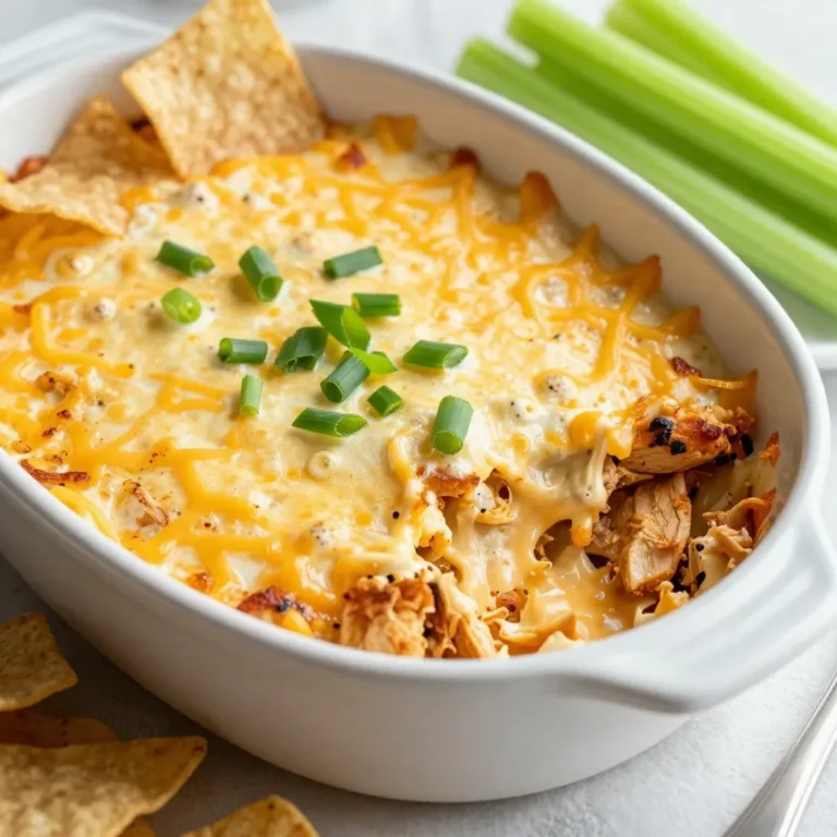 - 2 cups cooked shredded chicken - 1/2 cup cream cheese, softened - 1/2 cup sour cream - 1/2 cup buffalo sauce (adjust for desired heat) - 1/2 cup ranch dressing - 1 cup shredded cheddar cheese - 1/4 cup green onions, sliced - Tortilla chips or celery sticks for serving - For extra heat, add more buffalo sauce. - Swap cheddar for pepper jack cheese for a spicy kick. - Use Greek yogurt instead of sour cream for a tangy twist. - Mix in some diced jalapeños for extra flavor. Use fresh, high-quality chicken for the best taste. Shredding your own chicken can make a big difference. Choose full-fat cream cheese and sour cream for creaminess. Always pick a buffalo sauce you enjoy, as it sets the dip's flavor. Fresh green onions add a nice crunch and color. If you want great cheddar, look for sharp or aged varieties for more depth. {{ingredient_image_1}} To make Buffalo Ranch Chicken Dip, you need to gather your ingredients. You will need cooked shredded chicken, cream cheese, sour cream, buffalo sauce, ranch dressing, cheddar cheese, and green onions. This dip comes together quickly, so be ready to mix and bake! 1. Preheat the Oven: Set your oven to 350°F (175°C). This prepares it for baking. 2. Mix the Base: In a large bowl, combine the softened cream cheese, sour cream, buffalo sauce, and ranch dressing. I recommend using a hand mixer or whisk to make it nice and smooth. 3. Add the Chicken and Cheese: Stir in the shredded chicken and half of the cheddar cheese. Mix until everything is well blended. 4. Transfer to Dish: Pour the mixture into an oven-safe dish. Spread it out evenly with a spatula. 5. Top It Off: Sprinkle the remaining cheddar cheese and sliced green onions over the top. This adds flavor and looks great. 6. Bake: Place the dish in the oven and bake for 20-25 minutes. You want the dip to bubble and the cheese to melt to a nice golden color. 7. Cool Before Serving: Once done, take the dip out of the oven. Let it cool for a few minutes before you dig in. Serve the dip warm. I suggest pairing it with tortilla chips or crispy celery sticks. These provide a nice crunch to balance the creamy dip. For an extra pop of color, add more green onions on top right before serving. Enjoy the burst of flavors! To change the heat in your Buffalo Ranch Chicken Dip, vary the buffalo sauce. If you like it hot, use more sauce. If you want it mild, add less. You can also mix in a bit of honey to balance the heat. This gives a nice sweet taste that works well with the spice. A creamy dip is key. Start with softened cream cheese for easy mixing. Use a hand mixer or whisk for a smooth blend. Mix the cream cheese, sour cream, and ranch dressing well. This step helps avoid lumps. Stir in the chicken gently to keep it fluffy. When mixing, make sure all ingredients are combined well. This ensures every bite is full of flavor. Use an oven-safe dish that spreads the dip evenly. Bake until the cheese is melted and bubbly. Let it cool for a few minutes after baking. This makes it easier to dip and enjoy. Pro Tips Adjust the Heat: Modify the amount of buffalo sauce based on your heat preference. Start with less and add more until you find the perfect balance for your taste. Make Ahead: This dip can be prepared in advance and stored in the fridge. Just bake it when you’re ready to serve for a quick and easy appetizer! Cheese Variations: Feel free to experiment with different types of cheese, such as pepper jack for extra spice or mozzarella for a milder flavor. Serving Suggestions: For a healthier option, serve this dip with vegetable sticks like carrots or bell peppers in addition to tortilla chips. {{image_2}} You can swap out the chicken for many other proteins. Try shredded turkey for a lighter taste. Ground beef or sausage adds a hearty bite. If you want more flavor, use rotisserie chicken. Just shred it and mix it in. Each option brings its own twist to the dip. Want to change the heat level? Adjust the amount of buffalo sauce. For a mild dip, start with less sauce. You can also use a milder sauce. If you love heat, add more sauce or include diced jalapeños. This way, you can make it fit your crowd's taste. Making a vegan version is easy. Use shredded jackfruit or tempeh in place of chicken. Swap the cream cheese and sour cream for vegan versions. Look for dairy-free ranch dressing and buffalo sauce. These changes keep the dip tasty while fitting plant-based diets. After enjoying your Buffalo Ranch Chicken Dip, store any leftovers right away. Place the dip in an airtight container. This keeps it fresh and tasty. Make sure you cover it well to avoid drying out. Leftovers can stay in the fridge for up to three days. If you want to keep them longer, freezing is a great option. When you’re ready to enjoy the dip again, reheating is easy. If it’s in the fridge, just take it out and let it sit for a few minutes. Then, place it in a microwave-safe dish. Heat it in the microwave for about one to two minutes. Stir it halfway to ensure even heating. If you prefer the oven, preheat it to 350°F (175°C). Bake the dip for about 10-15 minutes until it's hot and bubbly. Freezing your Buffalo Ranch Chicken Dip is a smart move. First, let the dip cool completely. Then, transfer it to a freezer-safe container. Seal it tightly to prevent freezer burn. You can freeze it for up to three months. When you’re ready to eat it, thaw it in the fridge overnight. Then, follow the reheating instructions to warm it back up. This way, you can enjoy this flavorful dip anytime! You can serve this dip with many tasty options. Here are some great ideas: - Tortilla chips - Celery sticks - Carrot sticks - Pita bread - Crackers These choices add crunch and freshness. I like to use celery sticks for a crisp bite. They also balance the dip’s creamy texture. Yes, you can make this dip ahead of time. Prepare the dip and store it in the fridge. Just cover it well. You can bake it later when you need it. This dip tastes great warm, so baking just before serving works best. To make the dip less spicy, use less buffalo sauce. Start with a quarter cup. You can also mix in more sour cream or cream cheese. This will cool down the heat. Try adding a bit of extra ranch dressing too. These steps help keep the flavor while lowering the spice. In this blog post, I covered everything you need for a great Buffalo Ranch Chicken Dip. We talked about the best ingredients and how to pick quality ones. You now have clear steps to follow for prep and cooking. I gave you tips for spice levels and texture. Plus, you learned variations and storage info. Remember, the key is to adjust to your taste. Enjoy making your dip perfect for any occasion!