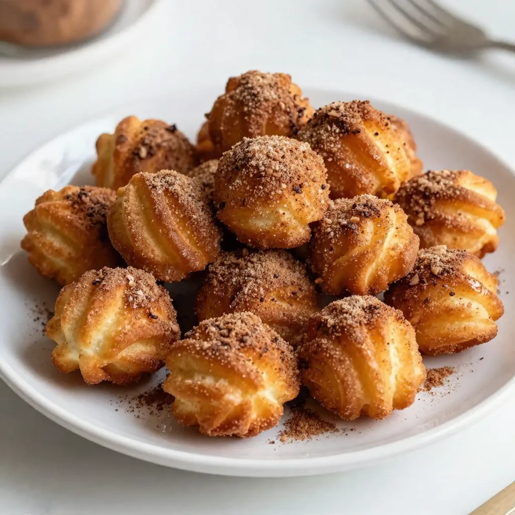 - 1 cup all-purpose flour - 1 tablespoon granulated sugar - 1/2 teaspoon baking powder - 1/4 teaspoon salt - 1/2 cup water - 2 tablespoons unsalted butter - 1/2 teaspoon vanilla extract - 1 tablespoon ground cinnamon - Oil for frying - 1/4 cup granulated sugar (for coating) - 1 tablespoon ground cinnamon Gathering the right ingredients is key to making perfect churro bites. The essential ingredients include all-purpose flour, which gives the churros their structure. Granulated sugar adds just the right amount of sweetness. Baking powder helps them puff up nicely. A little salt balances the flavors. Next, you need additional ingredients like water, unsalted butter, and vanilla extract for flavor. The butter adds richness, while the vanilla gives a warm taste. Ground cinnamon is a must; it adds that classic churro flavor. Finally, have oil ready for frying. The oil must be hot for crispy bites. Don’t forget the coating! You will need more granulated sugar and ground cinnamon. This mixture is what gives churro bites that sweet, spicy finish. Each bite will be a delightful treat! {{ingredient_image_1}} 1. In a medium saucepan, combine water, butter, and vanilla extract. Heat over medium heat until the butter melts completely. This will create a rich base for your dough. 2. In a separate bowl, mix together the flour, granulated sugar, baking powder, and salt. This step ensures even distribution of dry ingredients. 3. Gradually add the flour mixture to the butter mixture. Stir continuously until a dough forms and pulls away from the sides of the pan. The dough should be thick and smooth. 1. Remove the dough from the heat and let it cool slightly for about 5 minutes. This makes it easier to handle. 2. Transfer the dough to a piping bag fitted with a star tip. If you don’t have one, use a zip-top bag with the corner snipped off. 3. In a large, deep skillet or pot, heat oil over medium-high heat to about 350°F (175°C). This is the perfect temperature for frying. 4. Carefully pipe small, bite-sized pieces of dough into the hot oil. Cut them with scissors into 1-inch lengths. Fry in batches to avoid overcrowding the pot. 5. Fry until golden brown and crispy, which takes about 2-3 minutes. Keep a close eye on them to prevent burning. 1. Using a slotted spoon, remove the churro bites and drain them on paper towels. This absorbs excess oil, keeping them light. 2. In a small bowl, mix together the sugar and ground cinnamon for the coating. 3. While the churro bites are still warm, roll them in the cinnamon sugar mixture until fully coated. This adds a sweet and spicy crunch. 4. Serve warm and enjoy your delightful bite-sized churros! Consider pairing them with chocolate sauce for dipping or a scoop of ice cream for an extra treat. - Overheating the oil: Keep the oil at about 350°F (175°C). If it's too hot, the churros burn outside but stay raw inside. Use a thermometer for accuracy. - Under-mixing the dough: Mix until the dough pulls away from the pan. If it’s too crumbly, your churros won’t hold shape when frying. - Ideal dough consistency: The dough should be smooth and slightly sticky. If it is too dry, add a tiny bit of water. If too wet, sprinkle in a bit of flour. - Frying tips for crispiness: Fry in small batches. This keeps the temperature steady and ensures even cooking. Flip them halfway for a golden brown finish on all sides. - Adding extra spices: Consider mixing in a pinch of nutmeg or cardamom for a warm twist. A dash of cocoa powder can give a chocolatey note, too. - Serving suggestions: Pair churro bites with chocolate sauce or caramel for dipping. A scoop of ice cream on the side elevates this snack to dessert status. Pro Tips Use Fresh Ingredients: Always opt for fresh butter and high-quality vanilla extract to enhance the flavor of your churro bites. Monitor Oil Temperature: Keep an eye on the oil temperature; too hot will burn the churros, while too cool will make them greasy. Roll in Cinnamon Sugar While Warm: Coat the churro bites in cinnamon sugar immediately after frying while they are still warm for better adherence. Experiment with Flavors: Try adding a pinch of nutmeg or cardamom to the dough for a unique twist on the classic cinnamon flavor. {{image_2}} You can change up your churro bites in fun ways. One great option is chocolate churro bites. Just add cocoa powder to the dough. This makes them rich and sweet. You can also try adding nutmeg or other spices. A pinch of nutmeg gives a warm flavor. Experiment with flavors to find your favorite! These churro bites pair perfectly with dips. Try chocolate sauce or caramel for a sweet touch. You can also serve churro bites with ice cream. The warm churros and cold ice cream make a great mix. Feel free to get creative with your toppings, too! If you want a lighter version, try baking instead of frying. This way, you cut down on oil and calories. You can also use alternative sweeteners. Think about using honey or agave syrup for a sweet taste. These options can make your churro bites a bit healthier while still being tasty! To keep your churro bites fresh, store them in an airtight container. This helps prevent them from getting soggy. If you have leftovers, they can last about 1-2 days at room temperature. For longer freshness, consider refrigeration. Churro bites can stay good in the fridge for up to a week. To reheat churro bites, use an oven or an air fryer. Preheat your oven to 350°F (175°C). Place the churro bites on a baking sheet. Heat them for about 5-7 minutes until warm and crispy. If using an air fryer, set it to 350°F and heat for about 3-5 minutes. This method keeps them crunchy and tasty. You can freeze churro bites for later enjoyment. To freeze, first let them cool completely. Then, place them in a single layer on a baking sheet. Freeze them for about an hour. Once frozen, transfer them to a freezer bag or container. They can last up to 2 months in the freezer. For thawing, place them in the fridge overnight or reheat them directly from frozen. Cinnamon sugar churro bites stay fresh for about two days. Store them in an airtight container at room temperature. Avoid the fridge, as it can make them soggy. For the best taste, enjoy them fresh. Yes, you can make the dough ahead of time. Prepare the dough and place it in a sealed bag. Keep it in the fridge for up to 24 hours. When ready, let it warm up slightly before piping. Churro bites pair well with many dips. Consider chocolate sauce or caramel for dipping. You can also serve them with whipped cream or ice cream. These options add a delicious twist to your snack time. Churro bites are fun and easy to make with simple ingredients. You learned about the dough, frying tips, and how to coat them. Remember to avoid common mistakes for the perfect texture. You can also try flavor variations and healthier methods. Store your churro bites properly for fresh treats later. Enjoy pairing them with dips or desserts. Now it’s your turn to make these delicious bites and share them with friends!