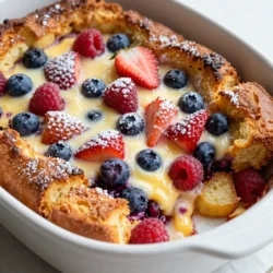 - 1 loaf brioche bread, cut into 1-inch cubes - 2 cups mixed berries (strawberries, blueberries, raspberries) - 6 large eggs - 2 cups milk - 1/2 cup heavy cream - 1/4 cup maple syrup - 1 teaspoon vanilla extract - 1 teaspoon ground cinnamon - 1/4 teaspoon nutmeg - 1/4 teaspoon salt The main ingredients in this Berry Brioche French Toast Casserole create a rich and tasty dish. I love using brioche bread. It is soft and fluffy, which makes it perfect for soaking up the egg mixture. The mixed berries add a pop of color and sweetness. Strawberries, blueberries, and raspberries bring great flavor. The egg and dairy mixture ties everything together. The eggs give structure, while milk and cream add creaminess. I also add maple syrup for sweetness and vanilla for a nice aroma. Ground cinnamon and nutmeg bring warmth and spice. Lastly, a pinch of salt balances the flavors. - Maple syrup - Ground spices While the casserole is delicious as is, optional ingredients can enhance it. You can drizzle extra maple syrup on top when serving. It adds a nice touch of sweetness. You can also consider adding ground spices like more cinnamon or even cardamom for a different flavor. These small tweaks can make your casserole unique and special. {{ingredient_image_1}} First, preheat your oven to 350°F (175°C). While it heats, lightly grease a 9x13-inch baking dish. This helps the casserole not stick. Next, gather a large bowl for mixing. In this bowl, combine 6 large eggs, 2 cups of milk, and 1/2 cup of heavy cream. Add 1/4 cup of maple syrup for sweetness. Then, include 1 teaspoon of vanilla extract, 1 teaspoon of ground cinnamon, 1/4 teaspoon of nutmeg, and 1/4 teaspoon of salt. Whisk the mixture well until everything blends together. Now, it’s time to soak the brioche cubes. Take 1 loaf of brioche bread, cut into 1-inch cubes, and add them to the egg mixture. Make sure all the pieces are soaked well. Let it sit for about 10 minutes. This step is key for a soft texture. After soaking, gently fold in 2 cups of mixed berries. I like to use strawberries, blueberries, and raspberries for a mix of flavors. Ensure the berries are evenly distributed throughout the brioche. Pour the entire mixture into your prepared baking dish. Spread it out evenly. This helps it bake evenly and ensures every bite is delicious. Place the dish in the preheated oven. Bake for 35-40 minutes. You’ll know it's done when the top turns golden brown and a toothpick inserted in the center comes out clean. Once baked, remove it from the oven. Let it cool for 5-10 minutes before serving. This cooling time helps the casserole set. For a sweet finish, dust the top with powdered sugar before serving. Enjoy your Berry Brioche French Toast Casserole warm with a drizzle of maple syrup! To make a great berry brioche French toast casserole, even soaking is key. Start by cutting the brioche into 1-inch cubes. This size helps it soak up the egg mixture better. When you add the brioche to the egg mix, stir gently. Make sure every piece gets wet. Let it sit for about 10 minutes. This allows the brioche to absorb all flavors. To achieve that golden brown top, watch your baking time. Bake at 350°F (175°C) for 35-40 minutes. The top should look crisp and golden. A toothpick inserted in the center should come out clean. If it browns too fast, cover it with foil. This helps prevent burning while baking through. For presentation, dust the casserole with powdered sugar. This adds a lovely touch. Serve warm slices with a drizzle of maple syrup. Top with fresh berries for color and taste. You can even add whipped cream for extra indulgence. Pair this dish with beverages to enhance your meal. Fresh orange juice or a rich coffee works well. Both drinks complement the sweetness of the casserole. Enjoy your meal and impress your guests! Pro Tips Use Day-Old Brioche: Using slightly stale brioche bread helps it absorb the egg mixture better, resulting in a custard-like texture. Chill Before Baking: For even better results, let the assembled casserole chill in the refrigerator for a few hours or overnight before baking. This allows the flavors to meld beautifully. Mix Up the Berries: Feel free to use your favorite berries or even add other fruits like bananas or peaches for a unique twist on the classic recipe. Perfectly Dust with Powdered Sugar: Use a fine mesh sieve to dust powdered sugar evenly over the casserole just before serving for a professional touch. {{image_2}} You can swap out the mixed berries for other fruits. Apples, peaches, or bananas work great. Just make sure to chop them into small pieces. This way, they mix well with the brioche. In the summer, use fresh berries like strawberries or blueberries. In the fall, try pears or apples. Each fruit gives a new taste to the casserole. For added flavor, consider adding citrus zest. A bit of lemon or orange zest brightens the dish. You can also add flavored extracts like almond or coconut for depth. Incorporating nuts adds a nice crunch. Walnuts or pecans are excellent choices. You can also mix in chocolate chips for a sweet twist. Just fold them into the mixture before baking. To keep your Berry Brioche French Toast Casserole fresh, store it in the fridge. Place any leftovers in an airtight container. This will help maintain moisture and flavor. It should last about three to four days in the fridge. If you want to save it for longer, consider freezing. Cut the casserole into portions and wrap each piece tightly in plastic wrap. Then, place the wrapped portions in a freezer-safe bag. It can last up to three months in the freezer. When it's time to enjoy your leftovers, you can reheat the casserole easily. If you prefer the oven, preheat it to 350°F (175°C). Place the casserole in a baking dish and cover it with foil. Heat for about 20-25 minutes or until warm. If you’re short on time, the microwave works too. Place a portion on a microwave-safe plate and cover it loosely with a paper towel. Heat on high for about 1-2 minutes, checking often. Both methods work well, but the oven helps keep the texture nice. Can I prepare this dish ahead of time? Yes, you can! To make this dish ahead, prepare it the night before. Follow all steps until you pour it into the baking dish. Cover it and place it in the fridge. In the morning, bake it as directed. This way, you save time and enjoy a warm breakfast. What can I use instead of brioche bread? You can use challah, croissants, or even sourdough. Just choose a bread that is soft and can soak up the egg mixture. Each bread gives a unique flavor and texture, keeping it fun and fresh. Why did my casserole turn out soggy? A soggy casserole often comes from too much liquid or not enough soaking time. Ensure you measure the milk and cream accurately. Let the brioche cubes soak long enough to absorb the mixture without being overly wet. How do I know when it's fully cooked? To check if it’s done, insert a toothpick in the center. If it comes out clean, it’s ready. The top should be golden brown. If it looks too soft or wet, give it a few more minutes in the oven. This blog post covered how to make a delicious berry brioche casserole. We discussed the main and optional ingredients, along with easy steps for preparation, assembly, and baking. I shared tips to perfect your dish and suggested some tasty variations. Lastly, we talked about storage and reheating options to enjoy leftovers. With these tips, you can create a delightful dish that impresses everyone. Happy cooking!