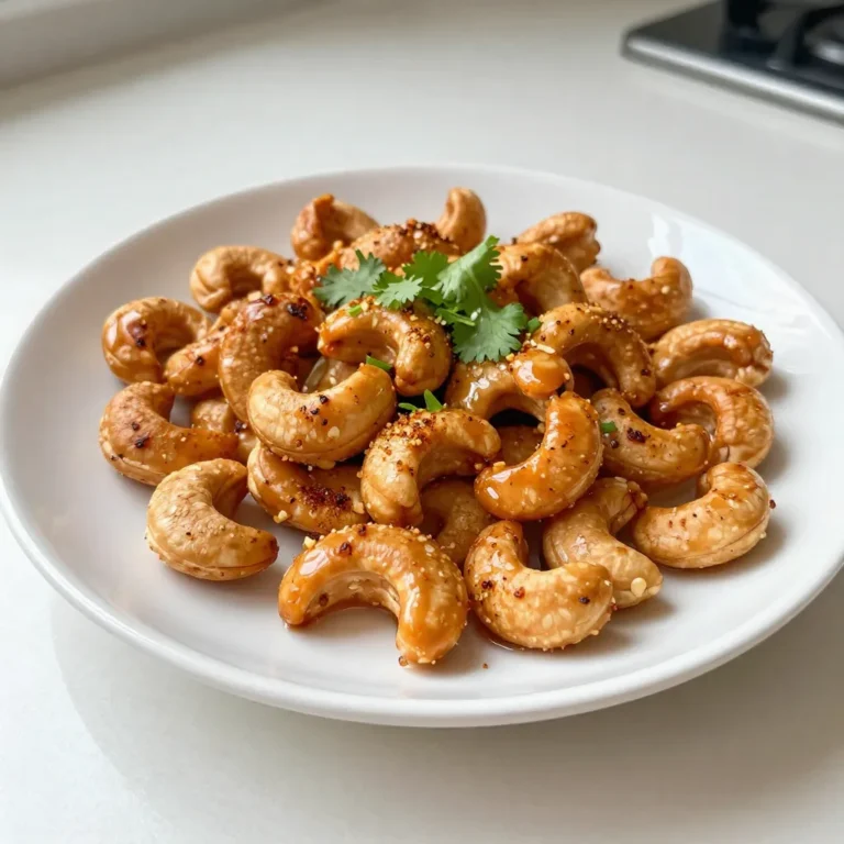 Creating Sriracha honey roasted cashews is simple. You need just a few key ingredients to whip up this delicious snack. Here’s what you will need: - 2 cups raw cashews - 2 tablespoons honey - 1 tablespoon Sriracha sauce - 1 tablespoon olive oil - 1 teaspoon garlic powder - 1 teaspoon smoked paprika - 1/2 teaspoon salt - 1/4 teaspoon black pepper - Optional: chopped cilantro for garnish Each ingredient plays a role in the bold flavor explosion of this dish. Raw cashews provide the base with their crunchy texture. Honey adds a sweet touch, balancing the heat from Sriracha. The olive oil helps the glaze stick and enhances the roasting process. Garlic powder and smoked paprika give depth to the taste. Salt and black pepper amplify all the flavors, making each bite delightful. If you want to add a fresh twist, chopped cilantro works great as a garnish. This mix of flavors creates a snack that is both spicy and sweet. {{ingredient_image_1}} First, preheat your oven to 350°F (175°C). This step is key for roasting. Next, line a baking sheet with parchment paper. This helps with easy clean-up later. In a medium bowl, combine 2 tablespoons of honey and 1 tablespoon of Sriracha sauce. This mix gives the cashews their sweet and spicy kick. Now, add 1 tablespoon of olive oil, 1 teaspoon of garlic powder, 1 teaspoon of smoked paprika, 1/2 teaspoon of salt, and 1/4 teaspoon of black pepper. Stir until everything blends well. Add 2 cups of raw cashews to the bowl. Mix them well in the glaze. Make sure each cashew gets a nice, even coat. This ensures every bite is full of flavor. Spread the coated cashews in a single layer on the baking sheet. Bake them for 15 to 20 minutes. Stir halfway through for even roasting. Watch closely in the last few minutes. You don’t want them to burn. Once they are golden brown and smell great, take them out of the oven. Let the cashews cool on the baking sheet. If you want, top them with chopped cilantro for a fresh twist. This adds color and flavor before you enjoy them! To get the best roast on your cashews, keep a close eye on them. The oven can be tricky. Set a timer for 15 minutes, but check them often. Stir the cashews halfway through the baking time. This helps them roast evenly. If you skip stirring, some nuts may burn while others stay raw. Watch them closely in the last few minutes. They can go from perfect to burnt quickly! Want more heat? Add extra Sriracha sauce. If you like it milder, reduce the Sriracha by half. You can also try other hot sauces for a twist. For sweetness, swap honey with maple syrup or agave nectar. Each sweetener will change the flavor a bit. Experiment to find your favorite mix! Store your Sriracha honey roasted cashews at room temperature. Use an airtight container to keep them fresh. They last about a week this way. For an extra flavor boost, try adding spices like cayenne pepper or chili powder. This adds a new layer of heat and taste. If you want to enjoy them later, freezing is an option. Just remember to let them cool completely before storing! Pro Tips Tip 1: Use fresh cashews for the best flavor and crunch. Stale nuts can affect the overall taste of your roasted cashews. Tip 2: Adjust the Sriracha to your spice preference. If you like it spicier, feel free to add more Sriracha, but remember to balance it with honey. Tip 3: Let the cashews cool completely on the baking sheet. This will help them crisp up even more as they cool. Tip 4: Experiment with other spices! Adding a pinch of cayenne or some chili powder can enhance the flavor profile of your roasted cashews. {{image_2}} You can make Sriracha honey roasted cashews even better by adding nuts and seeds. Consider mixing in almonds, pecans, or pumpkin seeds. These add crunch and flavor. You can also try different hot sauces. If you want more heat, use a spicier sauce like chili garlic. For a milder option, try a sweet chili sauce. Each sauce changes the taste, making it fun to experiment. If you're looking for gluten-free options, you’re in luck! All the ingredients are naturally gluten-free. Just check labels to be sure. For vegan alternatives, swap honey for maple syrup or agave nectar. This keeps the sweet flavor while making it plant-based. These small changes keep the dish tasty for everyone. When serving, put your cashews in a bowl or on a platter. Garnish with chopped cilantro for color and extra flavor. You could also add lime wedges for a zesty touch. Pair these cashews with beverages like iced tea or craft beer. They make a great snack for parties or game days. To keep your Sriracha honey roasted cashews fresh, store them in an airtight container. This helps lock in flavors and crunch. You can keep them at room temperature for up to one week. Make sure to place the container in a cool, dark spot, away from heat and sunlight. If you want to enjoy these cashews longer, consider freezing them. Place the cooled cashews in a freezer-safe bag or container. They can last for about three months in the freezer. When you’re ready to eat them, just take out the desired amount and let them thaw at room temperature. To keep that perfect crunch after freezing, avoid reheating them in the microwave. Instead, spread the cashews on a baking sheet and pop them in a preheated oven at 350°F (175°C) for about 5-10 minutes. This brings back their crispy texture, making every bite delicious! Sriracha honey roasted cashews are a tasty snack. They combine sweet honey and spicy Sriracha sauce. This mix gives cashews a bold flavor. The garlic powder and smoked paprika add depth. When baked, they become crunchy and fragrant. This dish is perfect for parties or movie nights. Yes, you can make these cashews ahead of time. They store well in an airtight container. Let them cool completely before storing. This keeps them crunchy and tasty. You can make a big batch for events or snacks. Just remember to watch the baking time closely. You can find pre-made Sriracha honey roasted cashews at many grocery stores. Look in the snack aisle or bulk section. Online retailers also sell these tasty treats. Brands may vary, so check reviews to find a good one. These cashews pair well with many snacks. Serve them with cheese and crackers for a fun mix. They also go great with fresh veggies and dip. Try adding them to salads for a crunchy twist. Enjoy them with a cold drink or beer too! Sriracha honey roasted cashews are a tasty snack that’s easy to make. We covered the key ingredients, like cashews, honey, and spicy seasonings. You learned how to bake them to perfection and explored tips for storage and variations. Making these cashews lets you play with flavors and enjoy a fun treat. Try them at parties or as a snack. Your next great snacking adventure begins here! Enjoy your delicious creation and share it with friends.