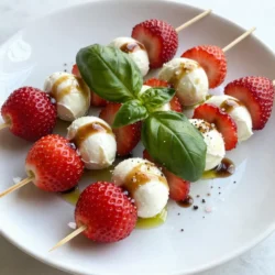 You need 1 pint of fresh strawberries. Make sure they are ripe and sweet. Rinse them well and remove the green tops. Fresh strawberries add a bright taste to the skewers. They bring natural sweetness and a lovely color. Grab 8 ounces of fresh mozzarella balls, or bocconcini. If they are larger than cherry tomatoes, slice them in half. These cheese balls are creamy and soft. They balance the flavors of the strawberries and basil. Use 1 cup of fresh basil leaves. Look for vibrant green leaves without brown spots. Basil has a strong, sweet aroma. It adds a refreshing taste that pairs well with the fruit and cheese. You will need 2 tablespoons of balsamic glaze and 1 tablespoon of extra virgin olive oil. The balsamic glaze adds a sweet tang, while olive oil brings a smooth richness. Also, have pink Himalayan salt and freshly cracked black pepper on hand. These enhance the flavors of the dish. Use 8-10 inch skewers for this recipe. Wooden or metal skewers work well. They hold all the ingredients together and make them easy to serve. Make sure they are sturdy enough for the strawberries and mozzarella. {{ingredient_image_1}} Start by washing the strawberries and basil leaves under cold water. Make sure to hull the strawberries first. Use a paper towel to dry both the strawberries and the basil. If your mozzarella balls are large, cut them in half. This helps them fit better on the skewers. You want each piece to be similar in size for a nice look. Grab your skewers and begin to build your tasty treat. First, slide one strawberry onto the skewer. Next, add a basil leaf. Then, follow with a mozzarella ball. Keep repeating this pattern until the skewer is filled. Aim for three sets of strawberry, basil, and mozzarella on each skewer. Leave a bit of space at the end for easy handling. Once your skewers are ready, place them on a serving platter. Drizzle balsamic glaze and olive oil evenly over the skewers. This adds flavor and a nice shine. Lightly sprinkle pink Himalayan salt and freshly cracked black pepper on top. Let the skewers sit for about 10 minutes. This waiting time helps the flavors mix and taste even better. Enjoy your fresh Strawberry Basil Mozzarella Skewers! To make amazing strawberry basil mozzarella skewers, fresh ingredients matter. Start with ripe strawberries. Look for bright red ones without bruises. They should feel firm yet slightly soft when you press them. Next, choose fresh mozzarella balls, known as bocconcini. They should be creamy and have a mild taste. For basil, select vibrant green leaves. Avoid any leaves that look wilted or brown. Using high-quality balsamic glaze adds sweetness and depth. Extra virgin olive oil gives a nice richness. Lastly, use pink Himalayan salt for a gentle crunch and flavor boost. To save time, gather all your ingredients first. Have your skewers ready on a clean surface. Start by threading one strawberry onto the skewer. Next, add a basil leaf and then a mozzarella ball. Repeat this pattern. Aim for three sets of each ingredient. Leave a little room at the end of the skewer. This makes it easier to handle. If you want, you can prepare the skewers ahead of time. Just store them in the fridge until you’re ready to serve. To bring out the best flavors, let the skewers sit for a bit after you assemble them. This helps the flavors mix. Drizzle balsamic glaze and olive oil evenly over the skewers. Add a light sprinkle of pink Himalayan salt and black pepper. This adds a savory touch. If you like a little heat, try adding a pinch of red pepper flakes. Fresh herbs like mint or cilantro can also add a twist. Experiment to find your favorite flavor combinations! Pro Tips Use Fresh Ingredients: Always opt for the freshest strawberries, mozzarella, and basil for the best flavor and texture in your skewers. Alternate Flavors: Experiment with different herbs like mint or thyme to give your skewers a unique twist. Chill Before Serving: Refrigerating the skewers for about 30 minutes before serving enhances the flavors and makes them refreshing. Presentation Matters: Arrange the skewers in a visually appealing way on the platter, and consider garnishing with extra basil leaves or a drizzle of balsamic for a pop of color. {{image_2}} You can mix things up with these skewers. Try different fruits like blueberries or peaches. They add unique flavors. For cheese, use feta or goat cheese. These cheeses bring a tangy twist. If you want a vegan option, use marinated tofu instead of mozzarella. You can also swap fresh basil with mint or arugula for a new taste. To change the flavor, play with seasonings. Instead of balsamic glaze, drizzle honey or a citrus vinaigrette. This adds a sweet touch. You could also sprinkle some chili flakes for heat. A touch of lemon zest brightens the dish too. Fresh herbs like thyme or oregano also work well. Presentation matters! Stack skewers in jars for a fun look. You can also lay them flat on a plate, creating a colorful pattern. For parties, try making mini skewers with cherry tomatoes for a bite-sized treat. Arrange them on a wooden board for a rustic feel. This makes them eye-catching and appetizing. You can store your strawberry basil mozzarella skewers in the fridge. Place them in an airtight container. They stay fresh for about two days. If you see any moisture, use a paper towel to absorb it. This helps keep the flavors bright and fresh. For long-term storage, I recommend freezing the skewers. However, they may lose some texture. Wrap each skewer in plastic wrap. Then, place them in a freezer-safe bag. They can last up to three months this way. When you are ready to eat, thaw them in the fridge overnight. To revive leftover skewers, let them sit at room temperature for about 15 minutes. This helps bring back some of the flavors. If they seem dry, drizzle a bit of olive oil or balsamic glaze before serving. This little step can make a big difference! Enjoy them as a quick snack or light meal. Yes, you can use other fruits. Some great options are peaches, pineapple, or grapes. These fruits add a sweet touch. Each fruit will change the flavor a bit, so pick what you like best. Fresh mozzarella balls, known as bocconcini, work best. They are soft and creamy. You can slice larger mozzarella into smaller pieces if needed. This keeps the size uniform for easy skewering. You can prepare these skewers up to four hours ahead. Just keep them in the fridge. The balsamic glaze should be added just before serving. This keeps the flavors fresh and vibrant. Yes, you can make these skewers vegan. Replace mozzarella with vegan cheese or tofu. Ensure the balsamic glaze is vegan-friendly too. This way, everyone can enjoy the skewers! In this blog post, we explored creating delicious skewers with fresh strawberries, mozzarella, and basil. I shared easy steps to prepare, assemble, and serve them. You learned ways to choose the best ingredients and enhance flavors. We also looked at fun variations and storage tips. You can easily adapt this recipe for any gathering. Enjoy making these tasty bites that everyone will love! Your creativity can turn simple ingredients into a delightful dish.