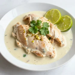 To make creamy coconut lime chicken, gather these ingredients: - 4 boneless, skinless chicken breasts - 1 can (13.5 oz) coconut milk - 1/4 cup fresh lime juice (about 2 limes) - 2 tablespoons lime zest - 3 cloves garlic, minced - 1 tablespoon ginger, grated - 1 tablespoon honey - 1 tablespoon olive oil - Salt and pepper to taste - 1 teaspoon ground cumin - Fresh cilantro, for garnish - Lime wedges, for serving You will need some basic kitchen tools: - A large skillet - A mixing bowl - A whisk - A measuring cup - A measuring spoon - A cutting board - A knife Try these extras to boost flavor: - Red pepper flakes for heat - Fresh herbs like basil or mint - A splash of soy sauce for depth - Chopped green onions for a fresh touch {{ingredient_image_1}} To start, you need to marinate the chicken. In a bowl, mix the coconut milk, lime juice, lime zest, minced garlic, grated ginger, honey, ground cumin, salt, and pepper. Whisk it all together until smooth. This mix adds flavor and helps the chicken stay juicy. Place the chicken breasts in the bowl. Make sure they are well coated. Cover the bowl and refrigerate it for at least 30 minutes. If you have time, marinate for up to 4 hours. This helps the flavors soak in even more. Next, heat olive oil in a large skillet over medium heat. Take the chicken out of the marinade, but save the marinade for later. Place the chicken in the hot skillet. Cook the chicken for about 6-7 minutes on each side. You want it to be golden brown and fully cooked. The chicken should reach an internal temperature of 165°F. Once done, remove the chicken from the skillet and set it aside. This keeps the chicken warm while you make the sauce. Now it is time to make the creamy sauce. In the same skillet, pour in the reserved marinade. Turn the heat to medium and bring it to a simmer. Stir the sauce from time to time. Let it cook for about 5-7 minutes. This helps the sauce thicken up nicely. The aroma will fill your kitchen with a delightful scent. Finally, return the cooked chicken to the skillet. Spoon the creamy sauce over the chicken. Cook for an additional 2-3 minutes, making sure the chicken is heated through. The sauce should coat the chicken well. Transfer the chicken to a serving platter. Drizzle any leftover sauce on top and garnish with fresh cilantro. Serve with lime wedges for an extra zesty kick. Enjoy your creamy coconut lime chicken! To get the best flavor, marinate your chicken. Use the coconut milk, lime juice, lime zest, garlic, ginger, honey, cumin, salt, and pepper. Whisk these well and let the chicken soak for 30 minutes or up to 4 hours. This lets the chicken soak up those tasty flavors. For tender chicken, do not overcook it. Cook on medium heat for 6-7 minutes on each side. Make sure the internal temperature reaches 165°F. Letting the chicken rest after cooking helps keep it juicy. Serve this dish with lime wedges for a zesty kick. It goes great with rice or quinoa to soak up the sauce. A fresh salad or roasted veggies add crunch and color. You can also sprinkle fresh cilantro on top for a bright finish. Pro Tips Marinate for Maximum Flavor: The longer you marinate the chicken, the more flavorful it will be. Aim for at least 1 hour, but if you have time, let it marinate overnight for the best results. Use Fresh Ingredients: Always opt for fresh lime juice and zest, as they provide a vibrant flavor that bottled alternatives can't match. Freshly minced garlic and grated ginger will also enhance the dish's aroma and taste. Check Chicken Temperature: To ensure perfectly cooked chicken, use a meat thermometer. The internal temperature should reach 165°F (74°C) for safe consumption. Adjust Spice Level: If you prefer more heat, consider adding a pinch of red pepper flakes or a dash of hot sauce to the marinade for an extra kick. {{image_2}} You can make this dish fit many diets. For a dairy-free option, use coconut milk. It gives the same creamy texture without dairy. If you need a gluten-free dish, check the labels on your ingredients. Honey is usually safe, but always verify. You can also swap out the honey for maple syrup if you want a vegan option. These swaps keep the dish tasty and friendly for most diets. Chicken is great, but you can try other proteins. Shrimp or tofu work well in this recipe. If you choose shrimp, cook for about 4-5 minutes until pink. For tofu, use firm tofu and cube it. Sauté it until golden brown. Each protein adds its unique flavor, so feel free to experiment. Spice it up with different herbs and spices. Add chili flakes for heat or smoked paprika for a smoky taste. Fresh herbs like basil or mint can replace cilantro for a new twist. You can even add a splash of soy sauce for umami. Each change can create a new dish, so have fun and trust your taste! After you finish eating, let the chicken cool down first. Place it in an airtight container. This helps keep the chicken fresh. Store it in the fridge. It stays good for up to three days. If you want to keep it longer, consider freezing it. When you are ready to eat the leftovers, take them out of the fridge. You can reheat the chicken in a skillet. Heat it on medium until warm. Add a splash of water or coconut milk if it seems dry. This keeps it creamy and tasty. You can also reheat it in the microwave. Use a microwave-safe dish and cover it. Heat for one to two minutes, checking often. If you decide to freeze the chicken, place it in a freezer-safe bag. Remove as much air as you can to prevent freezer burn. This meal can last up to three months in the freezer. When you are ready to eat it, let it thaw in the fridge overnight. Reheat and enjoy! You can pair creamy coconut lime chicken with rice or quinoa. Both help soak up the sauce. Steamed veggies or a fresh salad add crunch and color. A light cucumber salad will also work well. Yes, you can prepare this dish ahead of time. Marinate the chicken and store it in the fridge. Cook the chicken just before serving. The sauce can also be made in advance and reheated. Check the chicken’s internal temperature with a meat thermometer. It should reach 165°F. If you cut into it, the meat should be white and juices clear. Avoid any pinkness to ensure it’s cooked fully. Coconut milk has healthy fats and can be part of a balanced diet. It’s rich in vitamins and minerals. However, it is high in calories, so use it in moderation. This blog post detailed how to make creamy coconut lime chicken. We discussed the needed ingredients, equipment, and optional flavors. I provided clear steps to marinate, cook, and make the sauce. You learned tips for tasty chicken and serving ideas. Variations showed how to adapt for diets and preferences. Lastly, I gave storage tips so your leftovers stay fresh. Now, you can create a delicious dish that everyone will enjoy. Happy cooking!