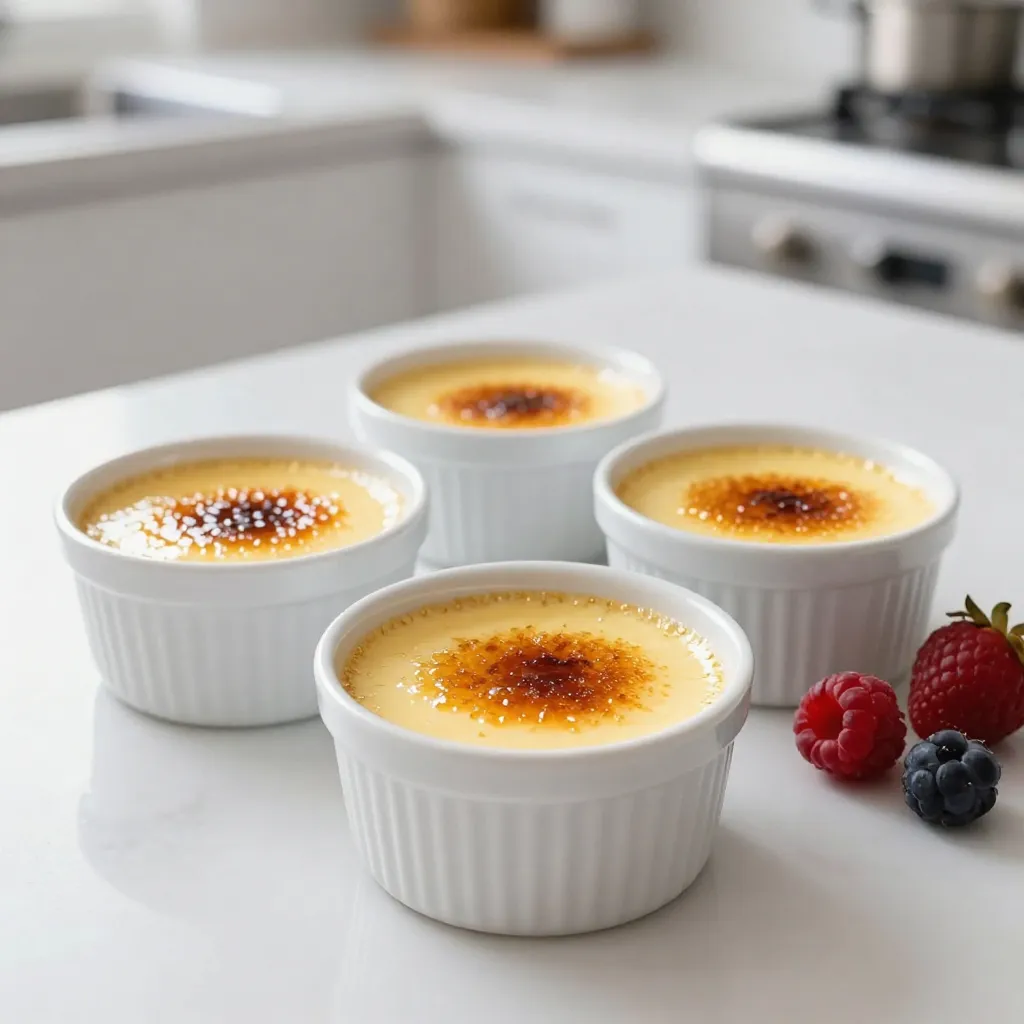 - 2 cups heavy cream - 1 vanilla bean (or 2 teaspoons pure vanilla extract) - 5 large egg yolks - 1/2 cup granulated sugar (plus extra for topping) - 1/4 teaspoon salt - Fresh berries for garnish (optional) To make a great Vanilla Bean Crème Brûlée, you need simple ingredients. Heavy cream gives it a rich flavor. The vanilla bean adds a lovely scent. Egg yolks make it creamy and smooth. Sugar sweetens the dish. A pinch of salt balances the flavors. You can use fresh berries to add color and taste on top. - Fresh berries (like raspberries or strawberries) - Mint leaves for a pop of color - Edible flowers for a fancy touch Garnishes give your dessert a nice finish. Fresh berries add tartness. Mint leaves add freshness. Edible flowers look beautiful and are safe to eat. They make your dish stand out. - Use coconut cream for a dairy-free option. - Substitute the vanilla bean with vanilla extract if needed. - Brown sugar can replace granulated sugar for a different flavor. You can make this recipe your own. Coconut cream works well for those avoiding dairy. If you can’t find a vanilla bean, vanilla extract is a good swap. Brown sugar gives a deeper taste and color. Feel free to get creative! {{ingredient_image_1}} 1. First, preheat your oven to 325°F (160°C). 2. In a saucepan, mix 2 cups of heavy cream with the seeds from the vanilla bean. If you don’t have a bean, use 2 teaspoons of pure vanilla extract. 3. Heat this mix over medium heat until it simmers. Stir it gently. 4. Once it simmers, remove it from heat and let it steep for 15 minutes. 5. In a bowl, whisk together 5 large egg yolks, 1/2 cup of granulated sugar, and 1/4 teaspoon of salt until smooth and light. 6. Slowly add the warm cream to the egg mix. Whisk as you pour to avoid curdling. 7. Strain this mixture through a fine mesh sieve into a large measuring cup. This removes lumps and the vanilla pod. 8. Pour the strained mix into 4 to 6 ramekins, filling them about 3/4 full. 1. Take a roasting pan and place the ramekins inside. 2. Carefully add hot water to the pan until it reaches halfway up the sides of the ramekins. 3. Bake in the preheated oven for 30 to 35 minutes. The edges should set, but the centers can still jiggle a bit. 4. After baking, remove the ramekins from the water bath. Let them cool to room temperature. 5. Once cooled, refrigerate them for at least 4 hours or overnight. 1. When ready to serve, sprinkle a thin layer of granulated sugar on top of each custard. 2. Use a kitchen torch to caramelize the sugar until it forms a golden crust. 3. If you don’t have a torch, place the ramekins under a broiler for a few minutes. Watch closely to avoid burning. 4. Let the sugar crust cool for a minute before serving. You can add fresh berries for a nice touch. To get a creamy texture, use fresh ingredients. Heavy cream is key for smoothness. When mixing, add the warm cream slowly. This helps avoid cooking the egg yolks. Strain the mixture to catch lumps for a silkier finish. Bake in a water bath to keep the heat gentle. This method ensures even cooking. For a richer flavor, use a whole vanilla bean. Scrape the seeds to release more aroma. You can also add a pinch of cinnamon or espresso powder for warmth. Try mixing in orange zest for a bright twist. Fresh berries not only add color but also a fresh taste. Don’t rush the cooling time. Let the custards cool fully before chilling. If you skip straining, you may have clumps in your dessert. Watch the baking closely; overcooked custard can become rubbery. Lastly, don’t burn the sugar when caramelizing. A torch gives the best control, but a broiler works too—just keep an eye on it! Pro Tips Choose Quality Vanilla: Using a high-quality vanilla bean will enhance the flavor of your crème brûlée, making it richer and more aromatic than using extract alone. Prevent Curdling: To prevent the egg yolks from curdling, make sure to add the warm cream gradually while whisking continuously. Perfect Water Bath: Ensure that the water bath reaches halfway up the sides of the ramekins for even cooking, which helps maintain the creamy texture. Cooling Time Matters: Allowing the crème brûlée to chill for at least 4 hours, or overnight, ensures a perfect set and enhances the flavors. {{image_2}} You can change the flavor of your crème brûlée easily. Here are some ideas: - Chocolate: Add 4 ounces of melted dark chocolate to the cream. - Coffee: Use brewed coffee instead of some cream. - Citrus: Add the zest of an orange or lemon for a fresh twist. These flavors mix well with the creamy base. Each bite will surprise you with new tastes. How you serve your crème brûlée matters. Ramekins come in many styles. Choose colorful or unique shapes to stand out. You can also layer the crème brûlée with fruits or sauces in clear glasses. This adds flair and shows off the layers. Garnish with herbs or edible flowers for a pop of color. You can make this dessert fit different diets. For a dairy-free option, use coconut cream instead of heavy cream. Use a plant-based milk for a lighter version. For those avoiding eggs, try using silken tofu blended until smooth. You can still get a creamy texture that everyone will enjoy. After you make your vanilla bean crème brûlée, store it in the fridge. Cover each ramekin with plastic wrap to keep it fresh. This helps the custard stay creamy and tasty. If you have extra sugar on top, it can get soft. So, try not to cover those. Enjoy your leftovers within a few days for the best taste. You don't usually heat crème brûlée again. The heat can change its smooth texture. If you must, take off the sugar crust first. Warm it gently in the oven at a low setting, like 300°F (150°C), for about 10 minutes. Watch it closely to avoid cooking it too much. Once warm, add fresh sugar on top and caramelize again. Vanilla bean crème brûlée can last in the fridge for about 3 to 4 days. If you keep it longer, the flavor may fade. I recommend eating it sooner for the best experience. If you freeze it, it can last a month. But, the texture may change after thawing. Always check for any signs of spoilage before enjoying it again. Vanilla Bean Crème Brûlée can last up to four days in the fridge. Store it in an airtight container for best results. The longer it sits, the softer the sugar crust may get. I recommend enjoying it fresh for the best texture. Yes, you can make this dessert a day in advance. Prepare the custards and chill them overnight. This allows the flavors to blend nicely. Just remember to caramelize the sugar right before serving. This keeps the crust crisp and delicious. If you don't have a kitchen torch, you can use your oven's broiler. Sprinkle sugar on top of the custard, then place it under the broiler. Watch closely, as sugar can burn fast. It usually takes just a few minutes to turn golden brown. Remove it when it looks perfect and let it cool before serving. This blog post covered how to make the perfect Crème Brûlée. We looked at key ingredients, step-by-step instructions, and tips for great results. You learned about variations, storing leftovers, and answered some common questions. Making this treat can seem tricky, but with practice, you can master it. Remember, the right texture and flavors make all the difference. Enjoy your delicious creation!